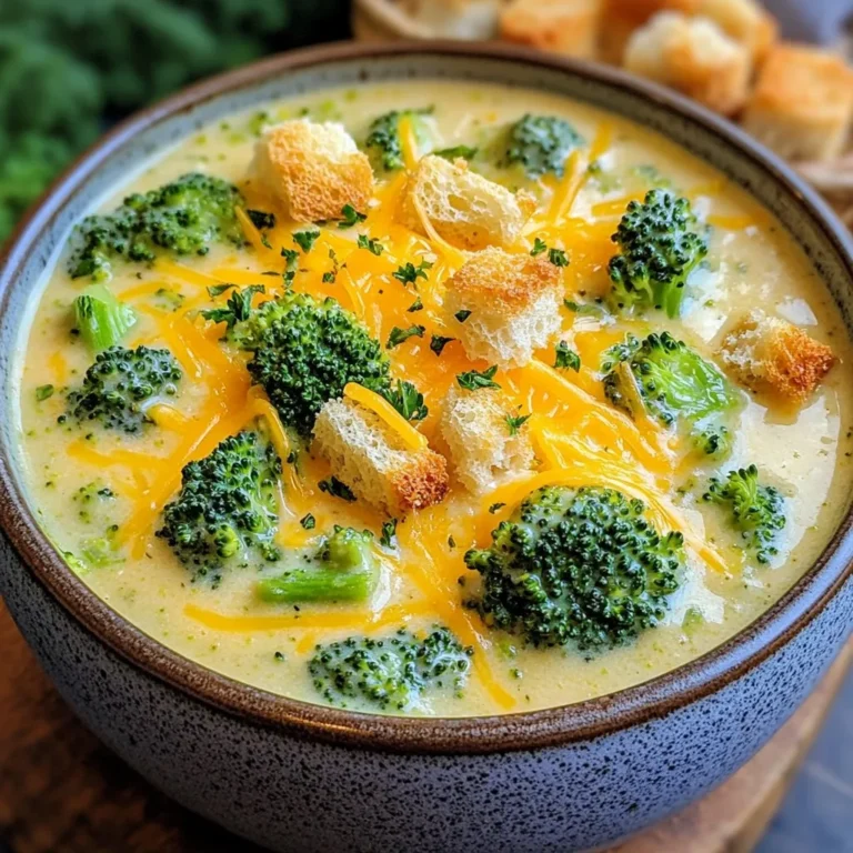 For this creamy broccoli cheddar soup, you need: - 2 cups fresh broccoli florets - 1 cup carrots, diced - 1 medium onion, chopped - 2 cloves garlic, minced These fresh ingredients give the soup a wonderful taste and texture. Broccoli brings a slight crunch, while carrots add a touch of sweetness. The onion and garlic enhance the flavor, making each spoonful rich and comforting. - 4 cups vegetable broth - 1 cup heavy cream or coconut cream for a lighter version You can choose vegetable broth for a rich base. Heavy cream adds depth and creaminess, while coconut cream gives a lighter, dairy-free option. Both create a velvety soup that feels indulgent without being heavy. - 1 teaspoon Dijon mustard - 1 tablespoon olive oil - Salt and pepper to taste - Optional: Croutons and fresh herbs for garnish Dijon mustard adds a hint of tanginess. Olive oil enhances the flavors of the soup. Salt and pepper bring everything together. For a fun touch, add croutons or fresh herbs on top. They make the dish look great and add extra crunch. {{ingredient_image_1}} 1. Sautéing onions and garlic In a large pot, heat 1 tablespoon of olive oil over medium heat. Add 1 medium chopped onion. Sauté for about 3-4 minutes. The onion should look soft and clear. Next, add 2 minced garlic cloves. Cook for 1 more minute until it smells great. 2. Cooking broccoli and carrots Now, add 1 cup of diced carrots and 2 cups of fresh broccoli florets to the pot. Stir them well. Cook for about 5 minutes, stirring often. The veggies should begin to soften. 1. Adding broth and boiling Pour in 4 cups of vegetable broth. Bring this mixture to a boil. Once it bubbles, lower the heat. 2. Simmering for tenderness Let the soup simmer for about 15 minutes. This helps the broccoli and carrots become tender and flavorful. 1. Pureeing the soup Take the pot off the heat. Use an immersion blender to puree the soup until smooth. If you don’t have one, carefully transfer the soup to a blender. Blend it in batches if needed. 2. Incorporating cream and cheese Put the soup back on low heat. Stir in 1 cup of heavy cream and 2 cups of shredded sharp cheddar cheese. Mix until the cheese is fully melted. Add 1 teaspoon of Dijon mustard, salt, and pepper to taste. Stir well to combine. To make your soup creamy, choose a rich cream. Heavy cream gives the best texture. If you want a lighter version, use coconut cream instead. Both options work well. For blending, an immersion blender is great. It keeps the soup in one pot. If you use a standard blender, do it in batches. Let the steam escape to avoid spills. Blend until smooth for that perfect creamy finish. Want to kick up the taste? Try adding spices like cayenne or paprika. A little goes a long way! You can also add nutmeg for warmth. To balance flavors, taste as you go. If the soup is too rich, add more broth or a splash of lemon juice. This adds brightness and cuts through the creaminess. Pair your soup with crusty bread or a fresh salad. These sides complement the soup well. For a fun twist, top the soup with croutons or crispy bacon. It adds crunch and flavor. When serving, use a deep bowl for that cozy feel. Garnish with fresh herbs for a pop of color and freshness. Your soup will look as good as it tastes! Pro Tips Choose Fresh Ingredients: Always opt for fresh broccoli and carrots for the best flavor and nutrition. Frozen vegetables can be used in a pinch, but fresh will yield a brighter taste. Blend to Your Preference: For a chunky soup, blend only half of the mixture and leave the rest as is. This adds texture while still providing a creamy base. Experiment with Cheeses: While sharp cheddar gives a great flavor, feel free to mix in other cheeses like Gruyère or Monterey Jack for a unique twist. Garnish for Extra Flavor: Adding croutons or fresh herbs not only enhances the presentation but also adds a delightful crunch and fresh taste to each bowl. {{image_2}} To make this soup fit your needs, consider these ideas. For a gluten-free option, ensure your broth is gluten-free. Most vegetable broths are safe, so check labels. You can still enjoy this soup without gluten. If you want a vegan version, swap the heavy cream for coconut cream. Use a dairy-free cheese that melts well. Nutritional yeast can add a nice cheesy flavor. It’s a great way to keep the taste while staying plant-based. You can add more veggies to boost nutrients. Try adding spinach or kale for a pop of color. Zucchini or peas can also be tasty choices. You can use any seasonal vegetables you like. In the fall, add sweet potatoes for extra sweetness. Mixing in seasonal veggies can change the flavor profile. Fresh asparagus in spring or roasted corn in summer can make this dish exciting. Be sure to chop them small so they cook evenly. For those avoiding dairy, look for non-dairy cheese options. Brands like Daiya or Violife offer good choices that melt. They come in various flavors to suit your taste. If you want to try different cheese types, go for Gruyère or Gouda. They add a rich, nutty flavor to the soup. Mixing cheeses can create a unique taste that's all your own. Store leftover soup in an airtight container. Make sure it cools down first. This helps keep the soup fresh. It will stay good in the fridge for 3 to 4 days. When you reheat, warm it over low heat. Stir often to prevent sticking. If you prefer, you can use the microwave. Heat in short bursts, stirring between each. To freeze your soup, let it cool completely. Pour it into freezer-safe containers. Leave some space at the top. The soup will expand as it freezes. This soup can last up to 3 months in the freezer. Thaw frozen soup in the fridge overnight. This method is safe and simple. You can also use the microwave on the defrost setting. Once thawed, reheat as you would fresh soup. Remember to stir well as it heats. Enjoy your creamy broccoli cheddar soup anytime! You can add spices like crushed red pepper flakes or cayenne pepper. Start with a pinch and taste as you go. A dash of hot sauce can also add heat. For more flavor, try adding diced jalapeños. They bring heat and a nice crunch. Yes, you can use frozen broccoli. Just make sure to thaw and drain it first. Frozen broccoli cooks faster, so reduce the cooking time. Add it when the carrots are almost tender. This keeps the texture nice. - Croutons for crunch - Fresh herbs like parsley or chives - Extra shredded cheddar for richness - A drizzle of olive oil for flavor You can also try adding bacon bits or a dollop of sour cream for creaminess. These toppings add texture and flavor to the soup. To make more servings, simply double the recipe. Use 4 cups of broccoli and 2 cups of carrots. Increase the broth to 8 cups and the cream to 2 cups. This way, everyone can enjoy this creamy delight! In this blog post, we explored how to make a delicious Broccoli Cheddar Soup. You learned about key ingredients like fresh veggies and different cream options. We covered step-by-step instructions for cooking and blending. I shared tips for perfect creaminess and flavor enhancements. You also saw variations to fit specific diets and how to store leftovers. Remember, cooking is about fun and creativity. Use this recipe as a guide, and let your taste buds lead. Enjoy your soup!