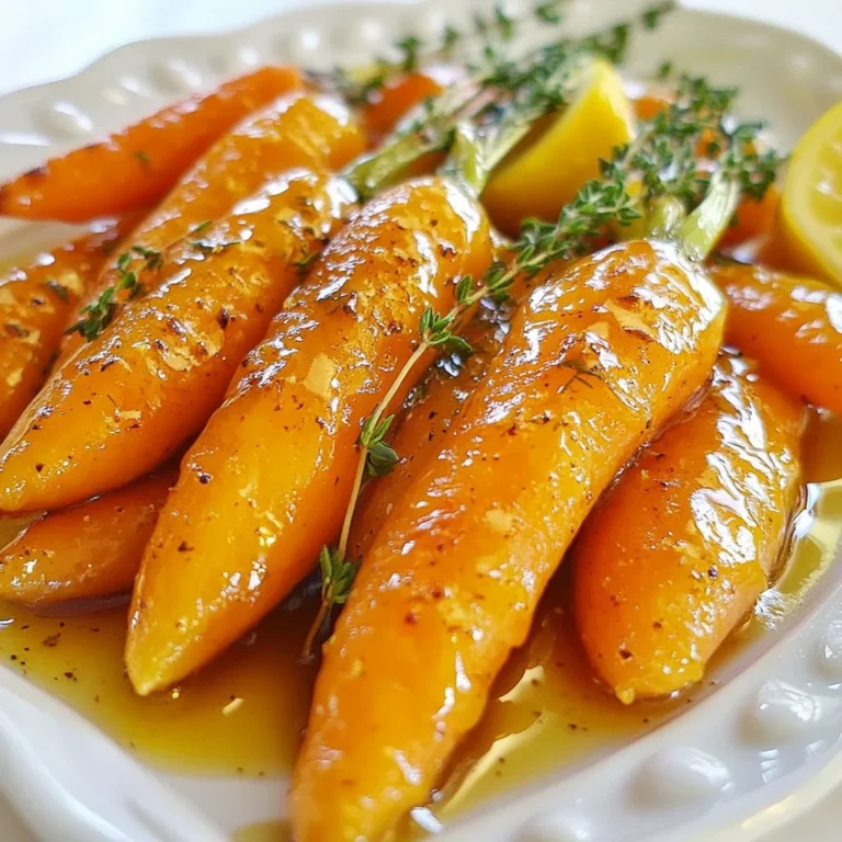 To make maple glazed carrots, gather these items: - 1 lb baby carrots (or large carrots, cut into sticks) - 3 tablespoons pure maple syrup - 2 tablespoons unsalted butter - 1 teaspoon fresh thyme leaves (or ½ teaspoon dried thyme) - Salt and pepper to taste - Optional: 1 tablespoon lemon juice for brightness You can swap some items if needed: - Use honey instead of maple syrup for a different sweet taste. - Olive oil can replace unsalted butter for a dairy-free option. - If you lack fresh thyme, try other herbs like parsley or dill. To make your carrots even tastier, consider these add-ins: - Add a pinch of cayenne pepper for some heat. - Toss in a handful of chopped nuts for crunch. - Try a splash of orange juice for a fruity twist. {{ingredient_image_1}} Start by preparing the carrots. If you use large carrots, peel them first. Then cut them into even sticks or rounds. This helps them cook evenly. If you have baby carrots, just rinse them under cold water and set them aside. The key is to have uniform sizes for even cooking. Next, we blanch the carrots. In a large pot, bring salted water to a boil. Once the water is bubbling, add the carrots. Blanch them for about 5-7 minutes. You want them slightly tender but still crisp. Once done, drain the carrots and set them aside. This step brightens their color and keeps them crunchy. Now, let’s make the maple glaze. In a large skillet, melt 2 tablespoons of unsalted butter over medium heat. Once the butter melts, stir in 3 tablespoons of pure maple syrup. Add 1 teaspoon of fresh thyme leaves, salt, and pepper. Let this mixture bubble gently for 2-3 minutes. This thickens the glaze and enhances the flavors. Time to glaze the carrots! Add the blanched carrots to the skillet. Toss them gently to coat all sides in the maple glaze. Cook for an additional 5-7 minutes. Stir occasionally until the carrots are tender and the glaze looks glossy. This step melds all the flavors together, making every bite delicious. Once your carrots are glazed, it’s time to serve! Transfer them to a serving dish. Make sure they are well-coated with the glaze. For a fun presentation, arrange them in a circular pattern. Drizzle any leftover glaze over the top. You can also garnish with fresh thyme sprigs for a pop of color. Enjoy your sweet and savory maple glazed carrots! To get the best maple glaze, start with pure maple syrup. It gives a rich, sweet taste. Melt butter in a skillet over medium heat. Once melted, mix in the maple syrup. Stir in fresh thyme, salt, and pepper. Let the blend bubble gently for a few minutes. This thickens the glaze. A thicker glaze clings better to the carrots. Cooking times depend on the size of your carrots. Baby carrots need less time to cook. Blanch them for about 5-7 minutes. If you use large carrots, cut them into even sticks. This helps them cook evenly. They may need 7-10 minutes of blanching. Always check for that slight crunch before moving on to the next step. You can make glazed carrots ahead of time. Cook them fully, then cool them down. Store them in an airtight container in the fridge. When ready to eat, simply reheat in a skillet. Add a splash of water or more maple syrup to keep them moist. Heat on low until warmed through. This keeps them tasty and fresh. Pro Tips Choose the Right Carrots: Opt for fresh, vibrant baby carrots for a tender bite or use large carrots for a heartier texture, ensuring uniform size for even cooking. Perfectly Blanched: Blanching the carrots before glazing helps retain their bright color and crispness, making for a more visually appealing dish. Control the Sweetness: Adjust the amount of maple syrup to your taste preference. For a more savory profile, reduce the syrup slightly and enhance the thyme flavor. Garnish for Effect: Adding a sprinkle of additional thyme or a few toasted nuts can elevate the presentation and add texture to your dish. {{image_2}} You can change the herbs to fit your taste. Thyme gives a nice earthy flavor. If you like a stronger taste, try rosemary. Just use one teaspoon of fresh rosemary or half that if using dried. You can also mix herbs. This can add depth to your dish. For a kick, add some spice. A pinch of cayenne pepper brings heat. If you prefer warmth, try fresh ginger. Grate a little ginger for a fresh zing. Start with a small amount. You can always add more, but you can't take it out! While maple syrup is sweet and rich, other sweeteners work too. Honey can add a floral touch. Brown sugar gives a deep, caramel flavor. You can even try agave syrup for a lighter sweetness. Each sweetener changes the glaze, so have fun experimenting! To store maple glazed carrots, let them cool first. Then, place them in an airtight container. Keep the container in the fridge. The carrots can last about three to four days. Make sure the container is sealed tight to keep them fresh. When you’re ready to eat the leftovers, you can reheat them easily. Place the carrots in a skillet over low heat. Add a splash of water or extra maple syrup to help them heat up. Stir gently until they are hot. This way, they stay tasty and do not dry out. You can also use a microwave. Just put them in a bowl, cover it, and heat for one to two minutes. You can freeze maple glazed carrots if you want to save them longer. Start by blanching the carrots as you did before. Let them cool completely. Then, pack them in a freezer-safe bag. Make sure to remove excess air before sealing. They can last up to three months in the freezer. When you’re ready to use them, thaw in the fridge overnight and reheat as mentioned above. Yes, you can use other vegetables! Maple glaze works well with sweet potatoes, parsnips, or Brussels sprouts. Just cut them into similar sizes as the carrots. This helps them cook evenly. The sweet and savory taste of the glaze enhances these veggies too. You might need to adjust the cooking time based on the vegetable. Make sure they are tender but still crisp for the best texture. To make this recipe vegan, swap the butter for coconut oil or vegan butter. Both options melt well and keep the rich flavor. The maple syrup is already vegan, so you’re all set there. You can also enhance the taste by adding a pinch of smoked salt. This adds a nice depth to the dish. Enjoy your maple glazed carrots in a vegan way! Maple glazed carrots pair nicely with many dishes. They go great with roasted chicken or pork. Their sweetness complements savory meats perfectly. You can also serve them with quinoa or rice for a veggie-filled meal. Pairing them with a fresh salad adds a nice crunch. These carrots also shine at holiday dinners or as a side for a family gathering. We explored how to make delicious maple glazed carrots. You learned the right ingredients, easy steps, and helpful tips. Consider various ways to customize this dish. Remember, the glaze can work for other veggies too. Store leftovers properly for future meals, and reheating is simple. Have fun trying this recipe and making it your own! Enjoy the sweet and savory flavors that will enhance any meal.