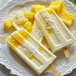 - 2 ripe pineapples, peeled and chopped - 1 can (13.5 oz) coconut milk - 1/4 cup honey or maple syrup - 1/2 cup coconut flakes (unsweetened) - 1 teaspoon vanilla extract - Pinch of salt To start, chop the pineapples into small pieces. This makes it easy to blend. Measure one can of coconut milk. I usually use full-fat coconut milk for the best flavor. Next, get your sweetener ready. You can use honey or maple syrup. Adjust based on how sweet you want your popsicles. In a blender, combine the chopped pineapples, coconut milk, and sweetener. Add a pinch of salt and vanilla extract for extra flavor. Blend everything until smooth. Make sure the mixture has no lumps. After blending, taste it. If you want it sweeter, add more honey or maple syrup. Now, pour the blended mixture into popsicle molds. Leave a little space at the top. This helps them freeze well. Insert popsicle sticks into the molds. Freeze them for at least 4 to 6 hours. They need to be fully set. To release popsicles, run warm water over the molds for a few seconds. Then, gently pull them out. Enjoy your refreshing treat! {{ingredient_image_1}} You can change the sweetness of your popsicles to fit your taste. Start with the 1/4 cup of honey or maple syrup. After blending, taste the mix. If it needs more sweetness, add a little more honey or syrup. For a different sweet option, try agave nectar or stevia. These can give you a lighter flavor. To get a smooth blend, make sure your pineapples are ripe. Blend the mixture well until it is creamy. If you want to avoid ice crystals, freeze your popsicles in a flat layer. This helps them freeze evenly. You can also add a bit more coconut milk for creaminess. This will help keep the texture nice and smooth. To get the popsicles out easily, run warm water over the outside of the molds. Do this for about 5 seconds. This helps loosen them. Gently pull on the sticks to remove them. If they break, try letting them sit at room temperature for a minute. This can help them release without damage. You can add other fruits to your popsicles for extra flavor. Try berries, mango, or even kiwi. Each fruit gives a new twist. Blend them in with the pineapple. This makes your treat even more fun. You can also experiment with flavored coconut milk. Coconut milk comes in many varieties. Look for options like vanilla or chocolate. These flavors can change the whole taste. Mixing different coconut milks opens up a world of flavor. If you want to make it vegan, use maple syrup instead of honey. Maple syrup works great and keeps it sweet. You can also use coconut cream for a creamier texture. This keeps your popsicles rich and tasty. For gluten-free options, youβre in luck! All the ingredients are naturally gluten-free. Just make sure to check any added flavors for gluten. This way, everyone can enjoy these delicious pops. Serve your popsicles at a tropical-themed party. Use colorful plates or fun cups. Adding a straw can make it more exciting. Your guests will love the bright, festive look. Garnishing is key to making them special. You can add fresh fruit or herbs on top. Slices of lime or mint leaves add a nice touch. This makes the popsicles look fancy and inviting. Pro Tips Use Frozen Pineapple: For a thicker consistency and extra chill, consider using frozen pineapple chunks instead of fresh ones. Experiment with Flavors: Feel free to add other tropical fruits like mango or passionfruit to the base blend for more flavor variations. Layer Your Popsicles: For a visually stunning treat, layer the pineapple mixture with coconut milk in the molds before freezing. Storage Tips: Wrap each popsicle individually in plastic wrap to prevent freezer burn and maintain freshness. {{image_2}} To keep your pineapple coconut popsicles fresh, wrap them tightly in plastic wrap. This helps prevent freezer burn. You can also place them in freezer-safe bags. Be sure to remove as much air as possible before sealing. This keeps your popsicles tasty and prevents ice crystals from forming. You can store these popsicles for up to two months in the freezer. After that, they may lose flavor and texture. Signs of spoilage include an off smell or changes in color. If you notice these signs, itβs best to toss them out. When you want to enjoy a popsicle, thaw it in the fridge for about 10 minutes. This way, it softens just enough for easy eating. You can also run it under warm water for a quick thaw. If you have leftovers, itβs safe to refreeze them. Just make sure they donβt get too mushy during thawing. Enjoy your refreshing treat! Yes, you can use fresh coconut. However, it needs more work. You must blend the fresh coconut meat with water to get a creamy texture. This can give your popsicles a different taste and texture. Fresh coconut has a nutty flavor that adds a special twist. You will know the popsicles are ready after 4 to 6 hours in the freezer. Check by gently pulling a popsicle out of the mold. If it comes out clean and holds its shape, they are done. If it wobbles or feels soft, give it more time. You can use maple syrup instead of honey. Agave syrup is another good choice. Both options work well and keep the sweetness. Adjust the amount based on your taste. To make popsicles creamier, add more coconut milk. You can also blend in a banana. This adds creaminess and a nice flavor. Blending until smooth is key for the best texture. Pineapple coconut popsicles are great with drinks. Try serving them with smoothies. A mango or banana smoothie pairs well. The flavors blend nicely, giving a tropical vibe. You can also serve these popsicles with tropical desserts. Think coconut cake or fruit salad. The popsicles add a cool touch to warm desserts. These popsicles shine at summer parties. Guests love their fresh taste and bright colors. They are perfect for barbecues, beach days, or pool parties. Kids enjoy them at family gatherings too. They make any event feel like a celebration. Each popsicle has about 100 calories. They are a light treat for hot days. Pineapples are full of vitamin C. They help boost your immune system. Coconut milk adds healthy fats and creaminess. Honey or maple syrup gives a touch of sweetness while providing energy. Enjoy these popsicles as a tasty and healthy treat. We explored how to create delicious fruit popsicles using fresh ingredients like pineapples and coconut milk. You learned the steps for blending and freezing, plus tips for perfect texture and sweetness. Don't hesitate to vary flavors or make them vegan. Store your popsicles well and enjoy them at summer parties or family gatherings. With these techniques, you can impress your friends and enjoy a refreshing treat. Making popsicles can be fun and nutritious! Enjoy your tasty creations!