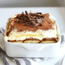 To make classic Italian tiramisu, gather these items: - 2 cups strong brewed coffee, cooled - 3 large egg yolks - 1/2 cup granulated sugar - 8 oz mascarpone cheese - 1 cup heavy cream - 1 teaspoon vanilla extract - 30 ladyfinger cookies - Unsweetened cocoa powder, for dusting - Dark chocolate shavings, for garnish (optional) The key to a great tiramisu lies in the quality of your ingredients. Choose strong brewed coffee for a rich flavor. I recommend using espresso for the best taste. The coffee should be cooled before use. Mascarpone cheese is another star ingredient. It adds creaminess and a slight tang. Look for fresh mascarpone from a trusted source. Heavy cream should be cold and fresh. It whips up better when cold, giving you that light, airy texture. Vanilla extract adds warmth, so use pure extract for the best taste. If you have allergies, some substitutions can help. For a dairy-free version, try coconut cream instead of heavy cream and mascarpone. You can also use gluten-free ladyfingers made from almond flour or another gluten-free blend. If you're avoiding eggs, there are egg-free mascarpone recipes available online. Adjust the sugar level based on your taste or use a sweetener of your choice. Always make sure to check labels for allergens. {{ingredient_image_1}} Start by brewing 2 cups of strong coffee. Let it cool completely. You can add sugar if you want. In a large bowl, whisk 3 egg yolks with 1/2 cup of sugar. Whisk until it gets pale and creamy, about 3 to 4 minutes. Then, add 8 ounces of mascarpone cheese and gently fold it in. Mix until it is smooth and well-combined. In another bowl, beat 1 cup of heavy cream with 1 teaspoon of vanilla. Whip it until you see stiff peaks. Now, carefully fold this whipped cream into your mascarpone mix. Whisking is key to making your dessert light and airy. Use a large bowl, and make sure your whisk is clean. When folding, use a spatula. Start from the bottom and lift the mixture gently. This keeps the air in and helps your tiramisu stay fluffy. Be slow and steady; you do not want to lose the air you just created. Take each ladyfinger and dip it quickly into the cooled coffee. Do not soak them too long; they should be moist but not soggy. In a 9x9 inch baking dish, lay down the soaked ladyfingers to cover the bottom. Spread half of your mascarpone mixture over them. Smooth it out evenly. Place another layer of dipped ladyfingers on top. Then, add the rest of the mascarpone mixture on this layer. Spread it out evenly again. Cover the dish with plastic wrap and refrigerate for at least 4 hours. For best results, let it chill overnight. Before serving, dust the top with cocoa powder and add dark chocolate shavings if you like. To get the best coffee soak, brew strong coffee. Use two cups for this. Let it cool completely before dipping the ladyfingers. If you want, add a bit of sugar while it’s warm. Dip each ladyfinger quickly, no more than a second. You want them moist but not soggy. If they soak too long, they will fall apart. This quick dip gives the right balance of coffee flavor and texture. To make fluffy whipped cream, start with cold heavy cream. Place it in a large bowl. Use a mixer on medium speed to beat the cream. Add the vanilla extract as you beat. Watch for stiff peaks to form. This means the cream is ready. Be gentle when folding it into the mascarpone mixture. Use a spatula and fold slowly. This keeps the air in the cream for that light and fluffy texture we love. When it comes to garnishing, cocoa powder is a must. Dust it generously on top just before serving. This adds a rich flavor and a beautiful look. If you like, add dark chocolate shavings for extra flair. These can make your tiramisu even prettier. Serve it chilled from the fridge for the best taste. Use a sharp knife to cut clean slices. This keeps the layers intact and makes for a nice presentation. Enjoy every bite of your delightful dessert! Pro Tips Use Fresh Coffee: Always brew your coffee fresh for the best flavor. The taste of the coffee significantly impacts the final dish. Quality Mascarpone: Opt for high-quality mascarpone cheese for a creamier texture and richer flavor in your tiramisu. Soak, Don’t Sog: Dip the ladyfingers quickly in coffee to avoid them becoming overly soggy, which can ruin the dessert's structure. Chill Overnight: For the best flavor and texture, refrigerate your tiramisu overnight. This allows the flavors to meld beautifully. {{image_2}} Tiramisu has a classic style. The base uses coffee, egg yolks, and mascarpone. I love sticking to the original for its rich flavors. But there are modern twists too. Some chefs add fruit or different creams. These changes can refresh the dish and surprise your taste buds. You can even mix in flavors like caramel or hazelnut. Each twist gives a new life to a beloved dessert. Flavor is key in tiramisu. The classic is coffee-flavored, but you can explore other options. Chocolate tiramisu is a favorite. You can mix cocoa into the mascarpone for a rich taste. Fruit-infused versions use berries or citrus. Imagine a strawberry tiramisu! You can layer fresh fruit and cream. Each variation offers a fun take on the classic, making it a dessert for everyone. Dietary needs can shape how we make tiramisu. For a vegan option, swap eggs and cream with coconut milk. Use vegan ladyfingers or a sponge cake. Gluten-free diets can enjoy tiramisu too. Use gluten-free ladyfingers or even almond flour cake. These adaptations keep the spirit of tiramisu alive while being mindful of health needs. Everyone should enjoy this dessert! To store leftover tiramisu, place it in an airtight container. Cover the dish tightly with plastic wrap if you do not have a container. This keeps the dessert fresh and moist. Avoid leaving it open, as it can dry out quickly. Leftover tiramisu stays good in the fridge for about 3 to 4 days. Make sure to check for any signs of spoilage before serving. If it smells off or changes color, it’s best to toss it. For the best taste, eat it within the first couple of days. You can freeze tiramisu for longer storage. Cut it into portions and wrap each piece tightly in plastic wrap. Place the wrapped pieces in a freezer-safe container. Tiramisu can last up to 2 months in the freezer. When ready to eat, let it thaw in the fridge overnight. Enjoy your delicious treat later! Yes, you can use instant coffee! Just mix it with hot water. This gives a good coffee flavor. However, using brewed coffee adds a richer taste. Instant coffee works in a pinch, but I prefer brewed coffee for depth. Traditional tiramisu uses raw eggs, while no-bake versions do not. The classic recipe has a rich, creamy texture from egg yolks. No-bake recipes often use whipped cream or pudding instead. Both are tasty, but the classic is more authentic and creamy. Tiramisu should not sit out for more than two hours. It has dairy products that can spoil. If the room is warm, keep it cool. Always refrigerate leftovers to keep it safe and tasty. This blog post shared how to make delicious tiramisu. We covered key ingredients and their quality. You learned about substitutions for common allergies too. I provided step-by-step instructions for great prep methods. Tips for whisking and layering helped you perfect your dish. The variations section opened up new flavor ideas. Finally, I explained how to store leftovers and answered common questions. Now, you have the tools to create this classic dessert. Enjoy experimenting with flavors and techniques!