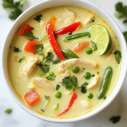 - Chicken and Broth Components - 1 lb boneless, skinless chicken thighs, diced - 4 cups chicken broth - 1 can (13.5 oz) coconut milk - Aromatics and Seasonings - 1 medium onion, finely chopped - 2 cloves garlic, minced - 1-inch piece of ginger, grated - 1 lime (zested and juiced) - 2 tablespoons fish sauce - 1 tablespoon brown sugar - 1 teaspoon red pepper flakes (adjust to taste) - Salt and pepper to taste - Vegetables and Garnishes - 1 red bell pepper, diced - 1 cup snap peas, trimmed - Fresh cilantro, for garnish The main stars of this soup are the chicken thighs, coconut milk, and broth. Chicken thighs are juicy and tender. The coconut milk gives a rich, creamy feel. The chicken broth adds depth to the flavors. For the aromatics, we use onion, garlic, and ginger. They bring warmth and a lovely fragrance. Lime zest and juice brighten up the dish, giving it a fresh taste. Fish sauce adds umami, while brown sugar balances the flavors. Red pepper flakes give a nice kick that you can adjust to your liking. The vegetables make it colorful and nutritious. Red bell pepper adds sweetness. Snap peas stay crisp and add a nice crunch. Finally, fresh cilantro on top makes the dish pop with flavor. Each ingredient plays a role in making this coconut lime chicken soup a delightful and tasty meal. {{ingredient_image_1}} Cooking the Chicken Start by heating a tablespoon of oil in a large pot over medium heat. Add the diced chicken thighs. Cook them for about 5 to 7 minutes until they are browned on all sides. This step builds flavor. Once done, remove the chicken from the pot and set it aside. Sautéing Aromatics In the same pot, add your chopped onion, minced garlic, and grated ginger. Cook for 3 to 4 minutes. You want the onion to be translucent and fragrant. This step adds depth to your soup. Combining Ingredients Next, pour in the coconut milk and chicken broth. Stir well to mix everything together. Add the lime juice and zest, fish sauce, brown sugar, and red pepper flakes. Bring this mixture to a gentle simmer. This is where the magic happens as the flavors meld together. Final Cooking Steps Return the browned chicken to the pot. Let it cook in the broth for about 10 minutes, uncovered. Then, add the diced red bell pepper and snap peas. Cook for another 5 minutes. You want the vegetables to be tender but still crisp. Finally, taste the soup and season with salt and pepper as needed. Adjust lime juice and red pepper flakes to suit your taste. Serve the soup hot, garnished with fresh cilantro. Enjoy your flavorful and simple Coconut Lime Chicken Soup! Ensuring Flavor Balance To make your coconut lime chicken soup taste great, balance is key. The sweet coconut milk needs the zesty lime. Adjust the lime juice to your taste. A little fish sauce adds depth. Taste as you go to find that perfect mix. Adjusting Spice Levels If you like heat, add more red pepper flakes. Start with a small amount. You can always add more if needed. For milder soup, skip the flakes or use less. Remember, spice affects the whole dish. Timing for Perfect Vegetables Add veggies like red bell peppers and snap peas last. This keeps them crisp and bright. Cook them just until tender, about five minutes. Overcooking makes them mushy. You want a nice bite in every spoonful. Pro Tips Use Fresh Ingredients: Fresh herbs and vegetables will enhance the flavor and overall quality of your soup. Adjust Spice Levels: Taste the soup as you go and adjust the red pepper flakes to suit your preference for heat. Let It Simmer: Allowing the soup to simmer longer can deepen the flavors, making it even more delicious. Garnish for Freshness: Adding fresh cilantro right before serving brightens the dish and adds a burst of flavor. {{image_2}} Vegetarian or Vegan Options You can make this soup without chicken. Use tofu or chickpeas instead. This change keeps the protein high. Use vegetable broth for a rich base. Also, swap fish sauce with soy sauce or tamari. Alternative Protein Choices If you prefer different meats, try shrimp or fish. Both cook quickly and add a nice taste. Just adjust cooking time to avoid overcooking. You can even use leftover roast chicken for a quick fix. Flavor Enhancements (Herbs & Spices) To add more flavor, think about fresh herbs. Basil, mint, or even Thai basil work well. You can also add lemongrass for a bright twist. Adjust red pepper flakes if you like more heat. Add a touch of curry powder for warmth. Don't be afraid to experiment with what you love! Refrigeration Guidelines After cooking, let your Coconut Lime Chicken Soup cool down. Transfer it to an airtight container. Store it in the fridge for up to three days. If you want to enjoy it later, make sure to keep it sealed. This keeps the flavors fresh. Freezing Instructions To freeze the soup, first cool it completely. Pour it into freezer-safe containers. Leave some space at the top because the soup will expand. You can freeze it for up to three months. When ready to eat, thaw it overnight in the fridge. Reheating Tips To reheat, you can use the stove or microwave. For stove reheating, pour the soup into a pot. Heat it on medium, stirring often until hot. If you use the microwave, heat it in short bursts. Stir in between to avoid hot spots. Always check the temperature before serving. Enjoy it warm! If you need a fish sauce substitute, use soy sauce or tamari. Both give a similar salty taste. If you want a more complex flavor, mix soy sauce with a bit of lime juice. This adds depth and keeps the dish bright. To make this soup spicier, add more red pepper flakes. Start with a little, then taste it. You can also use sliced fresh chili peppers for a fresh heat. Try jalapeños or Thai bird chilies to amp it up. Yes, you can use chicken breast instead of thighs. Chicken breast cooks faster, so check it early. Use the same cooking steps, but reduce the cooking time by a few minutes. Enjoy a leaner option while keeping the soup's flavor! In this blog post, we explored key ingredients for a delicious dish, from chicken to veggies. I shared step-by-step instructions to cook your meal perfectly. You learned tips for flavor balance and adjusted spice levels. We also discussed fun recipe variations to suit your taste. Finally, I covered important storage tips to keep your food fresh. With these insights, you can now create and enjoy tasty meals with ease and confidence.