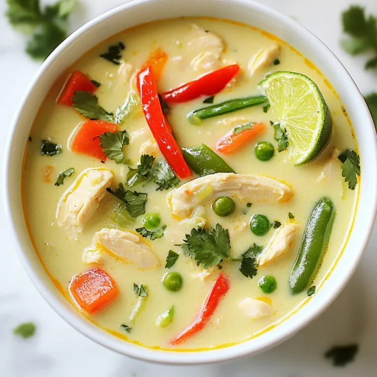 - Chicken and Broth Components - 1 lb boneless, skinless chicken thighs, diced - 4 cups chicken broth - 1 can (13.5 oz) coconut milk - Aromatics and Seasonings - 1 medium onion, finely chopped - 2 cloves garlic, minced - 1-inch piece of ginger, grated - 1 lime (zested and juiced) - 2 tablespoons fish sauce - 1 tablespoon brown sugar - 1 teaspoon red pepper flakes (adjust to taste) - Salt and pepper to taste - Vegetables and Garnishes - 1 red bell pepper, diced - 1 cup snap peas, trimmed - Fresh cilantro, for garnish The main stars of this soup are the chicken thighs, coconut milk, and broth. Chicken thighs are juicy and tender. The coconut milk gives a rich, creamy feel. The chicken broth adds depth to the flavors. For the aromatics, we use onion, garlic, and ginger. They bring warmth and a lovely fragrance. Lime zest and juice brighten up the dish, giving it a fresh taste. Fish sauce adds umami, while brown sugar balances the flavors. Red pepper flakes give a nice kick that you can adjust to your liking. The vegetables make it colorful and nutritious. Red bell pepper adds sweetness. Snap peas stay crisp and add a nice crunch. Finally, fresh cilantro on top makes the dish pop with flavor. Each ingredient plays a role in making this coconut lime chicken soup a delightful and tasty meal. {{ingredient_image_1}} Cooking the Chicken Start by heating a tablespoon of oil in a large pot over medium heat. Add the diced chicken thighs. Cook them for about 5 to 7 minutes until they are browned on all sides. This step builds flavor. Once done, remove the chicken from the pot and set it aside. Sautéing Aromatics In the same pot, add your chopped onion, minced garlic, and grated ginger. Cook for 3 to 4 minutes. You want the onion to be translucent and fragrant. This step adds depth to your soup. Combining Ingredients Next, pour in the coconut milk and chicken broth. Stir well to mix everything together. Add the lime juice and zest, fish sauce, brown sugar, and red pepper flakes. Bring this mixture to a gentle simmer. This is where the magic happens as the flavors meld together. Final Cooking Steps Return the browned chicken to the pot. Let it cook in the broth for about 10 minutes, uncovered. Then, add the diced red bell pepper and snap peas. Cook for another 5 minutes. You want the vegetables to be tender but still crisp. Finally, taste the soup and season with salt and pepper as needed. Adjust lime juice and red pepper flakes to suit your taste. Serve the soup hot, garnished with fresh cilantro. Enjoy your flavorful and simple Coconut Lime Chicken Soup! Ensuring Flavor Balance To make your coconut lime chicken soup taste great, balance is key. The sweet coconut milk needs the zesty lime. Adjust the lime juice to your taste. A little fish sauce adds depth. Taste as you go to find that perfect mix. Adjusting Spice Levels If you like heat, add more red pepper flakes. Start with a small amount. You can always add more if needed. For milder soup, skip the flakes or use less. Remember, spice affects the whole dish. Timing for Perfect Vegetables Add veggies like red bell peppers and snap peas last. This keeps them crisp and bright. Cook them just until tender, about five minutes. Overcooking makes them mushy. You want a nice bite in every spoonful. Pro Tips Use Fresh Ingredients: Fresh herbs and vegetables will enhance the flavor and overall quality of your soup. Adjust Spice Levels: Taste the soup as you go and adjust the red pepper flakes to suit your preference for heat. Let It Simmer: Allowing the soup to simmer longer can deepen the flavors, making it even more delicious. Garnish for Freshness: Adding fresh cilantro right before serving brightens the dish and adds a burst of flavor. {{image_2}} Vegetarian or Vegan Options You can make this soup without chicken. Use tofu or chickpeas instead. This change keeps the protein high. Use vegetable broth for a rich base. Also, swap fish sauce with soy sauce or tamari. Alternative Protein Choices If you prefer different meats, try shrimp or fish. Both cook quickly and add a nice taste. Just adjust cooking time to avoid overcooking. You can even use leftover roast chicken for a quick fix. Flavor Enhancements (Herbs & Spices) To add more flavor, think about fresh herbs. Basil, mint, or even Thai basil work well. You can also add lemongrass for a bright twist. Adjust red pepper flakes if you like more heat. Add a touch of curry powder for warmth. Don't be afraid to experiment with what you love! Refrigeration Guidelines After cooking, let your Coconut Lime Chicken Soup cool down. Transfer it to an airtight container. Store it in the fridge for up to three days. If you want to enjoy it later, make sure to keep it sealed. This keeps the flavors fresh. Freezing Instructions To freeze the soup, first cool it completely. Pour it into freezer-safe containers. Leave some space at the top because the soup will expand. You can freeze it for up to three months. When ready to eat, thaw it overnight in the fridge. Reheating Tips To reheat, you can use the stove or microwave. For stove reheating, pour the soup into a pot. Heat it on medium, stirring often until hot. If you use the microwave, heat it in short bursts. Stir in between to avoid hot spots. Always check the temperature before serving. Enjoy it warm! If you need a fish sauce substitute, use soy sauce or tamari. Both give a similar salty taste. If you want a more complex flavor, mix soy sauce with a bit of lime juice. This adds depth and keeps the dish bright. To make this soup spicier, add more red pepper flakes. Start with a little, then taste it. You can also use sliced fresh chili peppers for a fresh heat. Try jalapeños or Thai bird chilies to amp it up. Yes, you can use chicken breast instead of thighs. Chicken breast cooks faster, so check it early. Use the same cooking steps, but reduce the cooking time by a few minutes. Enjoy a leaner option while keeping the soup's flavor! In this blog post, we explored key ingredients for a delicious dish, from chicken to veggies. I shared step-by-step instructions to cook your meal perfectly. You learned tips for flavor balance and adjusted spice levels. We also discussed fun recipe variations to suit your taste. Finally, I covered important storage tips to keep your food fresh. With these insights, you can now create and enjoy tasty meals with ease and confidence.