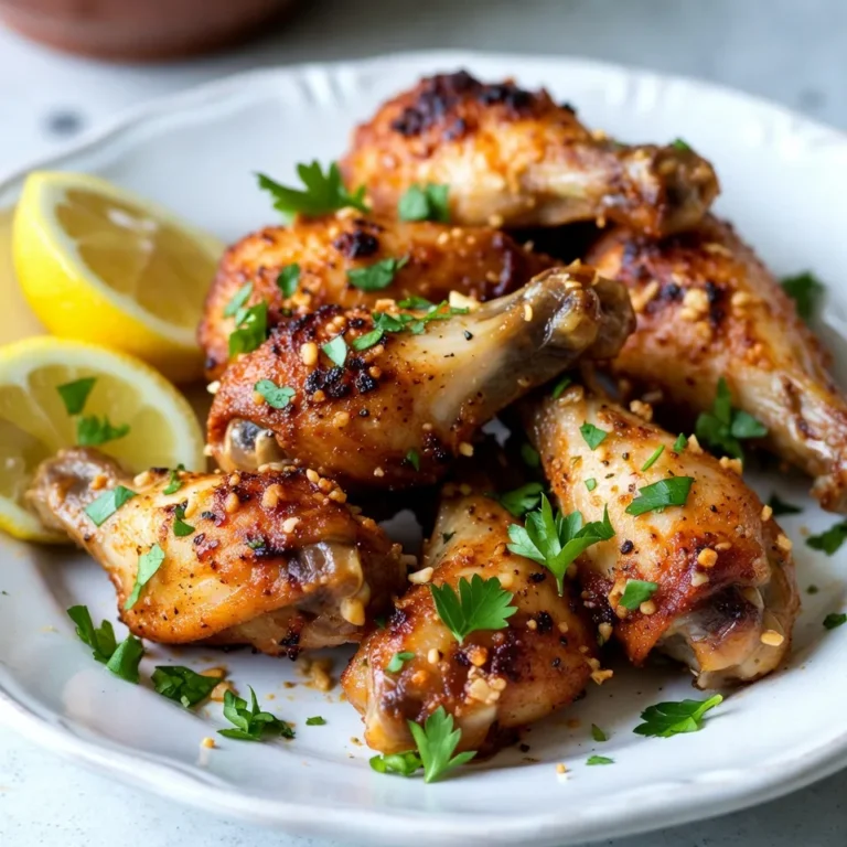 - 2 pounds chicken wings - 4 tablespoons olive oil - ΒΎ cup grated Parmesan cheese - 1 teaspoon garlic powder - 1 teaspoon onion powder - 1 teaspoon smoked paprika - Β½ teaspoon cayenne pepper (optional) - Salt and pepper to taste - ΒΌ cup fresh parsley, chopped - 2 tablespoons lemon juice - 3 cloves garlic, minced When making baked garlic Parmesan wings, I always start with fresh, high-quality ingredients. For the main ingredients, you need two pounds of chicken wings. They should be cleaned well before cooking. I use four tablespoons of olive oil to give the wings a nice coating. This helps the seasonings stick and adds flavor. The star of this recipe is the grated Parmesan cheese. Use about three-quarters of a cup to give your wings that rich, cheesy taste. Next, let's talk about seasoning. You can add one teaspoon each of garlic powder, onion powder, and smoked paprika. These spices give the wings a wonderful depth of flavor. If you want some heat, toss in half a teaspoon of cayenne pepper. Donβt forget to add salt and pepper to taste. This will help bring out all the flavors. Finally, for garnishing, use a quarter cup of fresh parsley. Chop it up and set it aside for later. You will also need two tablespoons of lemon juice and three cloves of minced garlic. These will brighten the dish and add a fresh finish. {{ingredient_image_1}} - Preheat the oven to 425Β°F (220Β°C). - Line a large baking sheet with aluminum foil. - Place a wire rack on top of the baking sheet. - In a large bowl, add 2 pounds of cleaned chicken wings. - Pour in 4 tablespoons of olive oil. - Sprinkle in 1 teaspoon of garlic powder and 1 teaspoon of onion powder. - Add 1 teaspoon of smoked paprika and, if you like heat, Β½ teaspoon of cayenne pepper. - Season with salt and pepper to taste. - Toss the wings until they are well coated with the oil and spices. - Spread the wings in a single layer on the wire rack. - Bake the wings for 30-35 minutes. - Flip the wings halfway through to ensure even crispiness. - Look for golden brown and crispy wings when done. - In a small bowl, mix ΒΎ cup of grated Parmesan cheese with 3 minced garlic cloves and 2 tablespoons of lemon juice. - Once the wings are baked, remove them from the oven. - Toss the wings in the Parmesan mixture until they are coated well. - Return the wings to the oven for an extra 5-7 minutes. - Wait until the cheese melts and bubbles. - Remove the wings again and sprinkle ΒΌ cup of chopped parsley on top for a fresh finish. Using a wire rack is key for crispy wings. The rack allows air to flow around the wings, helping them cook evenly. This helps render the fat, leading to a nice crunch. Without it, the wings might get soggy from sitting in their juices. For even seasoning, coat the wings thoroughly. Start by mixing the oil and spices in a bowl. Then, add the wings and toss them well. Make sure every wing gets a good amount of seasoning. You want every bite to burst with flavor. To boost the flavor, consider adding spices like garlic salt, black pepper, or even some chili powder for heat. Donβt be afraid to experiment! Each spice brings its own twist to the dish. When choosing Parmesan cheese, go for freshly grated cheese. It melts better and has a richer flavor than pre-grated options. Look for a high-quality brand for the best taste. This small choice makes a big difference in the final dish. For presentation, serve the wings on a large platter. Garnish with extra Parmesan and parsley for a fresh look. Adding lemon wedges on the side gives a nice pop of color and flavor. Consider pairing the wings with celery sticks and carrots. They add crunch and freshness. Also, a creamy dip like ranch or blue cheese works well for dipping. These simple touches make for a great eating experience. Pro Tips Use Fresh Ingredients: Always opt for fresh garlic and parsley for the best flavor in your wings. Adjust the Spice Level: Feel free to modify the cayenne pepper amount based on your heat preference. Ensure Even Cooking: Flipping the wings halfway through baking helps achieve a uniform crispiness. Rest Before Serving: Allow the wings to rest for a few minutes after baking for better flavor absorption. {{image_2}} You can easily add heat to your wings. Try hot sauce for extra spice. Just mix it with your oil and seasonings. This gives a nice kick. You can also play with the seasoning mix. Swap smoked paprika for chili powder or add herbs. Each change can create a new flavor. If you want different cheese, look beyond Parmesan. Asiago adds a nutty taste. Pecorino brings a sharper flavor. Both work well with wings. For a dairy-free option, try nutritional yeast. It gives a cheesy flavor without dairy. Another choice is vegan Parmesan, which adds richness. Wings taste great with sides. Consider crispy fries or a fresh salad. They balance the rich flavors of the wings. You can also serve celery sticks and carrot sticks. These add crunch and freshness. For dips, ranch or blue cheese dressing is perfect. You can also make a spicy aioli for a fun twist. To keep your baked garlic Parmesan wings fresh, store them in an airtight container. Glass or plastic containers work well. Make sure the wings cool down before sealing. This helps avoid sogginess. Place the container in the fridge. They will stay good for up to three days. To reheat your wings and keep them crispy, use the oven. Preheat it to 375Β°F (190Β°C). Spread the wings on a baking sheet lined with foil. Bake for about 10-15 minutes. Flip them halfway through for even heating. You can also use an air fryer. Heat it to 350Β°F (175Β°C) and cook for 5-7 minutes. If you want to freeze your wings, let them cool completely first. Place them in a freezer-safe bag or container. Remove as much air as possible. This prevents freezer burn. They can stay frozen for up to three months. To thaw, move them to the fridge overnight. Reheat as mentioned above to restore their crunch. Bake the wings for 30-35 minutes at 425Β°F (220Β°C). This high heat helps them get crispy. Make sure to flip them halfway. This ensures even cooking and browning. Look for golden brown wings as a sign they are ready. Yes, you can prep these wings ahead of time. Toss them in oil and spices, then store them in the fridge. You can keep them for up to two days before baking. Just remember to let them sit at room temperature for about 15 minutes before baking. Several sauces work great with these wings. Here are some tasty options: - Ranch dressing for a cool, creamy touch - Blue cheese dressing for a classic pairing - Hot sauce for those who love heat - Honey mustard for a sweet and tangy kick - Garlic aioli for extra garlic flavor These sauces will enhance the flavors of your wings and impress your guests! In this post, we covered how to make delicious baked garlic Parmesan wings. We talked about key ingredients, step-by-step instructions, and tips for crispy results. You learned different seasoning options and the best ways to serve and store leftovers. These wings can be adapted with various spices or cheese. Experiment with flavors that you love. Enjoy making this tasty dish and have fun sharing it with family and friends. These baked wings are sure to impress!