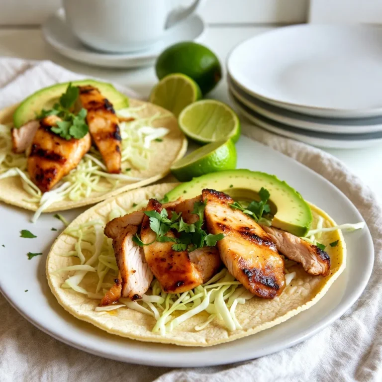 To make tasty honey lime chicken tacos, you need the following main ingredients: - 2 chicken breasts, boneless and skinless - 3 tablespoons honey - 2 tablespoons lime juice - 1 teaspoon lime zest - 1 teaspoon chili powder - 1 teaspoon cumin - 1 teaspoon garlic powder - Salt and pepper to taste - 1 tablespoon olive oil - 8 small corn tortillas These ingredients create a sweet and tangy flavor that makes your tacos shine. You can make your tacos even better with these tasty toppings: - 1 cup shredded cabbage - 1 avocado, sliced - Fresh cilantro for garnish - Lime wedges for serving Feel free to add your favorite toppings to personalize your meal. To cook these tacos, you will need some basic tools: - A small bowl for mixing the marinade - A shallow dish for marinating chicken - A grill or skillet for cooking the chicken - A spatula or tongs for flipping the chicken - A cutting board and knife for slicing the chicken These tools help you cook the chicken perfectly and assemble your tacos with ease. {{ingredient_image_1}} To make a tasty marinade, start with a small bowl. Add 3 tablespoons of honey, 2 tablespoons of lime juice, and 1 teaspoon of lime zest. Then mix in 1 teaspoon of chili powder, 1 teaspoon of cumin, and 1 teaspoon of garlic powder. Finally, season with salt and pepper to taste. Whisk all the ingredients until they blend well. This marinade gives the chicken a sweet and tangy flavor. Now, take your 2 boneless, skinless chicken breasts and place them in a shallow dish. Pour the marinade over the chicken and make sure it coats every piece. Cover the dish and refrigerate it for at least 30 minutes. For more flavor, let it sit for up to 2 hours. This step helps the chicken absorb all the great flavors. Preheat your grill or skillet to medium-high heat. Once hot, add 1 tablespoon of olive oil. Remove the chicken from the marinade, discarding any leftover liquid. Place the chicken on the grill or skillet. Cook for about 6-7 minutes on each side. You want the chicken to reach an internal temperature of 165°F (75°C). When cooked, let the chicken rest for 5 minutes before slicing it into thin strips. This step keeps the chicken juicy. Grilling chicken can be simple. First, use a good grill or skillet. Preheat it to medium-high heat. This helps cook the chicken evenly. Add olive oil to prevent sticking. Place the chicken on the hot grill. Grill each side for about 6 to 7 minutes. Check that the chicken reaches 165°F inside. Let it rest for 5 minutes after cooking. This keeps the juices in. Slice the chicken thinly for tacos. Marinades add a lot of flavor. For honey lime chicken, mix honey, lime juice, zest, and spices. Whisk these together in a bowl. Coat the chicken well with the marinade. Cover and refrigerate for at least 30 minutes. You can marinate it longer for more flavor. Always discard leftover marinade after use. It can carry harmful bacteria. Warming tortillas makes them soft and tasty. You can heat them in a dry skillet. Cook each side for about 30 seconds. This method adds a nice char. Another option is to use the microwave. Wrap a few tortillas in a damp paper towel. Heat them for about 20-30 seconds. This keeps them moist and pliable. Choose the method that you like best! Pro Tips Marinate for Maximum Flavor: Allow the chicken to marinate for at least 2 hours to really let the flavors penetrate the meat, giving you a more flavorful taco. Control the Heat: Adjust the amount of chili powder based on your spice tolerance. You can also add diced jalapeños for an extra kick! Perfectly Cooked Chicken: Use a meat thermometer to ensure your chicken reaches an internal temperature of 165°F (75°C) for juicy, well-cooked meat. Tortilla Technique: Warm your tortillas just before serving to keep them soft and pliable, making them easier to fold and enjoy! {{image_2}} You can switch the chicken for other proteins. Shrimp works great and cooks fast. Ground turkey or beef can also be used. Just adjust the cooking time for each protein type. For a lighter option, try grilled fish. It pairs well with the honey lime flavors. If you want a twist, try different marinades. You can use orange juice instead of lime. Add soy sauce for a savory touch. A chipotle pepper gives a smoky flavor. For a tropical vibe, try pineapple juice. Each option adds a new taste to your tacos. For a veggie option, replace chicken with mushrooms or zucchini. You can also use black beans for protein. Roasted bell peppers add color and flavor. Toss in corn for sweetness. These alternatives keep the meal fresh and fun. Enjoy the same great honey lime taste! To keep your leftover chicken tacos fresh, place them in an airtight container. Make sure to separate the chicken from the tortillas. This helps the tortillas stay soft. You can store them in the fridge for up to three days. If you have extra toppings like cabbage or avocado, keep those in separate containers. If you want to save tacos for later, freezing is a great option. First, let the chicken cool down completely. Once cool, slice the chicken and place it in a freezer-safe bag. Remove as much air as possible. You can freeze the chicken for up to three months. I recommend freezing tortillas separately to keep them fresh. To reheat your chicken tacos, first, take them out of the fridge or freezer. If frozen, let them thaw overnight in the fridge. You can reheat the chicken in a skillet over medium heat for about five minutes. For the tortillas, warm them in a dry skillet for about 30 seconds on each side. This will make them soft and tasty again. Enjoy! Yes, you can! While corn tortillas work great, you can use flour tortillas too. They are soft and easy to fold. You can also try whole wheat or even lettuce wraps for a low-carb option. You can marinate the chicken for at least 30 minutes. For even more flavor, try marinating for up to 2 hours. Just don’t leave it too long, or the lime juice may make the chicken tough. Many sides pair well with these tacos. You could serve black beans for protein. Mexican rice is also a tasty choice. Add some fresh salsa or guacamole for a fun touch. A simple salad with lime dressing works well too. These tacos have a mild spice. The chili powder adds a bit of heat, but it’s not too much. If you want more spice, try adding jalapeños or hot sauce. You can adjust the spice to fit your taste! In this article, we explored how to make honey lime chicken tacos. We covered the key ingredients and the essential cooking tools you need. I shared step-by-step instructions to prepare and cook your chicken. Tips on grilling, flavoring, and tortilla heating make this dish a hit. You can try different proteins and marinades too. Don't forget how to store and reheat leftovers! Enjoying your tacos can be easy and fun. Try these ideas for a tasty meal that delights everyone.
