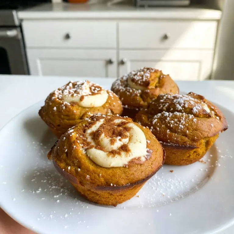 - 1 ½ cups all-purpose flour - 1 teaspoon baking powder - 1 teaspoon baking soda - 1 teaspoon ground cinnamon - ½ teaspoon ground nutmeg - ½ teaspoon salt For the dry mix, I start with all-purpose flour. It makes the muffins light and fluffy. Next, I add baking powder and baking soda. These help the muffins rise. Ground cinnamon and nutmeg give a warm spice flavor. Finally, I mix in salt. It balances the sweetness and enhances all the flavors. - 1 cup canned pumpkin puree - ½ cup granulated sugar - ½ cup brown sugar, packed - ½ cup vegetable oil - 2 large eggs - 1 teaspoon vanilla extract Now, let’s move to the wet ingredients. I use canned pumpkin puree for its rich flavor and moisture. I combine both granulated and brown sugar. The brown sugar adds a nice depth. I also include vegetable oil for texture and moisture. Two large eggs bring everything together, and vanilla extract adds sweetness and warmth. - 4 ounces cream cheese, softened - 2 tablespoons powdered sugar For the cream cheese mixture, I start with softened cream cheese. This makes it easy to mix. I add powdered sugar, which sweetens it up. This mixture creates a creamy, delightful swirl in the muffins. It contrasts perfectly with the pumpkin flavor, making each bite a treat. {{ingredient_image_1}} 1. Preheat your oven and line the muffin tray. Start by setting your oven to 350°F (175°C). This step ensures that your muffins bake evenly. Next, take a muffin tray and line it with paper liners. This makes cleanup easy and keeps the muffins from sticking. 2. Mix the dry ingredients. In a medium bowl, whisk together 1 ½ cups of all-purpose flour, 1 teaspoon of baking powder, 1 teaspoon of baking soda, 1 teaspoon of ground cinnamon, ½ teaspoon of ground nutmeg, and ½ teaspoon of salt. Mixing these dry ingredients first helps to combine the flavors evenly. 3. Combine the wet ingredients. In a large bowl, mix 1 cup of canned pumpkin puree, ½ cup of granulated sugar, ½ cup of brown sugar, ½ cup of vegetable oil, 2 large eggs, and 1 teaspoon of vanilla extract. Stir until the mixture is smooth and well combined. This blend adds moisture and sweetness to your muffins. 1. Incorporate the dry and wet mixtures. Gradually add the dry mixture into the wet ingredients. Stir gently until just combined. Avoid overmixing, as this can make the muffins tough. 2. Prepare the cream cheese filling. In a separate bowl, beat 4 ounces of softened cream cheese with 2 tablespoons of powdered sugar. Mix until it is smooth and creamy. This filling adds a rich layer of flavor. 3. Fill the muffin liners. Fill each muffin liner about halfway with the pumpkin batter. Then, add about a teaspoon of the cream cheese mixture on top. Use a toothpick or skewer to swirl the cream cheese into the batter. Finally, add a little more pumpkin batter to fill the liners about ¾ full. 1. Set the baking time and temperature. Place the muffin tray in the preheated oven. Bake for 18 to 22 minutes. The muffins are done when a toothpick inserted in the center comes out clean. 2. Tips for checking doneness. It is important to check your muffins a few minutes before the timer goes off. If the toothpick comes out with wet batter, give them a bit more time. 3. Cooling the muffins. After baking, let the muffins cool in the pan for about 5 minutes. Then, transfer them to a wire rack to cool completely. This step prevents the bottoms from getting soggy. To make the best pumpkin cream cheese muffins, avoid overmixing the batter. When you mix too much, it can make the muffins tough. Stir just until you see no dry flour. This keeps them light and fluffy. Swirling the cream cheese into the batter is an art! After you fill the muffin liners halfway with pumpkin batter, add a teaspoon of cream cheese. Use a toothpick to gently swirl it in. Don’t mix it all the way. You want to see ribbons of cream cheese in each muffin. Presentation matters! Serve your muffins on a colorful platter. You can dust them with powdered sugar for a sweet touch. A sprinkle of cinnamon on top adds a warm, inviting feel. For added flair, try topping the muffins with chopped nuts or a drizzle of maple syrup. These little extras make your muffins look and taste even better. Sometimes muffins can turn out too dense or dry. If that happens, check your measurements. Too much flour or not enough liquid can create issues. Always measure flour correctly by spooning it into the cup and leveling it off. If your muffins are dry, it may be from overbaking. Keep an eye on them in the oven. A toothpick should come out clean but not dry. If they feel hard when you touch them, they may be overdone. Pro Tips Use Fresh Spices: Freshly ground spices like cinnamon and nutmeg will elevate the flavor of your muffins, making them taste more aromatic and vibrant. Check Your Baking Powder: Ensure your baking powder is fresh for best results; test it by adding a teaspoon to hot water—if it fizzes, it’s good to use! Swirl Technique: When swirling the cream cheese mixture, use a gentle hand to avoid overmixing; this creates beautiful marbled muffins. Storage Tips: Store muffins in an airtight container at room temperature for up to 3 days or freeze them for longer freshness; they thaw beautifully! {{image_2}} You can make pumpkin cream cheese muffins even better by adding nuts or chocolate chips. Chopped walnuts or pecans add a nice crunch. They also give a rich, nutty taste. If you love chocolate, mix in some chocolate chips. They melt and create a sweet treat with every bite. Using different spices can change the flavor too. Instead of just cinnamon and nutmeg, try ginger or allspice. These spices add warmth and depth. You can even mix in a dash of clove for a unique twist. If you need gluten-free muffins, swap the all-purpose flour with a gluten-free blend. Many blends work well in muffins. Just follow the package instructions for the best results. You can also make your muffins healthier. Use applesauce instead of oil for a moist texture with less fat. This swap keeps your muffins light and fluffy. You could even try using honey or maple syrup as a sweetener. To make your muffins festive, add cranberries or pecans. Dried cranberries give a tart flavor that pairs great with pumpkin. Chopped pecans add crunch and a toasty taste. You can add these ingredients right into the batter before baking. Another idea is to sprinkle some cinnamon sugar on top before baking. It creates a sweet, crunchy crust. These small changes make your muffins perfect for any holiday gathering. Enjoy creating your own twist! To keep your pumpkin cream cheese muffins fresh, choose the right storage method. If you plan to eat them within two days, store them at room temperature. Place them in an airtight container. This keeps them soft and tasty. If you want to keep them longer, refrigerate them. Wrap each muffin in plastic wrap to prevent drying out. For longer storage, you can freeze the muffins. Place them in a freezer-safe bag. Remove as much air as possible. They can last up to three months in the freezer. When you want to enjoy one, just take it out and let it thaw. Homemade muffins last about 2-3 days at room temperature. In the fridge, they last about a week. You can check for spoilage by looking for mold or a change in smell. If they feel dry or hard, they are no longer fresh. To reheat your muffins, the best method is using an oven. Preheat it to 350°F (175°C). Place the muffins on a baking sheet for about 5-10 minutes. This keeps them warm and soft. You can also use a microwave, but be careful. Heat them for only 10-15 seconds. This method can make them chewy if overheated. Enjoy your muffins warm for the best taste! To make pumpkin cream cheese muffins, start with these steps: - Preheat your oven to 350°F (175°C). - Line a muffin tray with paper liners. - In a bowl, mix 1 ½ cups all-purpose flour, 1 teaspoon baking powder, 1 teaspoon baking soda, 1 teaspoon ground cinnamon, ½ teaspoon ground nutmeg, and ½ teaspoon salt. Set this aside. - In another bowl, blend 1 cup canned pumpkin puree, ½ cup granulated sugar, ½ cup brown sugar, ½ cup vegetable oil, 2 large eggs, and 1 teaspoon vanilla extract until smooth. - Slowly combine the dry mix with the wet mix, stirring gently. - Beat 4 ounces of softened cream cheese with 2 tablespoons powdered sugar until creamy. - Fill muffin liners halfway with the batter. Add a teaspoon of cream cheese mix and swirl it gently. Top with more batter until ¾ full. - Bake for 18-22 minutes. Cool and enjoy! This recipe creates 12 muffins and takes about 40 minutes from start to finish. Yes, you can use fresh pumpkin. However, fresh pumpkin has more water content than canned. This can change your muffin texture. If using fresh, roast and puree it first. Drain excess water if needed. Use the same amount as canned—1 cup. This substitution may also give a fresher taste, which many people love. If you can't use cream cheese, consider these alternatives: - Greek yogurt: It adds creaminess and tang. - Ricotta cheese: This gives a lighter texture. - Vegan cream cheese: Perfect for plant-based diets. - Silken tofu: Blend until smooth for a dairy-free option. These options can still create a delicious filling, making the muffins suitable for many dietary needs. You now know how to make delicious pumpkin cream cheese muffins. We covered the key ingredients, from all-purpose flour to canned pumpkin. I shared step-by-step instructions that are easy to follow and included tips to ensure your muffins turn out perfectly. Remember to experiment with flavors and store your muffins properly for the best results. With these insights, you can enjoy baking while impressing your friends and family. Happy baking!