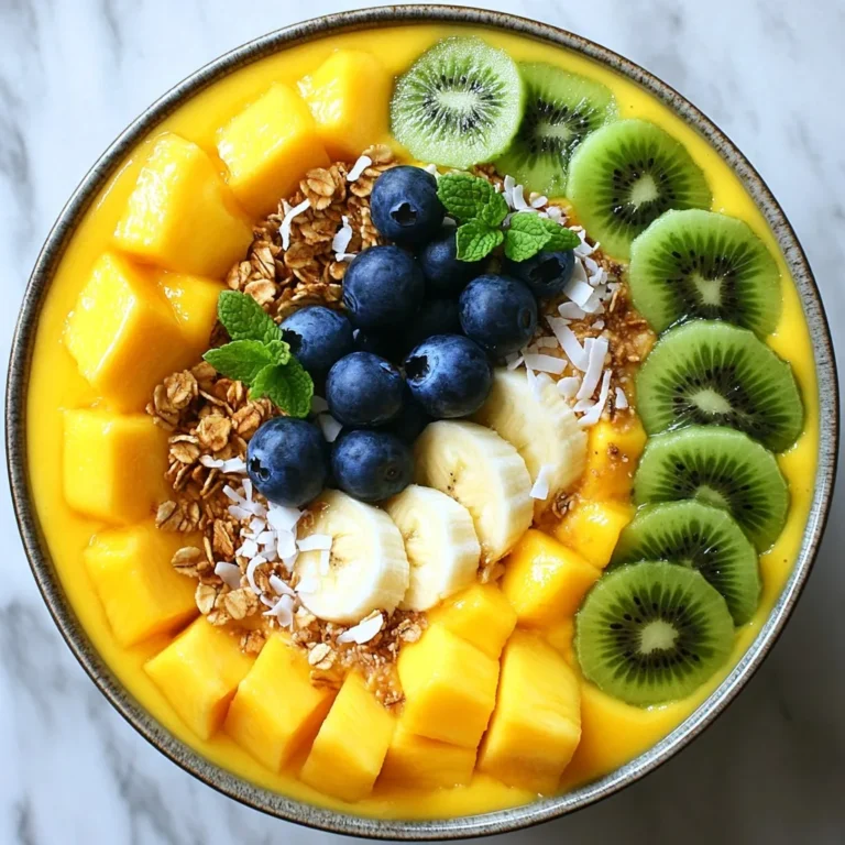 For a delicious Tropical Mango Smoothie Bowl, you need the following fresh ingredients: - 2 ripe mangoes, peeled and diced - 1 banana, sliced - 1 cup coconut milk (or any plant-based milk) - 1/2 cup Greek yogurt (optional for creaminess) - 1 tablespoon honey or maple syrup (adjust for sweetness) - 1 tablespoon chia seeds - 1/2 teaspoon vanilla extract These ingredients come together to create a creamy, fruity base that brings the taste of the tropics to your kitchen. Ripe mangoes are sweet and vibrant, making them the star of this bowl. The banana adds natural sweetness and a smooth texture. Coconut milk gives a rich, creamy taste, while Greek yogurt can make the bowl even creamier. Honey or maple syrup serves as a sweetener. You can adjust the amount based on your taste. Chia seeds add a nutritious boost and a pleasant crunch. Vanilla extract enhances the flavors, making every bite delightful. Once you blend your smoothie base, it’s time to add some fun toppings: - Kiwi slices - Shredded coconut - Granola - Fresh berries - Mint leaves These toppings add color and texture to your smoothie bowl. Sliced kiwi is bright and tart, while shredded coconut brings a tropical touch. Granola adds a crunchy element, and fresh berries provide extra sweetness and nutrients. Mint leaves add a refreshing finish, making each bite a burst of flavor. With these ingredients and toppings, your Tropical Mango Smoothie Bowl will be a feast for the eyes and the taste buds. {{ingredient_image_1}} Start by peeling the mangoes. Use a sharp knife to cut off the skin. Then, dice the mango flesh into small cubes. This makes blending easier. Next, slice the banana into thin rounds. This adds sweetness and creaminess to your smoothie bowl. Now it’s time to blend! Combine the diced mangoes, sliced banana, coconut milk, and Greek yogurt in your blender. Add honey or maple syrup for extra sweetness. Toss in chia seeds and vanilla extract. Blend on high until everything is smooth. If the mix is too thick, add a splash more coconut milk. You want a creamy, thick texture for your bowl. Pour the blended smoothie base into a bowl. This is your colorful, tropical treat! Start adding your toppings. First, arrange slices of kiwi around the edges. Then, sprinkle shredded coconut on top. Add a handful of granola for crunch. Finally, toss in fresh berries for a pop of color. Don’t forget a few mint leaves for a fresh finish. Enjoy your beautiful smoothie bowl! To make the best Tropical Mango Smoothie Bowl, start with ripe mangoes. Look for mangoes that feel slightly soft when you squeeze them. The skin should be smooth and slightly wrinkled. A ripe mango has a sweet smell at the stem. You want to pick mangoes that are yellow and orange, not green. These tips help ensure your smoothie bowl is sweet and delicious. The right thickness of your smoothie is key. If your bowl is too thick, just add more coconut milk. Start with one cup and blend until smooth. If it’s still too thick, add a little more milk. This way, you can control how creamy your smoothie bowl becomes. A smooth bowl makes every bite enjoyable. How you arrange toppings can make your smoothie bowl pop! Use a circle of sliced kiwi around the edge. Then, sprinkle shredded coconut in the center. Add a handful of granola for crunch and fresh berries for color. Finish with a few mint leaves for a fresh touch. This makes your bowl not just tasty, but also pretty! Enjoy the art of making food look as good as it tastes. Pro Tips Choose Ripe Mangoes: Make sure your mangoes are fully ripe for the best flavor. They should be slightly soft to the touch and have a sweet aroma. Adjust Sweetness: Taste your smoothie base before pouring it into the bowl. You can easily adjust the sweetness with more honey or maple syrup to suit your preference. Experiment with Toppings: Feel free to mix and match your favorite toppings. Add nuts, seeds, or even a drizzle of nut butter for added flavor and nutrition. Chill Your Bowl: For an extra refreshing treat, chill your serving bowl in the freezer for a few minutes before adding the smoothie. It keeps your smoothie bowl colder for longer. {{image_2}} You can make this smoothie bowl even better! Try adding spinach or kale for a green boost. This makes it healthy and bright. Blend in tropical fruits like pineapple or papaya. These fruits add new flavors that mix well with mango. Each bite will surprise your taste buds! If you're dairy-free, skip the Greek yogurt. Use more coconut milk instead. This keeps the bowl creamy without dairy. You can also use vegan sweeteners like agave syrup. They add sweetness without animal products. This way, everyone can enjoy the bowl! Using seasonal fruits is a fun way to change things up. Strawberries in spring or peaches in summer can make your bowl pop. You can also swap granola for nut mixes. Nuts add crunch and a different taste. This keeps your smoothie bowl fresh and exciting each time! To store leftover smoothie bowls, cover them tightly. Use plastic wrap or a lid. Place the bowl in the fridge. Smoothie bowls are best when eaten fresh. However, you can keep them for up to one day. If you see separation, just stir it before eating. You can freeze the smoothie base for later use. This is great for quick breakfasts. Pour the smoothie into ice cube trays or freezer bags. Use freezer-safe containers. Make sure to leave some space for expansion. When ready to eat, blend the frozen cubes with a little coconut milk for a quick treat. The shelf life of prepared ingredients varies. Fresh mangoes and bananas last about two days in the fridge. If you mix them into a smoothie, use it within one day. Chia seeds and coconut milk can last longer. Chia seeds remain good for months if stored in a dry place. Coconut milk can last a week once opened but check the date. Yes, you can make this smoothie bowl ahead of time. Store the smoothie base in the fridge for up to 24 hours. Keep the toppings separate until you are ready to serve. This way, your toppings stay fresh and crunchy. You can also freeze the smoothie base in an airtight container for longer storage. Just blend it again before serving for a quick breakfast. If you want a creamier texture but don't have Greek yogurt, try these options: - Silken tofu for a smooth texture - Coconut yogurt for a dairy-free choice - Cashew cream for a rich flavor - Regular yogurt if you prefer something lighter These alternatives will keep your smoothie bowl creamy and delicious! To adjust the sweetness, reduce or skip the honey or maple syrup. You can also use unsweetened coconut milk for a lighter flavor. Adding more mango or banana may help balance the taste without added sugar. Taste as you blend, and adjust until it’s just right for you. In this post, we explored how to make a delicious smoothie bowl using ripe mangoes, bananas, and coconut milk. We went step-by-step through preparation, blending, and assembly. I shared tips on selecting ripe mangoes and achieving a smooth mix. You can even customize your bowl with seasonal fruit and toppings. Remember, this healthy treat is easy to adapt for your taste and dietary needs. Enjoy creating and sharing your smoothie bowl!
