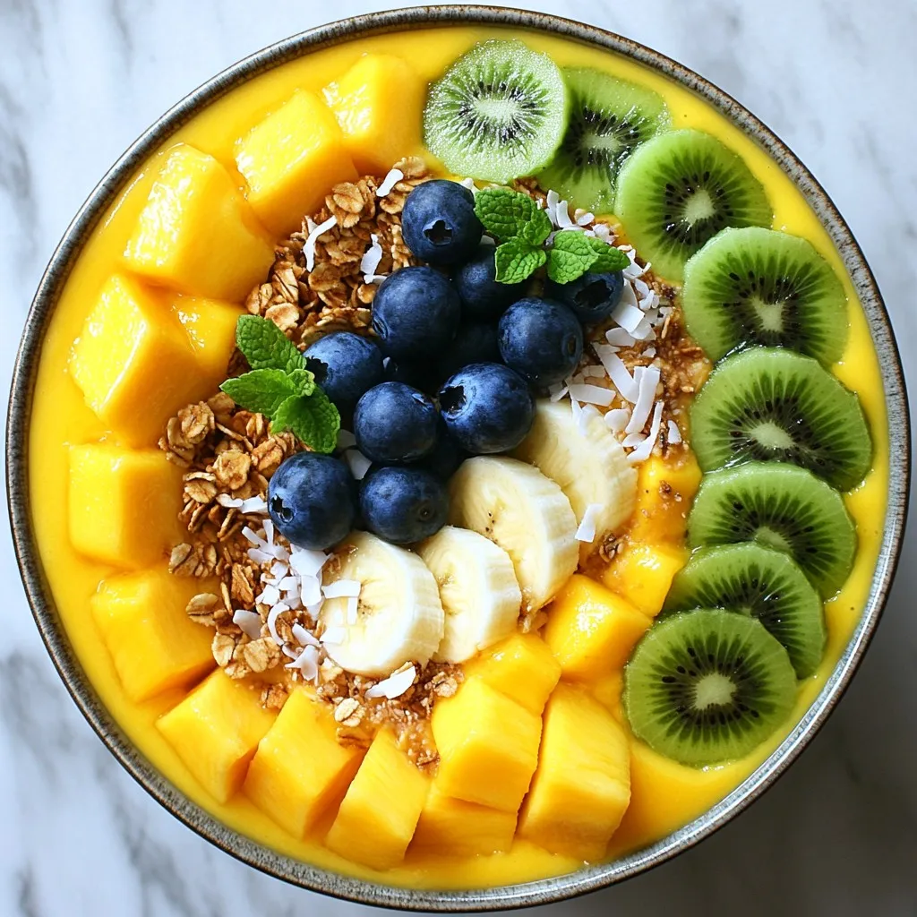 For a delicious Tropical Mango Smoothie Bowl, you need the following fresh ingredients: - 2 ripe mangoes, peeled and diced - 1 banana, sliced - 1 cup coconut milk (or any plant-based milk) - 1/2 cup Greek yogurt (optional for creaminess) - 1 tablespoon honey or maple syrup (adjust for sweetness) - 1 tablespoon chia seeds - 1/2 teaspoon vanilla extract These ingredients come together to create a creamy, fruity base that brings the taste of the tropics to your kitchen. Ripe mangoes are sweet and vibrant, making them the star of this bowl. The banana adds natural sweetness and a smooth texture. Coconut milk gives a rich, creamy taste, while Greek yogurt can make the bowl even creamier. Honey or maple syrup serves as a sweetener. You can adjust the amount based on your taste. Chia seeds add a nutritious boost and a pleasant crunch. Vanilla extract enhances the flavors, making every bite delightful. Once you blend your smoothie base, it’s time to add some fun toppings: - Kiwi slices - Shredded coconut - Granola - Fresh berries - Mint leaves These toppings add color and texture to your smoothie bowl. Sliced kiwi is bright and tart, while shredded coconut brings a tropical touch. Granola adds a crunchy element, and fresh berries provide extra sweetness and nutrients. Mint leaves add a refreshing finish, making each bite a burst of flavor. With these ingredients and toppings, your Tropical Mango Smoothie Bowl will be a feast for the eyes and the taste buds. {{ingredient_image_1}} Start by peeling the mangoes. Use a sharp knife to cut off the skin. Then, dice the mango flesh into small cubes. This makes blending easier. Next, slice the banana into thin rounds. This adds sweetness and creaminess to your smoothie bowl. Now it’s time to blend! Combine the diced mangoes, sliced banana, coconut milk, and Greek yogurt in your blender. Add honey or maple syrup for extra sweetness. Toss in chia seeds and vanilla extract. Blend on high until everything is smooth. If the mix is too thick, add a splash more coconut milk. You want a creamy, thick texture for your bowl. Pour the blended smoothie base into a bowl. This is your colorful, tropical treat! Start adding your toppings. First, arrange slices of kiwi around the edges. Then, sprinkle shredded coconut on top. Add a handful of granola for crunch. Finally, toss in fresh berries for a pop of color. Don’t forget a few mint leaves for a fresh finish. Enjoy your beautiful smoothie bowl! To make the best Tropical Mango Smoothie Bowl, start with ripe mangoes. Look for mangoes that feel slightly soft when you squeeze them. The skin should be smooth and slightly wrinkled. A ripe mango has a sweet smell at the stem. You want to pick mangoes that are yellow and orange, not green. These tips help ensure your smoothie bowl is sweet and delicious. The right thickness of your smoothie is key. If your bowl is too thick, just add more coconut milk. Start with one cup and blend until smooth. If it’s still too thick, add a little more milk. This way, you can control how creamy your smoothie bowl becomes. A smooth bowl makes every bite enjoyable. How you arrange toppings can make your smoothie bowl pop! Use a circle of sliced kiwi around the edge. Then, sprinkle shredded coconut in the center. Add a handful of granola for crunch and fresh berries for color. Finish with a few mint leaves for a fresh touch. This makes your bowl not just tasty, but also pretty! Enjoy the art of making food look as good as it tastes. Pro Tips Choose Ripe Mangoes: Make sure your mangoes are fully ripe for the best flavor. They should be slightly soft to the touch and have a sweet aroma. Adjust Sweetness: Taste your smoothie base before pouring it into the bowl. You can easily adjust the sweetness with more honey or maple syrup to suit your preference. Experiment with Toppings: Feel free to mix and match your favorite toppings. Add nuts, seeds, or even a drizzle of nut butter for added flavor and nutrition. Chill Your Bowl: For an extra refreshing treat, chill your serving bowl in the freezer for a few minutes before adding the smoothie. It keeps your smoothie bowl colder for longer. {{image_2}} You can make this smoothie bowl even better! Try adding spinach or kale for a green boost. This makes it healthy and bright. Blend in tropical fruits like pineapple or papaya. These fruits add new flavors that mix well with mango. Each bite will surprise your taste buds! If you're dairy-free, skip the Greek yogurt. Use more coconut milk instead. This keeps the bowl creamy without dairy. You can also use vegan sweeteners like agave syrup. They add sweetness without animal products. This way, everyone can enjoy the bowl! Using seasonal fruits is a fun way to change things up. Strawberries in spring or peaches in summer can make your bowl pop. You can also swap granola for nut mixes. Nuts add crunch and a different taste. This keeps your smoothie bowl fresh and exciting each time! To store leftover smoothie bowls, cover them tightly. Use plastic wrap or a lid. Place the bowl in the fridge. Smoothie bowls are best when eaten fresh. However, you can keep them for up to one day. If you see separation, just stir it before eating. You can freeze the smoothie base for later use. This is great for quick breakfasts. Pour the smoothie into ice cube trays or freezer bags. Use freezer-safe containers. Make sure to leave some space for expansion. When ready to eat, blend the frozen cubes with a little coconut milk for a quick treat. The shelf life of prepared ingredients varies. Fresh mangoes and bananas last about two days in the fridge. If you mix them into a smoothie, use it within one day. Chia seeds and coconut milk can last longer. Chia seeds remain good for months if stored in a dry place. Coconut milk can last a week once opened but check the date. Yes, you can make this smoothie bowl ahead of time. Store the smoothie base in the fridge for up to 24 hours. Keep the toppings separate until you are ready to serve. This way, your toppings stay fresh and crunchy. You can also freeze the smoothie base in an airtight container for longer storage. Just blend it again before serving for a quick breakfast. If you want a creamier texture but don't have Greek yogurt, try these options: - Silken tofu for a smooth texture - Coconut yogurt for a dairy-free choice - Cashew cream for a rich flavor - Regular yogurt if you prefer something lighter These alternatives will keep your smoothie bowl creamy and delicious! To adjust the sweetness, reduce or skip the honey or maple syrup. You can also use unsweetened coconut milk for a lighter flavor. Adding more mango or banana may help balance the taste without added sugar. Taste as you blend, and adjust until it’s just right for you. In this post, we explored how to make a delicious smoothie bowl using ripe mangoes, bananas, and coconut milk. We went step-by-step through preparation, blending, and assembly. I shared tips on selecting ripe mangoes and achieving a smooth mix. You can even customize your bowl with seasonal fruit and toppings. Remember, this healthy treat is easy to adapt for your taste and dietary needs. Enjoy creating and sharing your smoothie bowl!