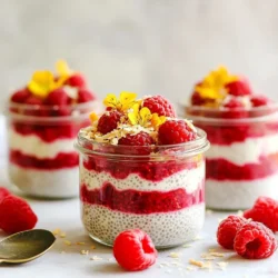 To make Coconut Raspberry Chia Pudding, you need: - 1 cup coconut milk - 1/2 cup fresh raspberries (plus extra for topping) - 1/4 cup chia seeds - 2 tablespoons maple syrup (or honey) - 1 teaspoon vanilla extract - A pinch of salt - Toasted coconut flakes for garnish You can swap coconut milk with almond or oat milk. If you prefer a sweeter taste, try agave syrup instead of maple syrup. For a fruity twist, use blueberries or strawberries in place of raspberries. If you want a richer flavor, add almond extract instead of vanilla. Always choose fresh raspberries for the best taste. Look for firm berries with bright color. When buying coconut milk, select a brand with minimal additives. This ensures a pure coconut flavor. For chia seeds, check that they are whole and not clumpy. Fresh ingredients make your pudding vibrant and tasty. {{ingredient_image_1}} To start, gather your ingredients. You need coconut milk, fresh raspberries, chia seeds, maple syrup, vanilla extract, and a pinch of salt. Measure one cup of coconut milk and pour it into a mixing bowl. Add two tablespoons of maple syrup and one teaspoon of vanilla extract. Sprinkle in a pinch of salt. Whisk all these together until they blend well. This mix should be smooth and creamy. Next, take your chia seeds. Measure a quarter cup and sprinkle them into the coconut mix. Stir them in until they spread evenly. Then, add half a cup of fresh raspberries. Gently fold them in to keep some whole. This adds a nice texture to your pudding. When mixing, use a gentle touch. You want to combine everything without crushing the raspberries. Stir slowly and steadily. This helps keep the berries intact. If you notice clumps of chia seeds forming, stir a bit more. It’s important to ensure they are evenly mixed throughout. Now that you've mixed everything, it's time to chill. Cover your bowl with plastic wrap or pour the mixture into small jars. Refrigerate for at least four hours. If you can, let it sit overnight for the best results. This time allows the chia seeds to soak up the coconut milk and thicken the pudding. Stir occasionally if you can. This prevents clumping and gives you a smooth dessert. For the best texture, use the right amount of chia seeds. I recommend 1/4 cup for 1 cup of coconut milk. This ratio gives a nice, thick pudding. Stir the mixture well after adding the chia seeds. Let it sit for a few minutes, then stir again. This helps prevent clumps. Refrigerate it for at least 4 hours or overnight. The longer it sits, the thicker it gets. If you want more sweetness, add more maple syrup or honey. Start with 2 tablespoons, then taste. You can always add more if needed. You may also try using ripe bananas or a bit of agave syrup as natural sweeteners. Remember, the fresh raspberries add a bit of tartness, which balances the sweetness. To make your pudding look fancy, use clear jars. This shows off the beautiful layers of pink and white. Top each serving with extra fresh raspberries. A sprinkle of toasted coconut flakes adds crunch. For a pop of color, add a sprig of mint on top. This small touch makes your dessert look even more inviting. Pro Tips Use Full-Fat Coconut Milk: For a creamier texture, opt for full-fat coconut milk instead of light coconut milk. Sweetness Adjustment: Adjust the sweetness to your taste by adding more or less maple syrup or honey. Chia Seed Soaking: Allow the chia seeds to soak longer for a thicker consistency if desired. Garnish Variety: Experiment with different toppings like nuts, seeds, or other fruits for added texture and flavor. {{image_2}} You can mix up the flavors in your chia pudding. Try adding mango or banana for a tropical twist. Both fruits pair well with coconut. Simply mash the fruit and stir it into the base mix. You can also add a handful of nuts or seeds for extra crunch. For a chocolatey treat, stir in cocoa powder or use dark chocolate shavings. These additions make the dish even more delightful. This pudding is perfect for many diets. It is naturally dairy-free and gluten-free. If you want it vegan, use maple syrup instead of honey. For a nut-free version, check your toppings. Avoid nuts and choose seeds instead. You can swap coconut milk for almond or oat milk, but the taste will change. Always check labels if you have allergies. Serving this pudding can be fun! Use clear jars or small bowls to show off the layers. Top with extra fresh raspberries and toasted coconut for a pop of color. A sprig of mint can add a fresh touch. If you have guests, serve with a variety of toppings so they can customize their pudding. This makes it interactive and exciting. To keep your coconut raspberry chia pudding fresh, place it in the fridge. Use a sealed container or cover the bowl tightly with plastic wrap. This helps prevent any strong smells from other foods in your fridge. The pudding stays tasty and safe to eat this way. Coconut raspberry chia pudding lasts up to 5 days in the fridge. After that, the texture may change, and it might lose its flavor. If you want to save it longer, you can freeze it. Use freezer-safe jars or containers, leaving space for expansion. It can stay in the freezer for up to 3 months. When you're ready to eat it, thaw it in the fridge overnight. There's no need to heat chia pudding. It tastes best cold. If you prefer it warm, gently heat a portion in the microwave for about 30 seconds. Stir it well before eating, and add a splash of coconut milk if needed. This keeps the pudding creamy and smooth. Coconut raspberry chia pudding can last up to five days in the fridge. Make sure to keep it in an airtight container. This way, it stays fresh and tasty. However, I recommend eating it within three days for the best flavor. After that, the raspberries may lose their texture. Yes, you can use frozen raspberries! They are a great option. Just thaw them first before mixing into your pudding. This helps keep the pudding creamy. However, the texture may be softer compared to fresh raspberries. If you want some whole pieces, be gentle when mixing. Chia seeds are tiny powerhouses of nutrition! They are high in fiber, which helps digestion. You get protein and healthy fats from them too. They also provide omega-3 fatty acids, which support heart health. Plus, they absorb liquid and can help you feel full longer. Making this recipe vegan is easy! Simply swap honey for maple syrup. This keeps all the flavors while ensuring it's plant-based. All other ingredients, like coconut milk and chia seeds, are already vegan-friendly. Enjoy your tasty vegan coconut raspberry chia pudding! In this post, I covered key ingredients, step-by-step instructions, and helpful tips for making coconut raspberry chia pudding. You now know about ingredient quality, chilling times, and perfect textures. I also shared how to store your pudding and answered common questions. With these insights, you can create a delicious and healthy treat. Enjoy the process, experiment with flavors, and make it your own. You have the tools to impress yourself and others with this easy, tasty recipe.