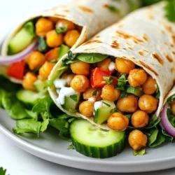 - 1 can (15 oz) chickpeas, drained and rinsed - 2 tablespoons olive oil - 1 tablespoon ground cumin - 1 tablespoon smoked paprika - 1 teaspoon ground coriander - 1 teaspoon garlic powder - 1 teaspoon onion powder - ½ teaspoon cayenne pepper (adjust to taste) - Salt and pepper to taste - 4 whole wheat wraps or pita bread - 1 cup fresh spinach or mixed greens - 1 cucumber, thinly sliced - 1 tomato, diced - ½ red onion, thinly sliced - ½ cup tahini sauce or hummus - Fresh parsley or cilantro for garnish When choosing your ingredients, look for firm, shiny chickpeas. The can should not be dented. For vegetables, pick bright and crisp options. Spinach should be vibrant and fresh. Choose cucumbers that feel heavy for their size. Tomatoes should have a rich color and be slightly soft. Red onions should be firm with no soft spots. Fresh herbs should smell strong and look lively. If you cannot find chickpeas, white beans work well too. Use avocado oil instead of olive oil for a different taste. If you want less spice, skip the cayenne pepper. You can swap whole wheat wraps for lettuce leaves for a low-carb option. If tahini is hard to find, hummus is an excellent alternative. For greens, any salad mix works great. {{ingredient_image_1}} First, preheat your oven to 400°F (200°C). This step is key for crispy chickpeas. While the oven heats up, grab a mixing bowl. Drain and rinse your can of chickpeas. Toss them in the bowl with 2 tablespoons of olive oil. This oil helps the spices stick and adds flavor. Now, it's time to season the chickpeas. Add 1 tablespoon of ground cumin, 1 tablespoon of smoked paprika, and 1 teaspoon each of ground coriander, garlic powder, and onion powder. If you like a kick, add ½ teaspoon of cayenne pepper. Then, sprinkle in salt and pepper to taste. Mix everything well so the chickpeas are coated evenly. Spread them out on a baking sheet in a single layer. Bake in the oven for 20-25 minutes. Stir halfway through to ensure they cook evenly. You want them crispy and golden! While your chickpeas bake, prepare the veggies. In a large bowl, combine 1 cup of fresh spinach, sliced cucumber, diced tomato, and thinly sliced red onion. This mix adds crunch and freshness. Once the chickpeas are done, let them cool for a minute. Now, take a whole wheat wrap and spread a generous tablespoon of tahini sauce or hummus on it. Next, add a handful of the veggie mix, followed by some crispy chickpeas. Top it off with fresh parsley or cilantro for extra flavor. Roll the wrap tightly, tucking in the sides as you go. Slice it in half, and you’re ready to enjoy your Chickpea Shawarma Wrap! To make crispy chickpeas, start by draining and rinsing them well. This step removes excess salt and helps them crisp up. Toss the chickpeas in a bowl with olive oil and spices. Use cumin, smoked paprika, garlic powder, onion powder, and a touch of cayenne. Mix them well so each chickpea gets coated. Spread them on a baking sheet in a single layer. Bake at 400°F for 20 to 25 minutes. Stir them halfway through to ensure they cook evenly. They'll turn golden and crunchy, making a perfect snack or wrap filling. Rolling a wrap can be easy with the right technique. Start with a flat wrap on a clean surface. Spread a layer of tahini sauce or hummus in the center. Add the veggie mix and crispy chickpeas on top. Leave space at the edges to fold. Fold the sides in first, then roll from the bottom up. Tucking in the filling as you go helps keep everything inside. Slice the wrap in half for easy eating. Practice makes perfect, so don’t worry if it’s not perfect the first time. Toppings can take your Chickpea Shawarma Wrap to the next level. Fresh herbs like parsley or cilantro add a burst of flavor. You can also try thinly sliced jalapeños for some heat. Crumbled feta cheese adds creaminess, while pickled vegetables bring tang. A squeeze of lemon juice brightens every bite. Experiment with different toppings to find your favorites. Each addition can change the taste and make your wrap unique. Enjoy the process of customizing your meal! Pro Tips Use Dried Chickpeas: For an even more authentic texture, consider using dried chickpeas that have been soaked overnight and cooked until tender. Adjust the Spice Level: Feel free to adjust the cayenne pepper based on your heat preference; you can omit it for a milder wrap. Make Ahead: The chickpeas can be seasoned and baked a day in advance. Just store them in an airtight container until you're ready to assemble your wraps. Experiment with Toppings: Don’t hesitate to add your favorite toppings like avocado, feta cheese, or pickled vegetables for extra flavor and nutrition. {{image_2}} Chickpea Shawarma Wraps are already vegan. You can enjoy these wraps without changing a thing. If you want more protein, add some cooked quinoa or lentils. Both options pair well with the spices and keep your meal hearty. For a gluten-free version, swap whole wheat wraps for gluten-free wraps or lettuce leaves. These options work well and keep the meal light. Using sturdy lettuce, like romaine, adds a nice crunch. You still get all the flavors without the gluten. The sauce you choose can change the whole flavor. Instead of tahini, try a spicy harissa or a cool yogurt sauce. Hummus is a great choice, too. It gives a creamy texture that pairs well with the crispy chickpeas. You can also mix sauces for a unique taste experience. To store leftover chickpeas, first let them cool. Place them in an airtight container. They will stay fresh in the fridge for up to three days. If you want to keep them longer, freeze them. They can last up to three months in the freezer. Just remember to label your container! Wraps can lose their crunch if stored improperly. Keep them in an airtight container or wrap them tightly in plastic wrap. Store in the fridge for one to two days. If you notice the wraps getting soggy, try to eat them sooner. For best results, assemble your wraps fresh when you are ready to eat. If you want to freeze your assembled wraps, wrap each one tightly in foil or plastic wrap. Place them in a freezer-safe bag. They can be frozen for up to three months. When you're ready to eat, thaw in the fridge overnight. Heat them in the oven or microwave before enjoying. This way, you can savor that crispy chickpea goodness again! You can serve many sides with your wraps. Here are some ideas: - Fresh Salad: A simple side salad adds crunch and color. - Yogurt Dip: A tangy yogurt dip pairs well with the wraps. - Fries: Sweet potato fries make a fun, sweet side. - Pickles: Pickles give a nice tangy contrast to the wraps. - Fruit: Fresh fruit adds a sweet touch to the meal. These sides make your meal more fun and tasty. They balance the flavors in the wraps. Yes, you can use canned chickpeas. They save time and are easy to use. Just drain and rinse them well. This removes extra salt and makes them cleaner. Canned chickpeas are soft, so they cook quickly. If you want them crispy, bake them as the recipe shows. To boost flavor, try these tips: - Spice it Up: Add more spices like chili powder or cumin. - Fresh Herbs: Use fresh herbs like mint or dill for a fresh taste. - Extra Sauce: Drizzle more tahini sauce or hummus inside the wrap. - Grilled Veggies: Add grilled peppers or zucchini for a smoky flavor. - Marinated Veggies: Marinate your cucumber and onion in lemon juice for extra zing. These ideas make your wraps more exciting and full of flavor. I covered how to choose fresh ingredients, make crispy chickpeas, and roll wraps. Remember, simple swaps can make your dish better. Variations like vegan or gluten-free options let you get creative. Storing leftovers properly keeps your meal fresh and tasty. The FAQs help answer common questions. Enjoy making these wraps your way!