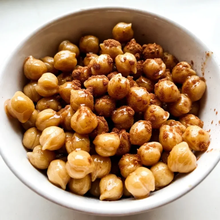To make Maple Cinnamon Roasted Chickpeas, gather these main ingredients: - 1 can (15 oz) chickpeas, drained and rinsed - 2 tablespoons olive oil - 2 tablespoons pure maple syrup - 1 teaspoon ground cinnamon - ½ teaspoon vanilla extract - ¼ teaspoon sea salt - ¼ teaspoon ground nutmeg (optional) These ingredients create a great balance of sweet and savory. The chickpeas provide protein and fiber, while the maple syrup and cinnamon add wonderful flavor. For more depth, you can try these optional ingredients: - Ground nutmeg - A pinch of cayenne pepper for heat - Chopped nuts for crunch Experimenting with these options can make the snack even more exciting. You can tailor the spices to fit your taste. You will need some basic tools to prepare this recipe: - Baking sheet - Parchment paper - Mixing bowl - Spoon or spatula for mixing Having these items ready will make your cooking easier. They ensure your chickpeas cook evenly and clean up is simple. {{ingredient_image_1}} First, gather your ingredients. You will need: - 1 can (15 oz) chickpeas, drained and rinsed - 2 tablespoons olive oil - 2 tablespoons pure maple syrup - 1 teaspoon ground cinnamon - ½ teaspoon vanilla extract - ¼ teaspoon sea salt - ¼ teaspoon ground nutmeg (optional) Rinse the chickpeas well under cold water. This helps remove extra salt and makes them crispier. Drain them completely to avoid excess moisture. In a bowl, mix the chickpeas with olive oil, maple syrup, cinnamon, vanilla, sea salt, and nutmeg if you use it. Stir well to coat all the chickpeas evenly. Preheat your oven to 400°F (200°C). Line a baking sheet with parchment paper. This keeps the chickpeas from sticking. Spread the chickpeas in a single layer on the sheet. Make sure they are not crowded; give them space to crisp up. Roast them in the oven for 25 to 30 minutes. Stir them halfway through to ensure even cooking. Keep a close eye on them to avoid burning. The chickpeas should turn golden brown and crunchy. After roasting, remove the chickpeas from the oven. Let them cool for a few minutes on the baking sheet. They will get crunchier as they cool. For serving, you can place them in a small bowl. They make a great snack or a tasty topping on salads. Add a sprinkle of extra cinnamon for a lovely aroma and flavor. Enjoy your delicious maple cinnamon roasted chickpeas! To get your chickpeas nice and crunchy, start with dry chickpeas. Drain and rinse them well. Pat them dry with a towel. This step is key. Too much moisture will lead to soggy snacks. Use a single layer on your baking sheet. This allows air to flow around them. Stir them halfway through roasting to ensure even cooking. Keep an eye on them as they roast. They can go from perfect to burnt quickly. One big mistake is using wet chickpeas. Always dry them well before cooking. Another mistake is overcrowding the baking sheet. If they are too close together, they will steam instead of roast. Avoid skipping the stirring step. This helps them cook evenly and prevents burning. Lastly, don't rush the cooling. Let them cool completely to reach maximum crunch. Want to jazz up your chickpeas? Try adding a pinch of cayenne pepper for heat. It pairs well with maple and cinnamon. You can also add a dash of smoked paprika for a savory twist. Experiment with different spices. Garlic powder or onion powder can add depth. A sprinkle of cocoa powder gives a unique flavor. The key is to balance the sweetness with savory notes. Pro Tips Dry Chickpeas Well: Make sure to thoroughly dry the chickpeas after rinsing. This helps them crisp up nicely during roasting. Adjust Sweetness: Feel free to modify the amount of maple syrup to suit your taste, especially if you prefer a less sweet snack. Experiment with Spices: Don’t hesitate to try other spices like paprika or cayenne pepper for a savory twist on this recipe. Store Properly: Keep leftovers in an airtight container at room temperature for up to three days to maintain their crunch. {{image_2}} You can change the sweetener in this recipe. Try honey, agave syrup, or coconut sugar. Each option gives the chickpeas a new taste. Honey adds a floral note. Agave is milder and works well too. Coconut sugar will bring a hint of caramel flavor. Feel free to mix and match to find your favorite! Want a different flavor? Try adding savory spices. Paprika, cumin, or garlic powder can change the game. Start with half a teaspoon of each spice. This adds a kick and makes a great snack. You can also try mixing sweet and savory spices. The contrast will surprise you! To make your snack even better, add nuts or seeds. Almonds, pecans, or sunflower seeds work well. Just toss them in with the chickpeas. They will roast together and create a yummy mix. This not only adds crunch but also boosts nutrition. You can experiment with your favorites! Store your maple cinnamon roasted chickpeas in an airtight container. This keeps them fresh and crunchy. Make sure the container is dry to avoid sogginess. You can use a glass jar or a plastic container with a tight seal. Roasted chickpeas can last up to one week at room temperature. If you keep them in the fridge, they may stay good for about ten days. Always check for any signs of moisture or softness before snacking. To reheat the chickpeas, use an oven. Spread them on a baking sheet and bake at 350°F (175°C) for about 5-10 minutes. This will help them regain their crunch. Avoid using the microwave, as it can make them soft. Enjoy every bite! Yes, you can use dried chickpeas. You need to soak and cook them first. Soak them overnight in water. Then, boil them until soft. This process takes longer than using canned chickpeas but brings great taste. Chickpeas are rich in protein and fiber. They help keep you full and satisfied. They also provide vitamins like B6 and minerals like iron and magnesium. Plus, they support heart health and aid digestion. Yes, you can. You can roast the chickpeas in advance. Just store them in an airtight container. Keep them in a cool, dry place. They will stay fresh for a few days. Chickpeas are done when they are golden brown and crispy. Stir them halfway through cooking for even roasting. If they look dry and crunchy, they are ready. Let them cool to get even crispier. Maple cinnamon roasted chickpeas are a tasty snack. This blog shared ingredients, tools, and step-by-step instructions. We discussed tips for crispiness and how to avoid common errors. You can also explore sweet and savory variations to suit your taste. In closing, these roasted chickpeas are fun to make and enjoy. They are easy to store and reheat. With these tips, you’ll have a great snack for anytime. Enjoy your delicious creation!