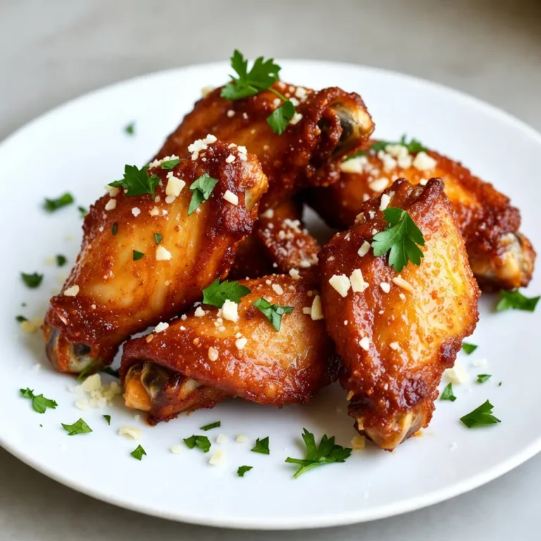 - 2 lbs chicken wings - 4 tablespoons olive oil - 6 cloves garlic, minced - 1 teaspoon onion powder - 1 teaspoon paprika - 1 teaspoon salt - ½ teaspoon black pepper - 1 cup grated Parmesan cheese - 2 tablespoons finely chopped fresh parsley Use a kitchen scale to measure 2 lbs of chicken wings. This ensures you have enough for everyone. For the olive oil, use a standard tablespoon measuring spoon to get 4 tablespoons. Mince 6 cloves of garlic finely for the best flavor. When measuring dry spices, like onion powder and paprika, use a teaspoon. This gives you the right balance of taste. The same goes for salt and black pepper. Finally, for Parmesan, grate it fresh for a rich taste. You can also buy pre-grated cheese if you prefer speed. - Lemon wedges Lemon adds a bright kick to the wings. You squeeze it on right before eating. It enhances the garlic and cheese flavors. If you want a fresh touch, lemon is a great choice. It’s simple and brings out the best in your dish. {{ingredient_image_1}} First, make sure to preheat your air fryer to 400°F (200°C). This step helps to cook the wings evenly. Next, take the chicken wings and pat them dry using paper towels. This removes extra moisture, making the wings crispier when cooked. In a large bowl, mix together the olive oil, minced garlic, onion powder, paprika, salt, and black pepper. Stir well to combine all the ingredients. This mixture creates a rich flavor that will soak into the wings. Add the chicken wings to the bowl with the marinade. Toss them well so every wing gets coated with the tasty mix. Then, place the wings in a single layer in the air fryer basket. You might need to fry them in batches if your basket is small. Cook the wings for 25 to 30 minutes. Shake the basket halfway through to ensure even cooking. When they turn golden brown and crispy, they are ready. After cooking, move the wings to a large bowl. While they are hot, sprinkle the grated Parmesan cheese on top. Toss the wings to coat them evenly in cheese. Finally, garnish with chopped parsley and serve with lemon wedges for a fresh taste. To get crispy wings, start with dry chicken. Pat them with paper towels before you season. This helps the skin crisp up well. Use your air fryer at 400°F (200°C). This high heat makes the wings golden and crunchy. Make sure to toss the wings halfway through cooking. This ensures even cooking and crispiness on all sides. To boost flavor, use fresh garlic. It adds a strong, rich taste. You can also add more spices like cayenne for heat or smoked paprika for a deep flavor. Tossing the wings in Parmesan while they are hot helps the cheese stick. You can garnish with fresh parsley for a pop of color and taste. Lemon wedges on the side add a bright, zesty touch. Cooking wings takes time but is worth it. Air fry them for 25 to 30 minutes. Check if they are golden brown. If they need more time, add a few more minutes. Each air fryer is different, so keep an eye on them. For best results, cook in batches so the wings do not crowd the basket. This allows hot air to circulate, which keeps them crispy. Pro Tips Dry the Wings: Make sure to pat the chicken wings dry thoroughly before marinating. This will help them achieve a crispier texture when air-fried. Marinate Longer: If time allows, marinate the chicken wings for at least 30 minutes or even overnight in the refrigerator. This will enhance the flavor dramatically. Don’t Overcrowd: When placing the wings in the air fryer, ensure they are in a single layer. Overcrowding can lead to uneven cooking and less crispy wings. Toss with Extra Parmesan: For an additional cheesy flavor, consider tossing the wings with extra Parmesan cheese after air frying for a deliciously rich finish. {{image_2}} For a kick, add spicy seasonings. Mix in 1-2 teaspoons of cayenne pepper or chili powder into your marinade. This spice makes the wings hot and flavorful. After air frying, sprinkle extra Parmesan for a crunchy bite. Serve with blue cheese dressing to cool down the heat. For a sweet twist, add honey to your marinade. Combine 2-3 tablespoons of honey with the olive oil and garlic. This gives the wings a nice glaze. The honey balances the savory taste of the Parmesan. These wings pair great with a side of fresh veggies. To make these wings fresh and bright, mix in herbs. Add 1-2 teaspoons of dried oregano or thyme to your marinade. You can also use fresh herbs, like rosemary or basil, finely chopped. This makes the wings smell amazing and adds depth to the flavor. The herbs work perfectly with the garlic and Parmesan mix. After you enjoy your garlic Parmesan wings, store any leftovers in an airtight container. Let them cool to room temperature first. This keeps them fresh. Place the container in the fridge. They should stay good for up to three days. To reheat your wings, preheat your air fryer to 375°F (190°C). Place the wings in a single layer in the basket. Heat them for about 5 to 7 minutes. This method keeps them crispy. You can also use the oven. Set it to 350°F (175°C) and bake for 10 to 15 minutes. You can freeze cooked wings for a tasty snack later. Let the wings cool completely. Place them in a freezer-safe bag. Remove as much air as possible before sealing. They can last for up to three months in the freezer. When you’re ready to eat, thaw them in the fridge overnight before reheating. To make air fryer wings crispy, dry the wings well before cooking. Moisture can lead to soggy wings. Use a paper towel to pat them dry. Then, coat them in olive oil and your favorite seasonings. The oil helps the skin crisp up in the air fryer. Cooking at a high temperature, like 400°F, also helps a lot. Shake the basket halfway through to ensure even cooking. Yes, you can use frozen chicken wings. However, you should thaw them first for best results. If you cook from frozen, increase the cooking time by about five to ten minutes. Check their internal temperature to ensure they reach 165°F. Remember to dry them well after thawing to get crispy wings. Garlic parmesan wings taste great with many sauces. You can try classic ranch or blue cheese for a creamy dip. Hot sauce adds a nice kick if you like spice. Honey mustard also pairs well, giving a sweet balance to the savory wings. Serve lemon wedges for a fresh squeeze to enhance the flavors. In this post, we explored how to make delicious garlic parmesan wings. We covered ingredients, measured them, and shared tips for perfect crispiness. You learned step-by-step instructions for prepping and air frying the wings, plus tasty variations and how to store them. Enjoying these wings can bring friends and family together. Remember, customizing flavors can make this dish even better. Happy cooking and enjoy your crispy, tasty wings!
