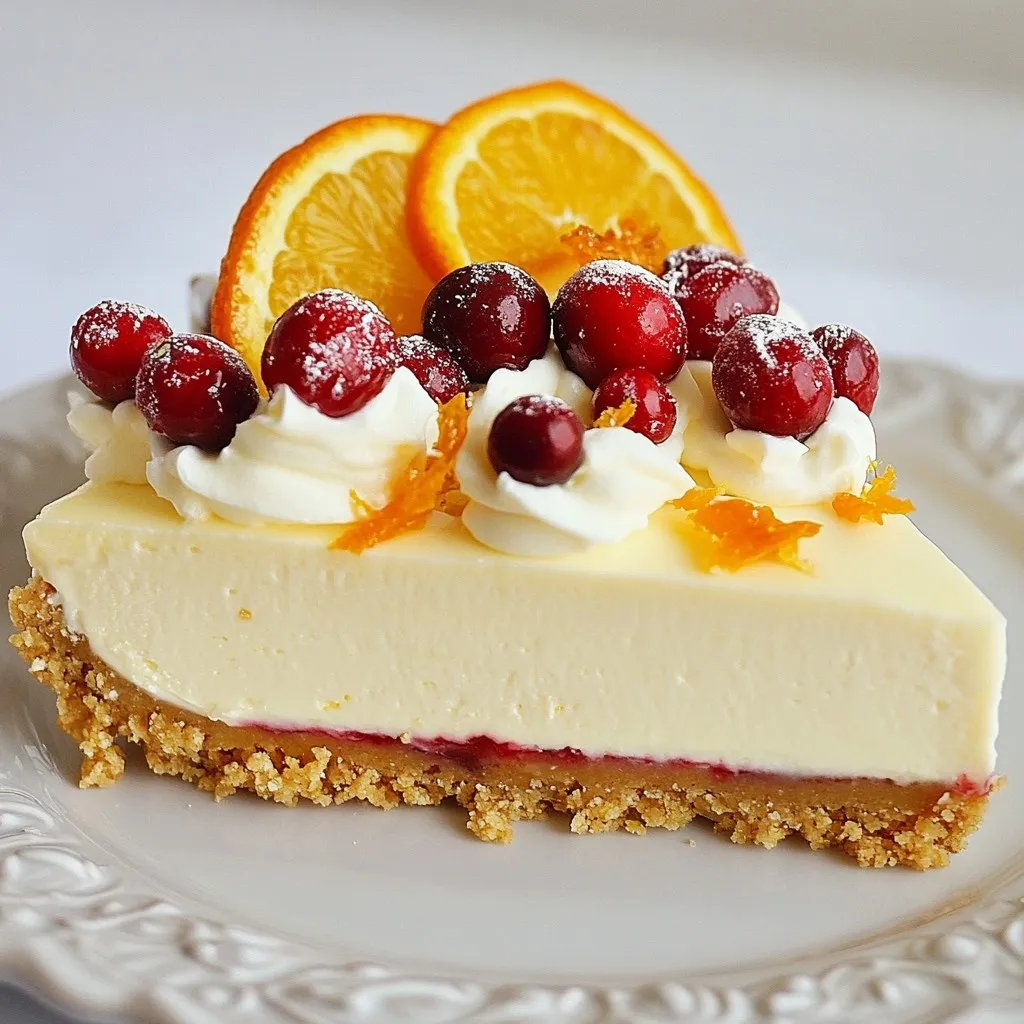 To make a delicious cranberry orange cheesecake, you need these main ingredients: - 1 ½ cups graham cracker crumbs - ½ cup unsalted butter, melted - 4 (8 oz) packages cream cheese, softened - 1 cup granulated sugar - 1 teaspoon vanilla extract - 4 large eggs - Zest of 1 orange - 1 cup fresh cranberries, chopped - ½ cup orange juice - 1 tablespoon cornstarch - 1 teaspoon cinnamon - ¼ teaspoon salt Each ingredient plays a key role. The cream cheese gives the cheesecake its rich texture. The graham cracker crumbs form a sturdy crust. The orange zest and juice add bright flavors. Fresh cranberries give a tart twist that balances the sweetness. Choosing high-quality ingredients makes a big difference. For the cream cheese, look for a full-fat version. It gives a smooth and creamy texture. Use fresh cranberries if possible. They taste better and provide a beautiful pop of color. For the orange, choose one that feels heavy. This means it's juicy and full of flavor. When it comes to sugar, granulated works best. It dissolves well and keeps the cheesecake smooth. For the crust, any brand of graham crackers will do, but choose ones with fewer added ingredients for the best taste. Garnishes add flair and flavor. Consider these options: - Whipped cream - Fresh cranberries - Slices of orange Whipped cream gives a light touch. Fresh cranberries add a festive look. Orange slices not only look nice but also enhance the citrus flavor. These garnishes make the cheesecake even more appealing when you serve it. {{ingredient_image_1}} First, preheat your oven to 325°F (160°C). Grease a 9-inch springform pan with butter. This helps the cheesecake come out easily later. Next, grab a medium bowl. Mix 1 ½ cups of graham cracker crumbs with ½ cup of melted unsalted butter. Stir until combined. Press this mixture firmly into the bottom of the springform pan. This forms a tasty crust. Bake the crust for 10 minutes, then let it cool completely. Now, let’s focus on the cheesecake filling. In a large mixing bowl, beat 4 packages of softened cream cheese with 1 cup of granulated sugar. Mix until it is creamy and smooth. Then, add 1 teaspoon of vanilla extract, the zest of 1 orange, and ¼ teaspoon of salt. Mix these in until well blended. Next, add the eggs one at a time. Stir gently after each egg, so the batter stays fluffy. In a small bowl, toss 1 cup of fresh cranberries with 1 tablespoon of cornstarch and 1 teaspoon of cinnamon. This adds flavor and helps keep the cranberries from sinking. Fold the cranberry mixture and ½ cup of orange juice into the cream cheese mixture. Pour this batter over your cooled crust. Smooth the top with a spatula. Bake in the oven for 55-60 minutes. Check for doneness when the center is set but still jiggly. Once it’s done baking, turn off the oven. Crack the oven door open and let the cheesecake cool slowly for about an hour. This step helps to prevent cracks on the surface. After it cools, transfer it to the fridge. Chill for at least 4 hours, or overnight for the best taste. When you’re ready to serve, remove the springform pan. Serve the cheesecake chilled, topped with whipped cream, fresh cranberries, and orange slices for a festive touch. Enjoy your delightful treat! To prevent cracks in your cheesecake, follow these steps: - Slow cooling: After baking, turn off the oven and crack the door. This lets the cheesecake cool slowly. - Don’t overmix: Mix the batter just until combined. Overmixing adds air, which can lead to cracks. - Water bath: Use a water bath for baking. Place the springform pan in a larger pan filled with hot water. This keeps the heat even. For the best taste, serve your cheesecake chilled. Top it with: - Whipped cream: A dollop of whipped cream enhances richness. - Fresh cranberries: They add a burst of tartness. - Orange slices: These give a nice color and zest. - Mint leaves: A sprig of mint adds freshness and a pop of green. When mixing your cheesecake ingredients, keep these tips in mind: - Room temperature: Make sure your cream cheese is soft. This helps create a smooth batter. - Add eggs one at a time: This ensures even mixing without overworking the batter. - Fold gently: When adding cranberries, fold them in slowly. This keeps the mixture light and avoids breaking the cranberries. These tips will help you create a perfect cranberry orange cheesecake every time! Pro Tips Use Room Temperature Ingredients: Make sure your cream cheese and eggs are at room temperature for a smoother batter that incorporates better without lumps. Prevent Cracking: Allow the cheesecake to cool gradually in the oven with the door ajar after baking. This helps to prevent cracks on the surface. Chill Thoroughly: For the best texture and flavor, chill the cheesecake for at least 4 hours or overnight before serving. Garnish Creatively: Enhance the presentation with a drizzle of orange glaze or sprinkle of powdered sugar alongside the whipped cream and fruit garnishes. {{image_2}} You can change the fruit in this cheesecake for a new taste. Try using fresh blueberries or raspberries. These fruits give a sweet and tangy flavor. If you want something unique, use mango or passion fruit. They add a tropical twist that surprises your guests. You can also mix fruits. A berry blend gives a colorful look and bright flavor. The key is to keep the fruit fresh and juicy for the best results. While graham crackers are classic, you can use other crusts too. A cookie crust made from Oreos works well. The chocolate flavor adds a rich touch. If you prefer a nutty taste, try a crust made from crushed almonds or pecans. You can also use a shortbread crust for a buttery taste. Each crust changes the overall flavor and look of your cheesecake. Choose what you love most! You can easily change the flavor of your cheesecake. Adding chocolate is one option. Mix in cocoa powder for a chocolate-orange treat. If you enjoy spices, add nutmeg or ginger for warmth. You might also experiment with extracts. Almond or coconut extracts can create an interesting twist. Don't forget to taste as you go. This way, you can adjust flavors to your liking. The possibilities are endless! To keep your cheesecake fresh, cover it tightly with plastic wrap. You can also use an airtight container. Store it in the fridge for up to five days. If you notice any signs of spoilage, like off smells or mold, it's best to discard it. For serving, slice pieces directly from the cheesecake. This way, you minimize exposure to air, keeping it tasty. If you want to store your cheesecake longer, freezing is a great option. First, let the cheesecake cool completely. Then, wrap it tightly in plastic wrap. After that, place it inside a heavy-duty freezer bag or an airtight container. This helps prevent freezer burn. You can freeze your cheesecake for up to three months. Remember to label the container with the date. To enjoy your frozen cheesecake, move it from the freezer to the fridge. Let it thaw overnight. This keeps the texture smooth and creamy. If you need it sooner, you can thaw it at room temperature for about two hours. Avoid using a microwave, as this can change the texture. Once thawed, enjoy it plain or with your favorite toppings! Yes, you can use frozen cranberries. They work well in this recipe. Just make sure to thaw and drain them first. This prevents extra moisture in your cheesecake. Frozen cranberries may be softer than fresh ones, but they still add great flavor. If you need a substitute for cream cheese, try Greek yogurt or ricotta cheese. Both can give a creamy texture. Keep in mind that the taste will change slightly. For a dairy-free option, you can use cashew cream. Blend soaked cashews with a bit of lemon juice for a smooth texture. The cheesecake is done when the center is set but slightly jiggly. Check it by gently shaking the pan. If the edges are firm and the center wobbles a bit, it’s ready. You want to avoid overbaking, as this can lead to cracks. Refrigerating overnight is best for flavor and texture. It allows the cheesecake to set properly. If you’re in a hurry, chill it for at least four hours. However, overnight cooling gives the best results. Yes, you can make this cheesecake ahead of time. It stores well in the fridge for up to five days. It’s perfect for parties or gatherings. Just make sure to keep it covered to prevent it from drying out. This blog post covered how to make a delicious cranberry orange cheesecake. We explored the key ingredients, including quality choices and optional garnishes. You learned about the step-by-step process from prep to cooling. We shared tips to avoid cracks and suggested serving ideas. You also found variations to try and storage methods for leftovers. In conclusion, with these insights, you can confidently bake a perfect cheesecake. Enjoy the process and make it your own!