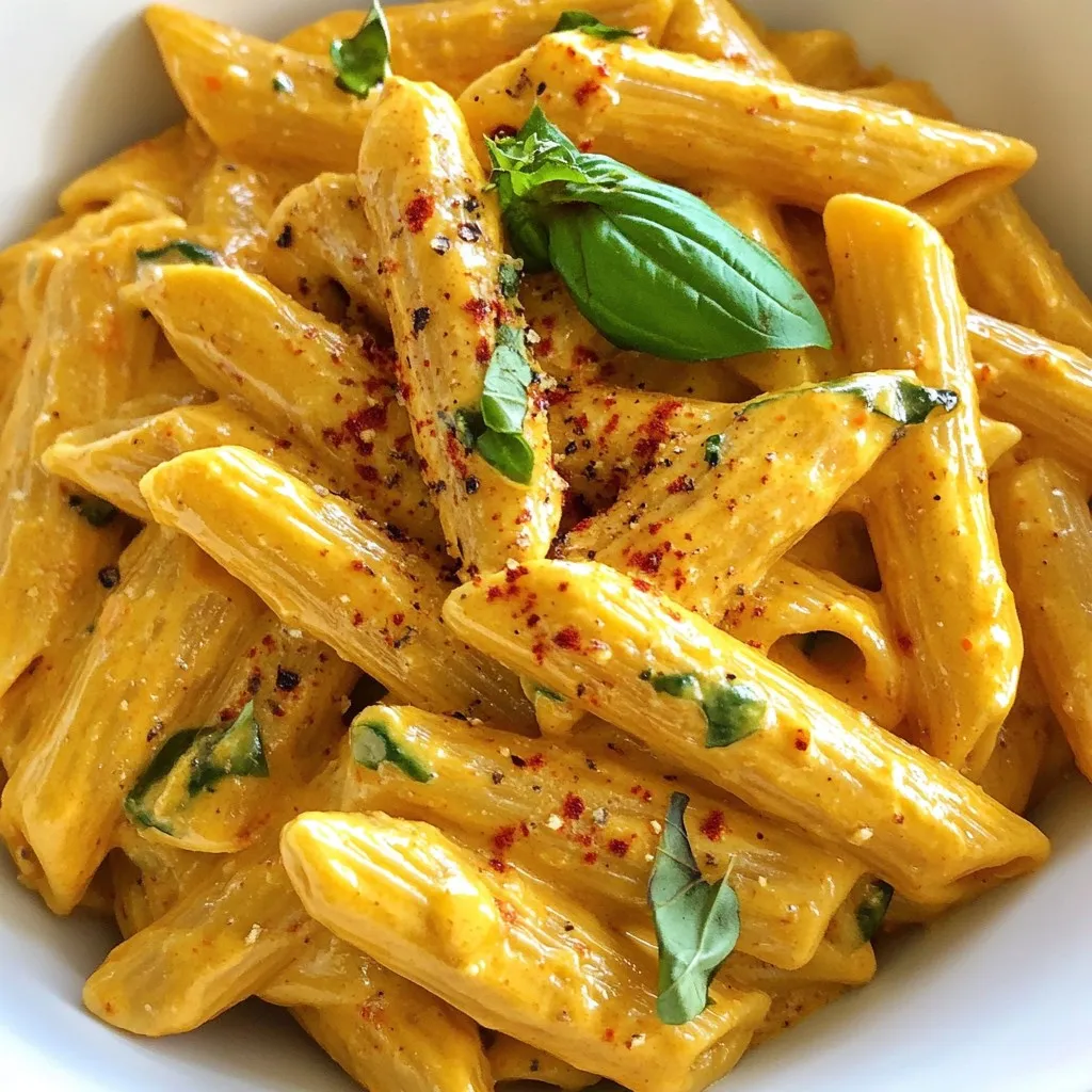 - 12 oz pasta (penne or fettuccine) - 2 large red bell peppers - 1 cup heavy cream - 1/2 cup grated Parmesan cheese - 2 cloves garlic, minced - 1 tablespoon olive oil - 1 teaspoon dried oregano - 1 teaspoon smoked paprika - Salt and pepper to taste - Fresh basil leaves, for garnish To make creamy roasted red pepper pasta, you will need a few key tools: - Baking sheet - Blender or food processor - Large skillet - Pot for boiling pasta - Knife and cutting board Use fresh, firm red bell peppers for the best flavor. Look for peppers with smooth skin and no blemishes. Choose heavy cream that is not close to its expiration date. This will ensure a rich and creamy sauce. For cheese, use freshly grated Parmesan instead of pre-grated. It melts better and tastes fresher. Lastly, fresh basil adds a bright finish, so get the freshest leaves you can find! {{ingredient_image_1}} To start, preheat your oven to 425°F (220°C). This step is key for roasting. Next, cut the two red bell peppers in half. Remove the seeds and place them cut-side down on a baking sheet. Roast those peppers for about 20 to 25 minutes. You want the skins to get charred and blistered. Once done, take them out and place them in a bowl. Cover the bowl tightly with plastic wrap. This will steam the peppers, making the skin easy to peel. Let them sit for about 10 minutes. When the time is up, peel off the skin and chop the peppers into smaller pieces. While the peppers steam, it’s time to cook the pasta. Use 12 oz of penne or fettuccine for this dish. Follow the package instructions to cook the pasta until it is al dente. Once cooked, drain the pasta but save 1/2 cup of the pasta water. This water will help later on to make the sauce creamy and smooth. Now, let's make the star of the show: the creamy sauce. In a blender or food processor, combine the roasted red peppers, 1 cup of heavy cream, 2 minced garlic cloves, 1 teaspoon of dried oregano, 1 teaspoon of smoked paprika, and a pinch of salt and pepper. Blend everything until it is smooth and creamy. Heat a large skillet over medium heat and add 1 tablespoon of olive oil. Pour the creamy red pepper sauce into the skillet and bring it to a gentle simmer. If the sauce is too thick, stir in some reserved pasta water until you reach your desired consistency. Add the cooked pasta to the skillet and toss it well to coat. Finally, stir in 1/2 cup of grated Parmesan cheese. Let it melt into the sauce and mix everything well. Adjust the seasoning with salt and pepper to taste. Serve your creamy roasted red pepper pasta hot, garnished with fresh basil leaves. Enjoy your delightful meal! To get a rich and smooth sauce, start with roasted red peppers. Roast them until their skins are charred. This adds depth to the flavor. Use heavy cream for creaminess. Blend the peppers, cream, and spices until smooth. If the sauce is too thick, add some reserved pasta water. This makes it silky and coats the pasta well. One common mistake is not roasting the peppers long enough. If you skip this step, the sauce will lack flavor. Another mistake is adding too much salt too early. Taste as you go to balance flavors. Also, avoid overcooking the pasta. You want it al dente, which means firm to the bite. This helps it hold up in the sauce. If you like a bit of heat, add red pepper flakes. Start with a pinch and taste. You can always add more. For a milder dish, skip the smoked paprika. Instead, focus on the creamy elements. Fresh basil also adds flavor without spice. Toss in some fresh basil leaves at the end for a fragrant finish. Pro Tips Use Fresh Garlic: Fresh minced garlic will provide a more vibrant flavor compared to pre-minced options. Add it to the sauce just before blending for a fresher taste. Reserve Pasta Water: Always save some pasta water before draining. It contains starch that helps thicken the sauce and helps it cling to the pasta better. Customize the Spice: For a bit of heat, consider adding red pepper flakes to the sauce. Adjust the amount to your preferred spice level. Garnish Wisely: Fresh basil not only adds flavor but also enhances the dish's presentation. Tear the leaves instead of chopping to release more aroma. {{image_2}} You can make this dish vegetarian by keeping the same base recipe. The creamy roasted red pepper sauce is rich and flavorful. You can also add veggies like spinach, mushrooms, or zucchini to the pasta. These additions provide extra taste and nutrients. For a crunchy texture, consider adding pine nuts or sunflower seeds. They add a nice bite while staying true to vegetarian options. If you want to add protein, grilled chicken or shrimp pairs well with this dish. Simply cook the protein separately, then toss it with the pasta and sauce. For a plant-based option, try chickpeas or tofu. They soak up the creamy sauce nicely. Adding protein makes the meal heartier and more satisfying. To make this pasta gluten-free, use gluten-free pasta. Many brands offer great options that taste just as good. You can also substitute heavy cream with coconut milk for a lighter version. This keeps the dish creamy and adds a hint of sweetness. Always check labels to ensure all ingredients are gluten-free. Enjoying this dish without gluten is easy with these simple swaps! To keep your creamy roasted red pepper pasta fresh, let it cool completely. Place it in an airtight container. You can store it in the fridge for up to three days. Be sure to label the container with the date to track freshness. If you want to enjoy it later, you can freeze it. When you're ready to eat your leftover pasta, take it out of the fridge. You can reheat it on the stove over low heat. Add a splash of water or cream to keep it creamy. Stir often to prevent sticking. If you use a microwave, heat it in short bursts. Stir between each burst for even warming. To freeze this dish, pack the cooled pasta in a freezer-safe container. Leave some space at the top for expansion. It can last in the freezer for up to three months. When you want to enjoy it, thaw it in the fridge overnight. Then, reheat as mentioned above. This way, you can savor a delicious meal anytime! To make creamy roasted red pepper pasta, start by roasting red bell peppers. Preheat your oven to 425°F (220°C). Cut the peppers in half and remove the seeds. Place them cut-side down on a baking sheet. Roast for 20-25 minutes until the skins are charred. After roasting, cover the peppers in a bowl with plastic wrap. Let them steam for 10 minutes. This helps with peeling the skin. While they steam, cook 12 oz of pasta like penne or fettuccine. Cook until it is al dente. Drain the pasta, saving 1/2 cup of pasta water. Peel the skins from the peppers and chop them. Blend the peppers with 1 cup of heavy cream, 2 minced garlic cloves, 1 teaspoon of dried oregano, 1 teaspoon of smoked paprika, and salt and pepper until smooth. In a large skillet, heat 1 tablespoon of olive oil over medium heat. Pour your creamy sauce into the skillet and let it simmer. Add reserved pasta water to reach your desired sauce thickness. Toss in the pasta and mix well. Stir in 1/2 cup of grated Parmesan cheese. Serve hot, garnished with fresh basil leaves. Yes, you can substitute heavy cream in this recipe. Use alternatives like half-and-half, whole milk, or coconut cream for a dairy-free option. Each will change the sauce's richness. If you choose a thinner option, like whole milk, add a bit of flour or cornstarch to thicken it. Adjust cooking times based on what you use. This keeps the sauce creamy and delicious. The best sides to serve with creamy roasted red pepper pasta include: - Garlic bread - A fresh green salad - Roasted vegetables - Steamed broccoli - Grilled chicken These sides balance the rich sauce and add flavor. Enjoy your meal with a glass of white wine or sparkling water for a refreshing touch! We covered the key points for making creamy roasted red pepper pasta. You learned about ingredients, necessary equipment, and tips for choosing top-quality items. I provided step-by-step instructions on prepping bell peppers, cooking pasta, and making the sauce. You also got tips for achieving the perfect creaminess and avoiding mistakes. Plus, we explored variations for different diets and storage tips for leftovers. Now you have all the tools to make a delicious dish. Enjoy cooking and impressing your friends and family!