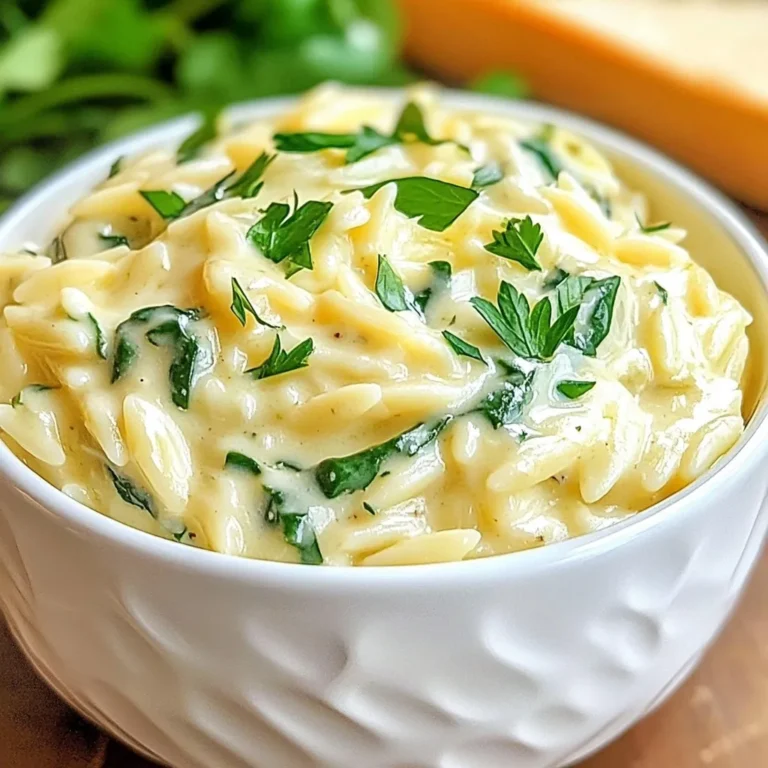 - 1 cup orzo pasta - 2 tablespoons olive oil - 4 cloves garlic, minced - 2 cups vegetable broth - 1 cup heavy cream - 1 cup grated Parmesan cheese - 1 teaspoon dried Italian herbs (basil, oregano, thyme) - Salt and pepper to taste - 1 cup spinach, chopped - Fresh parsley, chopped (for garnish) You can add a protein like cooked chicken or shrimp for extra flavor. Sun-dried tomatoes add a nice touch too. For a kick, consider red pepper flakes. If you lack orzo, use another small pasta like ditalini or couscous. You can swap heavy cream with half-and-half or a dairy-free option like coconut milk. If you are out of Parmesan, try Pecorino or nutritional yeast for a vegan twist. {{ingredient_image_1}} Start by gathering all your ingredients. This makes cooking easier and fun. Measure out 1 cup of orzo pasta and 2 tablespoons of olive oil. You will also need 4 cloves of garlic, minced, and 2 cups of vegetable broth. Have 1 cup of heavy cream ready, along with 1 cup of grated Parmesan cheese. Don't forget the 1 teaspoon of dried Italian herbs and salt and pepper to taste. Finally, chop 1 cup of spinach and some fresh parsley for garnish. 1. In a large pot, heat the olive oil over medium heat. Add the minced garlic and sauté for 1-2 minutes. The garlic should smell nice, but don't let it burn. 2. Next, add the orzo pasta to the pot. Stir well to coat the pasta with the oil and garlic. Let it toast for 1-2 minutes, stirring now and then. 3. Pour in the vegetable broth, bringing it to a gentle boil. Once it boils, lower the heat and cover the pot. Cook the orzo for about 10-12 minutes, stirring occasionally. The liquid should be mostly absorbed, and the pasta should be al dente. 4. Now, stir in the heavy cream and grated Parmesan cheese. Add the dried Italian herbs, salt, and pepper. Mix until the cheese melts and the sauce becomes creamy. 5. Gently fold in the chopped spinach. Cook for an extra 2-3 minutes until the spinach wilts and everything is warm. 6. Remove the pot from the heat and let it sit for a few minutes. This helps the dish thicken slightly. To make your One-Pot Alfredo Orzo extra creamy, here are some tips: - Use fresh cream instead of low-fat options. It adds richness. - Stir in the cheese gradually. This helps it melt evenly. - Let the dish sit after cooking. This lets it thicken up nicely. - For a richer taste, add a drizzle of olive oil before serving. To get the best texture, cook the orzo until it is al dente. This means it should be firm but not hard. When you add the heavy cream and cheese, stir well. This helps create a smooth and creamy sauce. Let it sit for a few minutes after cooking. This lets the sauce thicken nicely. Keep your heat on medium while cooking. This helps the garlic cook without burning. Stir the orzo often while it cooks. This prevents it from sticking to the pot. If you find the sauce too thick, add a splash of broth or water. This will help loosen it up without losing flavor. Taste your dish before serving. If it needs more flavor, add more salt or pepper. You can also add extra herbs if you want. Fresh herbs like basil or parsley give a nice boost. If you want a bit of heat, try adding red pepper flakes. Just a pinch can add a nice kick! Pro Tips Perfectly Toasted Orzo: Toasting the orzo in olive oil and garlic for a couple of minutes adds depth and enhances the flavor of the dish. Control Creaminess: For a lighter sauce, you can replace half of the heavy cream with low-fat milk or a plant-based milk alternative. Flavor Boost: Experiment with adding fresh herbs like basil or chives right before serving to elevate the freshness of the dish. Make it a Meal: Add protein options such as grilled chicken, shrimp, or chickpeas to transform this dish into a complete meal. {{image_2}} You can add protein to your One-Pot Alfredo Orzo for extra flavor and nutrients. Chicken is a great choice. Cook bite-sized pieces in the pot with garlic. Shrimp also works well. Just add them when you mix in the cream and cheese. For a meatless option, try chickpeas. They add protein and a nice texture. Feel free to switch up the veggies in your orzo. Broccoli is a crunchy choice. Just steam it lightly before mixing it in. Peas add sweetness and color. You can also use bell peppers for a fresh crunch. Carrots provide a subtle sweetness, too. The more vegetables, the more nutrients! You can make the sauce your own by trying different bases. For a lighter sauce, swap heavy cream for half-and-half or coconut cream. If you want a tangy twist, you can add cream cheese or ricotta. For a dairy-free option, use almond or oat milk, along with nutritional yeast for that cheesy flavor. Get creative and have fun with it! To keep your One-Pot Alfredo Orzo fresh, store it in an airtight container. Make sure it cools down to room temperature before sealing it. This helps prevent moisture build-up. If you plan to eat it later, place it in the fridge. It is best to consume it within a few days for optimal taste. When you are ready to enjoy your orzo again, reheat it gently. You can use a microwave or a stove. If using a microwave, place the orzo in a bowl and cover it with a damp paper towel. Heat it in short bursts, stirring in between. If using the stove, add a splash of broth or cream to help it rehydrate. Heat over low heat, stirring until warm. Properly stored, your One-Pot Alfredo Orzo lasts about 3-4 days in the fridge. If you want to keep it longer, consider freezing it. It can stay frozen for up to 3 months. Just remember to label your container with the date. When ready to eat, thaw it in the fridge overnight before reheating. Yes, you can use other pasta shapes. If you want to swap orzo, try penne or fusilli. Just remember to adjust the cooking time. Smaller pasta cooks faster, while larger pasta may need longer. Always check the package for exact times. To lighten this dish, use low-fat cream instead of heavy cream. You can also cut back on cheese or use a mix of cheese and nutritional yeast. Adding more vegetables can add bulk without many calories. Fresh veggies like zucchini or bell peppers work well here. This dish pairs well with a simple salad. A green salad with lemon vinaigrette is refreshing. You can also serve it with grilled chicken or shrimp for protein. Garlic bread or crusty rolls are great to soak up the creamy sauce too. This blog post covered the essential ingredients for making a tasty One-Pot Alfredo Orzo. You learned about optional ingredients and substitutions to suit your taste. The step-by-step guide helps you prepare and cook efficiently, with tips to get that creamy texture just right. As you experiment with variations and storage, remember that creativity adds fun to cooking. Use this knowledge to make your dish perfect every time. Enjoy your cooking journey!