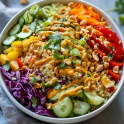 - 1 cup quinoa - 2 cups vegetable broth or water - 1 medium cucumber, diced - 1 red bell pepper, diced - 1 cup shredded carrots - 1 cup red cabbage, thinly sliced - 1/4 cup green onions, chopped - 1/4 cup fresh cilantro, chopped - 1/4 cup peanuts, chopped (for garnish) - 1/4 cup creamy peanut butter - 2 tablespoons soy sauce - 1 tablespoon fresh lime juice - 1 tablespoon maple syrup - 1 teaspoon sesame oil - 1 tablespoon grated ginger - 1 clove garlic, minced - Water (for thinning) Gather these ingredients before you start. You can find quinoa at most grocery stores. Make sure to rinse the quinoa well. This step helps remove the bitter coating called saponin. For the vegetables, choose fresh and colorful ones. The red bell pepper adds sweetness, while the cucumber gives crunch. Shredded carrots and red cabbage also bring texture. Green onions and cilantro add a burst of flavor. For the dressing, creamy peanut butter is key. It’s rich and smooth. Soy sauce adds saltiness, while lime juice gives a nice tang. Maple syrup balances the flavors with a hint of sweetness. Grated ginger and minced garlic add depth. If the dressing is too thick, add a bit of water to reach your desired consistency. This salad is bright, fresh, and perfect for any meal. You can serve it warm or cold. Enjoy the blend of flavors and textures with every bite! {{ingredient_image_1}} - Rinse 1 cup of quinoa under cold water. This helps remove any bitter taste. - In a medium saucepan, combine the rinsed quinoa and 2 cups of vegetable broth or water. Bring this to a boil over high heat. - Once boiling, reduce the heat to low. Cover the pan and let it simmer for about 15 minutes. - When the quinoa is fluffy and the liquid is gone, remove it from heat. Let it cool for a few minutes. - In a small bowl, add 1/4 cup of creamy peanut butter, 2 tablespoons of soy sauce, and 1 tablespoon each of fresh lime juice and maple syrup. - Next, add 1 teaspoon of sesame oil, 1 tablespoon of grated ginger, and 1 minced garlic clove. - Whisk all the ingredients together until smooth. If the dressing is too thick, add a little water to get the right consistency. - In a large bowl, combine the cooled quinoa with 1 medium diced cucumber, 1 diced red bell pepper, 1 cup of shredded carrots, and 1 cup of thinly sliced red cabbage. - Add 1/4 cup each of chopped green onions and fresh cilantro to the mixture. - Pour the peanut dressing over the salad and toss well to coat each ingredient. - Taste the salad and adjust the flavor by adding more lime juice or soy sauce if you like. - Let the salad sit for about 10 minutes. This helps the flavors mix well. - Serve in bowls, topped with 1/4 cup of chopped peanuts for a nice crunch. To avoid mushy quinoa, you need to rinse it well before cooking. Rinsing removes the saponins, which can make quinoa taste bitter. Use a fine mesh strainer for the best results. Here's how to rinse quinoa: - Place quinoa in a fine mesh strainer. - Rinse under cold water for about 1-2 minutes. - Agitate the quinoa with your hands to ensure even rinsing. After rinsing, use a ratio of 1 cup quinoa to 2 cups vegetable broth or water. Bring it to a boil, then cover and simmer on low for 15 minutes. Let it sit off the heat for 5 minutes. This helps keep it fluffy and prevents mushiness. To adjust the thickness of your peanut dressing, start with the base ingredients. If it feels too thick, slowly add water, a tablespoon at a time. Whisk well after each addition until you reach your desired consistency. For flavor adjustments, taste the dressing after mixing. If you want more tang, add lime juice. If you like it sweeter, add more maple syrup. Play around with the flavors to find what you enjoy the most. Serve the Thai peanut quinoa salad in bowls for a colorful display. You can also serve it on a large platter for sharing. For ideal pairings, consider adding sliced grilled chicken for protein. Tofu is a great vegan option too. This salad pairs well with fresh spring rolls or a light soup. Enjoy your meal with a refreshing drink, like iced tea or coconut water. Pro Tips Rinse the Quinoa: Always rinse quinoa before cooking to remove its natural coating, called saponin, which can give it a bitter taste. Add More Veggies: Feel free to add any seasonal vegetables you like, such as cherry tomatoes or snap peas, to enhance the salad's flavor and nutrition. Make Ahead: This salad can be made a day in advance; just keep the dressing separate until you’re ready to serve to maintain freshness. Customize the Dressing: Adjust the sweetness or saltiness of the peanut dressing by varying the amount of maple syrup or soy sauce to suit your taste. {{image_2}} You can swap out the cucumber and bell pepper for many other veggies. Try using diced zucchini or sliced radishes. These will add different flavors and textures. You can also use seasonal vegetables. In summer, fresh corn or cherry tomatoes work well. In fall, roasted butternut squash is a tasty choice. Want to boost the protein? Add grilled chicken or cubes of tofu. Chicken adds a savory flavor, while tofu makes it vegan-friendly. You can also try chickpeas or edamame for extra protein. These options keep the salad filling without losing its fresh taste. Not a fan of peanuts? You can choose nut-free dressings. A tahini or sunflower seed butter dressing is a great swap. You can also make your own. Mix olive oil, lemon juice, and a touch of maple syrup for a light dressing. This keeps the salad creamy and delicious without the nuts. Store your Thai peanut quinoa salad in an airtight container. This keeps it fresh longer. Use glass or plastic containers with tight lids. If you have multiple servings, divide them into smaller containers. This way, you can grab a portion easily. The salad stays fresh for about 3 to 5 days in the fridge. After that, the veggies may wilt and lose taste. Look for signs of spoilage, like a sour smell or slimy texture. If the salad smells off or looks bad, toss it out. You usually serve this salad cold. If you prefer warm quinoa, heat it gently in the microwave. Add a splash of water to keep it moist. Heat in short bursts to avoid overcooking. Remember, the salad tastes best cold, so enjoy it fresh! Quinoa is a tiny seed that cooks like a grain. It is high in protein and fiber. Quinoa also has vitamins and minerals. This makes it a healthy choice for salads. - Nutritional benefits of quinoa: - Complete protein source - Rich in fiber - Contains magnesium and iron Quinoa adds great texture to salads. It absorbs flavors well. It also makes the salad more filling. Yes, you can make this salad ahead of time. It is great for meal prep. Just follow a few best practices. - Best practices for meal prep: - Make the quinoa and dressing first. - Store dressing separate until serving. - Mix salad ingredients just before eating. You can store this salad in the fridge for up to three days. Keep it in a sealed container. Check for freshness before eating. Yes, this recipe is gluten-free. Most ingredients do not contain gluten. Always check labels to be sure. - Assessing gluten content in ingredients: - Quinoa is gluten-free. - Soy sauce can contain gluten. To keep it gluten-free, use tamari sauce instead of regular soy sauce. This way, you can enjoy all the flavors without the gluten. This blog post shared a tasty quinoa salad recipe with a creamy peanut dressing. You learned about the main ingredients, cooking steps, and tips for success. I also offered variations for different tastes and storage advice for leftovers. This salad is not only fresh and nutritious but also easy to make. I hope you try it and enjoy customizing it to fit your preferences!
