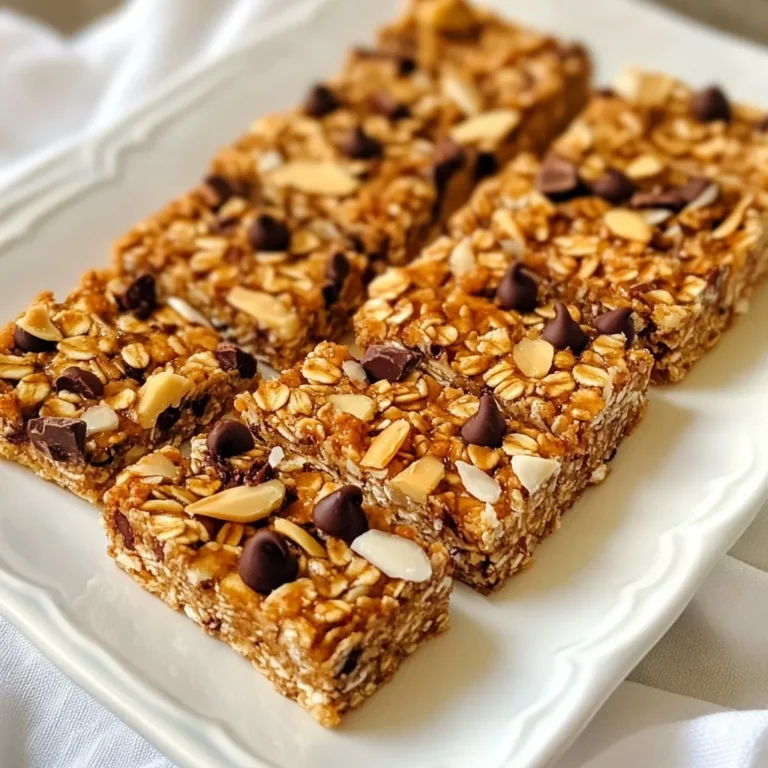 To make tasty Coconut Chocolate Chip Granola Bars, you need a few key items. Here’s what you’ll need: - 2 cups rolled oats - 1 cup shredded unsweetened coconut - 1/2 cup almond butter - 1/4 cup honey or maple syrup - 1/2 cup dark chocolate chips - 1/2 cup chopped nuts (almonds, pecans, or walnuts) - 1/4 teaspoon salt These ingredients form a solid base for your bars. The oats give structure. Coconut adds a lovely flavor. Chocolate chips bring sweetness and joy. For sweetening, you can use either honey or maple syrup. Both work well. Honey makes the bars chewier, while maple syrup adds a unique taste. I recommend almond butter for the nut butter. It blends well and adds a creamy texture. You can also use peanut butter if you prefer. Want to make your bars even more special? You can add extras like dried fruits. Cranberries or raisins add a touch of sweetness. You might also toss in seeds like chia or flax. These add nutrition and a nice crunch. Feel free to experiment! {{ingredient_image_1}} Start by preheating your oven to 350°F (175°C). Grab a 9x9 inch baking dish and line it with parchment paper. Make sure to leave some paper hanging over the edges. This helps you lift the bars out later. In a large bowl, mix together the rolled oats, shredded coconut, chopped nuts, and salt. Stir well to blend everything. This step is key for even flavor in your bars. Next, take a small saucepan and place it on low heat. Add the almond butter, honey (or maple syrup), and vanilla extract. Stir gently until the mixture becomes smooth and warm. It’s important to remove it from the heat before it gets too hot. Pour the warm almond butter mixture over your dry ingredients. Stir until everything is fully combined. Gently fold in the dark chocolate chips and any optional dried fruits. Transfer this mix into your prepared baking dish. Press it down firmly to create an even layer. Bake in the oven for about 15-20 minutes. Look for the edges to turn golden brown. Once done, let it cool completely in the pan for at least 30 minutes. Use the parchment overhang to lift it out and cut into squares. For the best texture in your granola bars, use rolled oats. They give the bars a chewy feel. Shredded coconut adds a nice crunch. When mixing, make sure to pack the mixture tightly in your baking dish. This helps the bars hold together well after baking. Bake them until the edges are golden brown. Overbaking can make them dry. To keep your bars fresh, store them in an airtight container. They last at room temperature for up to one week. If you want them to stay fresh longer, put them in the refrigerator. For even longer storage, freeze the bars in a freezer-safe bag. They can last for months this way. Just let them thaw before enjoying. You can change these bars to fit your taste. Swap out almond butter for peanut butter if you prefer. Use maple syrup instead of honey for a vegan option. Add dried fruits like cranberries or raisins for extra sweetness. You can also mix in seeds like chia or flax for a healthy twist. Pro Tips Use Fresh Ingredients: Make sure your oats and nuts are fresh for the best flavor and texture in your granola bars. Experiment with Nut Butters: Feel free to swap almond butter with other nut butters like peanut or cashew for a different taste. Customize Sweetness: Adjust the amount of honey or maple syrup based on your sweetness preference, or add extra dried fruits for more flavor. Store Properly: For longer shelf life, keep your granola bars in the refrigerator, and they’ll stay fresh for up to two weeks! {{image_2}} You can swap nuts and seeds in this recipe. Try sunflower seeds or pumpkin seeds. If you want extra crunch, use chopped hazelnuts or cashews. You can even mix different nuts for a fun twist. Just keep the total amount around 1/2 cup. This change adds different tastes and textures to each bite. Do you prefer less sweetness? You can reduce the honey or maple syrup. Use only 2 tablespoons for a milder taste. If you like it sweeter, add an extra tablespoon. You can also mix in dried fruits like cranberries or raisins. They add natural sweetness and a chewy texture. Try new flavors in your granola bars! Add cinnamon or nutmeg for warmth. You can mix in cocoa powder for a chocolatey twist. For a tropical vibe, add more coconut or even some pineapple bits. Adjust the vanilla extract to change the flavor base, too. Enjoy experimenting with your taste buds! To keep your coconut chocolate chip granola bars fresh, store them in an airtight container. This prevents air from making them stale. You can also layer them between parchment paper. This way, they won't stick together. At room temperature, these bars last about one week. If you store them in the fridge, they can last up to two weeks. The cold air helps keep them fresh. However, the bars may be firmer when cold. For longer storage, freeze your granola bars. Wrap each bar in plastic wrap or foil. Place them in a freezer bag or airtight container. They can last up to three months in the freezer. When you're ready to eat one, let it thaw at room temperature. Enjoy a tasty snack anytime! To make granola bars vegan, replace honey with maple syrup. This keeps sweetness while making it plant-based. Choose almond butter or any nut butter that does not contain dairy. Also, check your chocolate chips. Select dark chocolate chips that are dairy-free. This simple swap makes a tasty vegan version. Yes, you can use different nut butters. Peanut butter, cashew butter, or sunflower seed butter all work well. Each nut butter adds its own flavor. The choice depends on what you have or like best. Just ensure it has a similar texture to almond butter for best results. To cut granola bars, first let them cool completely in the pan. Use a sharp knife for clean cuts. Run the knife under hot water for easy slicing. Cut them into squares or rectangles. If you want neat edges, make sure to press down firmly while cutting. You can add protein powder to your mixture. A scoop of your favorite protein powder blends in well. You can also use seeds like chia or flaxseeds. Nuts, like almonds or walnuts, also boost protein. Dried fruits, like cranberries, can add some flavor too. This blog post covered how to make delicious coconut chocolate chip granola bars. You learned about essential ingredients, like sweeteners and nut butters. We discussed step-by-step instructions for mixing and baking. I shared tips for perfect texture and tasty variations. Proper storage helped ensure your bars stay fresh. In summary, you can easily customize these granola bars. Have fun experimenting with flavors and ingredients. Enjoy the process and the tasty results!