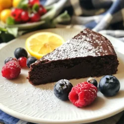 - 1 cup semisweet chocolate chips - 1/2 cup unsalted butter - 3/4 cup granulated sugar - 1/4 teaspoon salt - 1 teaspoon vanilla extract - 3 large eggs, at room temperature - 1/2 cup unsweetened cocoa powder - Powdered sugar - Fresh berries To create the best flourless chocolate cake, you need a few key ingredients. The semisweet chocolate chips give the cake its rich flavor. I always use good quality chocolate for the best taste. The unsalted butter adds moisture and richness. Granulated sugar provides just the right sweetness to balance the chocolate. You will also need salt to enhance the flavors. Vanilla extract adds warmth and depth. Room temperature eggs help create a smooth batter. The unsweetened cocoa powder is essential for that deep chocolate taste. For garnishing, powdered sugar gives a nice touch. Fresh berries add color and a burst of freshness. You can use either or both for a lovely finish. {{ingredient_image_1}} 1. Preheat your oven to 350°F (175°C). Grease an 8-inch round cake pan. Line the bottom with parchment paper. This helps with easy removal later. 2. In a medium heatproof bowl, combine 1 cup of semisweet chocolate chips and 1/2 cup of unsalted butter. Melt them together. You can use a double boiler or microwave. If using a microwave, heat in 30-second bursts until smooth. Stir well to mix. 1. Once melted, take the bowl off the heat. Whisk in 3/4 cup of granulated sugar, 1/4 teaspoon of salt, and 1 teaspoon of vanilla extract. Mix until everything is well combined. 2. Let the mixture cool slightly. Then, add 3 large eggs one at a time. Whisk well after each egg until the batter is smooth. 1. Sift in 1/2 cup of unsweetened cocoa powder over the batter. Gently fold the cocoa into the batter. Be careful not to overmix; just combine until smooth. 2. Pour the batter into your prepared cake pan. Use a spatula to smooth the top. 3. Bake in your preheated oven for 25-30 minutes. The cake should set around the edges but stay soft in the center. A toothpick inserted will show a few moist crumbs. 4. Let the cake cool in the pan for 10 minutes. Then, invert it onto a serving plate and remove the parchment paper. Enjoy the rich flavor and texture of this flourless chocolate cake! To avoid a dry cake, watch your baking time closely. You want the edges set but the center soft. A toothpick should show some moist crumbs, not wet batter. Using room temperature eggs is key. They blend better into the batter, making it smooth and fluffy. Cold eggs can create lumps and affect texture. Let your cake cool in the pan for about 10 minutes. This helps it set and makes it easier to invert. After that, flip it onto a plate and peel off the parchment paper. For serving, try dusting it with powdered sugar. You can also add fresh berries for a pop of color and flavor. Serve each slice with whipped cream for a richer taste. Adding a teaspoon of espresso powder can boost the chocolate flavor. It deepens the taste, making it richer. If you prefer sweeteners, try using honey or maple syrup. They can add a unique twist to the cake. Pro Tips Use Quality Chocolate: The flavor of your cake largely depends on the chocolate you use, so opt for high-quality semisweet chocolate chips for the best results. Room Temperature Eggs: Ensure your eggs are at room temperature before mixing them into the batter; this helps create a smoother texture and better incorporation. Don't Overbake: Keep an eye on the cake while baking; it should be slightly soft in the center for the perfect fudgy texture. Remember, it will continue to cook while cooling. Garnish Creatively: Elevate your presentation by garnishing with a dollop of whipped cream, a sprinkle of chocolate shavings, or a handful of fresh berries for added color and flavor. {{image_2}} You can easily modify the flourless chocolate cake for different diets. For a vegan version, swap the eggs for flaxseed meal. Mix 1 tablespoon of flaxseed meal with 3 tablespoons of water for each egg. Let it sit for a few minutes to thicken. For a sugar-free option, use a sugar substitute like erythritol or monk fruit sweetener. These keep the sweetness without the calories. Just make sure to follow the conversion ratios on the package. Adding flavors can make this cake even more exciting. Try adding a teaspoon of mint extract or a tablespoon of orange zest for a fresh twist. Both flavors bring a new layer of taste to the rich chocolate. You can also mix in chopped nuts or chocolate chunks. Walnuts, hazelnuts, or dark chocolate pieces add texture and depth. Just fold them into the batter gently before baking. Baking in different sizes can change the experience. Mini flourless chocolate cakes are fun for parties. Use a muffin tin to create individual servings. Just reduce the baking time to about 15-20 minutes. If you prefer cupcakes, pour the batter into cupcake liners. This makes for easy serving and sharing. Each cupcake will have a soft, gooey center that everyone will love. To store your flourless chocolate cake, place it in an airtight container. It keeps best in the fridge. Always let it cool completely before wrapping it up. This helps keep the cake fresh and tasty for longer. The cake can last for about a week in the fridge. Make sure the container is well sealed to prevent it from drying out. You can freeze this cake too! First, let it cool completely. Then, wrap the cake tightly in plastic wrap. After that, place it in a freezer-safe bag or container. This keeps the cake safe from freezer burn. It can stay frozen for up to three months. When you want to enjoy it, just move it to the fridge overnight to thaw. To reheat your cake, use the oven for the best results. Preheat it to 350°F (175°C). Place the cake on a baking sheet and warm for about 10-15 minutes. You can also use the microwave, but do it in short bursts. This keeps the cake soft and tasty. Avoid overheating, as it can change the texture. Enjoy your cake warm for the best flavor! Can I substitute chocolate chips? Yes, you can. Use dark chocolate chips or even white chocolate chips. Adjust sugar based on the sweetness of your choice. Remember, the flavor may change slightly. What is the best way to garnish flourless chocolate cake? I love garnishing with powdered sugar for a touch of sweetness. Fresh berries also add color and a fruity taste. You can serve it with whipped cream for extra creaminess. Why did my cake sink in the middle? Your cake may sink due to underbaking. Make sure to bake it until the edges are firm. Overmixing can also cause this issue, so mix gently. How do I know when the cake is done? A toothpick test works great. Insert it into the center; it should come out with a few moist crumbs. The edges should be set, but the center can stay soft. Is flourless chocolate cake gluten-free? Yes, it is! This cake uses no flour at all. It’s perfect for those who need to avoid gluten. Can I use gluten-free chocolate? Absolutely! Most chocolate is gluten-free, but check the label to be sure. This choice helps keep your cake delicious and gluten-free. You’ve learned how to make a delicious flourless chocolate cake. We covered the key ingredients, from semisweet chocolate chips to eggs. I shared steps for preparation, mixing, and baking, plus tips for the perfect texture. You saw variations, dietary options, and storage advice. This cake is easy to adapt. With these techniques, you can impress anyone with your baking. Remember to experiment with flavors and garnishes to make it your own. Happy baking!