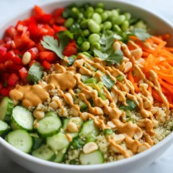 - 1 cup quinoa - 1/2 cup shredded carrots - 1/2 cup diced red bell pepper - 1/2 cup diced cucumber - 1/4 cup sliced green onions - 1/4 cup chopped fresh cilantro - 1/2 cup shelled edamame - 1/4 cup chopped roasted peanuts The main ingredients create a tasty and colorful salad. Quinoa is the star, offering protein and fiber. Fresh vegetables add crunch and nutrients. Carrots bring sweetness, while red bell pepper adds a pop of color. Cucumber keeps it refreshing, and green onions provide a mild bite. Cilantro brings a fresh herbal note, and edamame gives a protein boost. Roasted peanuts add a delightful crunch and a nutty flavor. - 1/4 cup creamy peanut butter - 2 tablespoons soy sauce or tamari - 1 tablespoon sesame oil - 1 tablespoon lime juice - 1 tablespoon honey or maple syrup - 1 teaspoon grated ginger - 1 garlic clove, minced - Water, as needed for thinning The peanut dressing ties it all together. Start with creamy peanut butter for richness. Soy sauce or tamari adds umami, while sesame oil gives a nutty essence. Lime juice brightens up the flavors. Honey or maple syrup adds a touch of sweetness. Grated ginger gives warmth, and garlic adds depth. Adjust the thickness with water to your liking. This dressing makes the salad exciting and full of flavor. {{ingredient_image_1}} First, rinse 1 cup of quinoa under cold water. This helps remove any bitterness. Next, combine the rinsed quinoa with 2 cups of water in a medium saucepan. Bring it to a boil over high heat. Once it boils, lower the heat to low, cover, and let it simmer for about 15 minutes. The water should be absorbed when done. Remove the pan from heat and let it sit covered for 5 minutes. Fluff the quinoa gently with a fork and let it cool. While the quinoa cools, grab your fresh veggies. Shred 1/2 cup of carrots. Dice 1/2 cup of red bell pepper and 1/2 cup of cucumber. Slice 1/4 cup of green onions and chop 1/4 cup of fresh cilantro. Add 1/2 cup of shelled edamame for extra protein. These colorful veggies will make your salad bright and tasty. In a bowl, whisk together the dressing ingredients. Use 1/4 cup of creamy peanut butter, 2 tablespoons of soy sauce (or tamari for a gluten-free option), and 1 tablespoon of sesame oil. Add 1 tablespoon of lime juice and 1 tablespoon of honey or maple syrup. Also, mix in 1 teaspoon of grated ginger and 1 minced garlic clove. If your dressing is too thick, add water a tablespoon at a time until it reaches your desired thickness. In a large mixing bowl, combine the cooled quinoa with the prepared vegetables. Add in 1/4 cup of chopped roasted peanuts for a crunchy finish. Pour your peanut dressing over the salad. Toss everything gently until well mixed. This is where the magic happens, and all the flavors come together! You can serve this salad chilled or at room temperature. Both options taste great! For a lovely presentation, serve it in a big bowl and add more peanuts and cilantro on top. If you want individual servings, clear glass bowls work well to show off the colorful ingredients. Enjoy your Thai Peanut Quinoa Salad! To get fluffy quinoa, avoid overcooking it. Cook it for about 15 minutes. Make sure all the water is gone. Once done, let it sit for 5 minutes. This helps with the texture. When ready, fluff the quinoa gently with a fork. This step keeps it light and airy. If your dressing is too thick, you can thin it easily. Add water one tablespoon at a time. Mix well and check the thickness. You want it pourable but not too runny. For flavor tweaks, taste the dressing. If you want it sweeter, add more honey or maple syrup. You can also add extra lime juice for tanginess. When serving, think about how to make it pop. Use a large bowl for a big meal. For individual servings, clear glass bowls work great. They show off the vibrant colors. Garnish with extra peanuts and cilantro on top. This adds a nice touch and looks appealing. Pro Tips Rinse the Quinoa: Always rinse quinoa before cooking to remove its natural coating, called saponin, which can make it taste bitter. Customize the Veggies: Feel free to add or substitute other vegetables like cherry tomatoes, corn, or avocado for added flavor and nutrition. Make Ahead: This salad can be made a day in advance. Just store it in the refrigerator, and it will taste even better as the flavors meld. Adjust the Dressing: If you prefer a spicier kick, add a pinch of red pepper flakes or a dash of sriracha to the peanut dressing. {{image_2}} You can easily make this salad gluten-free. Use tamari instead of soy sauce for the dressing. It tastes great and keeps the flavor you love. For the veggies, feel free to mix it up. Try adding spinach, baby kale, or cherry tomatoes. These swaps give the salad a new twist and keep it fresh. Want to boost the protein? You can add grilled chicken, shrimp, or tofu. Each option brings a different flavor. Chicken adds heartiness, shrimp makes it light, and tofu keeps it plant-based. Cook the protein separately and slice it up. Then, mix it into the salad for a filling meal. To make this salad even better, consider adding spices or herbs. A pinch of cayenne pepper gives it a kick. Fresh mint or basil adds a nice touch, too. You can also experiment with lime zest for a bright, fresh flavor. These small changes can transform your salad into a unique dish every time. To store your Thai Peanut Quinoa Salad, use an airtight container. This keeps it fresh and tasty. You can enjoy the salad for up to 3 days in the fridge. Just remember to seal it tightly to avoid any extra moisture. Can this salad be frozen? Yes, but keep in mind some ingredients may change texture. To freeze, place the salad in a freezer-safe container. It’s best to leave out the dressing before freezing. When ready to eat, thaw it in the fridge overnight. Then, mix in fresh dressing for the best taste. You can serve this salad chilled or at room temperature. Chilling enhances the flavors and makes it refreshing on hot days. If you prefer it warm, let it sit for a while after mixing. Both options taste great! Yes, you can prepare this salad ahead of time. Store it in an airtight container in the fridge. It stays fresh for about three days. Just keep the dressing separate until you are ready to serve. This keeps the salad crisp. This salad is packed with health benefits. Quinoa is high in protein and fiber. Edamame adds more protein and is rich in vitamins. Fresh veggies like carrots and bell peppers give you vitamins A and C. Peanuts offer healthy fats. Overall, this salad is a great choice for a healthy meal. Yes! This salad is perfect for meal prep. You can portion it into containers for easy lunches. Each portion stays fresh if stored well. Just add the dressing right before eating to keep everything crunchy. This blog post covered how to make a tasty Thai Peanut Quinoa Salad. We talked about the key ingredients, including quinoa, fresh veggies, and a creamy peanut dressing. I provided step-by-step instructions for cooking, prepping, and assembling your salad. You learned tips for perfecting texture and presentation, plus variations to make it your own. In the end, this salad is not just healthy; it's also fun to create. Enjoy experimenting and making it yours!