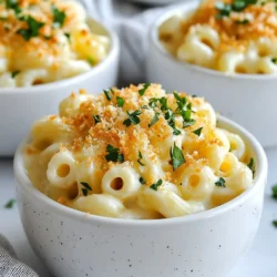 - 8 ounces elbow macaroni - 4 tablespoons unsalted butter - 1/4 cup all-purpose flour - 2 cups whole milk - 1 cup heavy cream - 2 cups shredded white cheddar cheese - 1 cup grated Parmesan cheese - 1 teaspoon garlic powder - 1 teaspoon onion powder - 1/2 teaspoon smoked paprika - Salt and pepper to taste - 1/2 cup panko breadcrumbs - 2 tablespoons fresh parsley, chopped (for garnish) - 8 ounces = 1 cup - 4 tablespoons = 1/4 cup - 1 cup = 8 fluid ounces - 1 teaspoon = 5 milliliters - 1/2 cup = 4 ounces These simple conversions help you adapt recipes easily. Knowing these can save you time in the kitchen. - Elbow Macaroni: Barilla or Ronzoni - Unsalted Butter: Kerrygold or Land O’Lakes - All-Purpose Flour: King Arthur Flour or Gold Medal - Whole Milk: Horizon Organic or Organic Valley - Heavy Cream: Land O’Lakes or Organic Valley - White Cheddar Cheese: Tillamook or Cabot - Parmesan Cheese: Grana Padano or Kraft Grated Parmesan Using these brands gives you consistent results. Quality ingredients make your creamy white cheddar mac and cheese shine. {{ingredient_image_1}} Start by boiling a large pot of water. Add a pinch of salt to the water. Once it boils, add 8 ounces of elbow macaroni. Cook this for about 6-8 minutes until it is al dente. Drain the pasta and set it aside. In the same pot, melt 4 tablespoons of unsalted butter over medium heat. When the butter is melted, whisk in 1/4 cup of all-purpose flour. Cook this mixture for about 1-2 minutes until it bubbles. Next, slowly whisk in 2 cups of whole milk and 1 cup of heavy cream. Make sure to stir until the mix thickens, which takes about 5-7 minutes. Remove the pot from heat. Stir in 2 cups of shredded white cheddar cheese and 1 cup of grated Parmesan cheese. Mix well until the cheese melts and the sauce is smooth. Add 1 teaspoon of garlic powder, 1 teaspoon of onion powder, and 1/2 teaspoon of smoked paprika. Season with salt and pepper to taste. Now, add the cooked macaroni to the cheese sauce. Stir well to coat all the pasta with the creamy sauce. In a separate bowl, mix 1/2 cup of panko breadcrumbs with a little melted butter and a pinch of salt. Preheat your oven to 350°F (175°C). Transfer the mac and cheese into a greased baking dish. Spread it out evenly. Top it with the panko breadcrumb mix. Bake for 20-25 minutes, or until the top is golden and crispy. After baking, let it cool a bit. Garnish with 2 tablespoons of freshly chopped parsley before serving. Enjoy the creamy delight! To make your mac and cheese extra creamy, use whole milk and heavy cream. These rich liquids add depth and smoothness. Stir the cheese in off the heat. This keeps it from clumping. You can also add a splash of pasta water. The starchy water helps the sauce cling to the pasta. One common mistake is overcooking the pasta. You want it al dente, so it holds up in the sauce. Another mistake is adding cheese too fast. Gradually mix in cheese for a smooth sauce. Also, don’t skip seasoning. Salt and pepper enhance the flavors of the cheeses. Lastly, don’t forget to bake! Baking gives you a crispy top. Serve your creamy white cheddar mac and cheese in warm bowls. For a fun twist, add more cheese or crispy breadcrumbs on top. Pair it with steamed broccoli or a fresh garden salad for color and crunch. If you want to spice it up, try hot sauce or chili flakes on top. Enjoy your meal! Pro Tips Choose Quality Cheese: Use high-quality white cheddar and Parmesan for a richer flavor and creaminess in your mac and cheese. Perfect Pasta Texture: Cook the macaroni just until al dente, as it will continue to cook in the oven, ensuring it doesn't become mushy. Breadcrumb Crunch: Mix the panko breadcrumbs with a bit of melted butter before baking for an extra crispy topping that adds great texture. Herb Enhancements: Experiment with different herbs, such as thyme or rosemary, for an aromatic twist to your creamy mac and cheese. {{image_2}} You can make creamy white cheddar mac and cheese even better by adding proteins. Cooked chicken adds a nice texture and flavor. You can use grilled chicken or rotisserie chicken for ease. Crumbled bacon gives a smoky, salty kick. Just cook the bacon until crispy, then mix it into your mac and cheese. For a heartier meal, try adding ground beef or sausage. Simply brown the meat in a pan before mixing it into the cheese sauce. These proteins turn a simple dish into a filling feast. If you want a vegetarian option, just skip the meat. You can still enjoy the creamy sauce with added veggies. Spinach, broccoli, or peas work great in this dish. They add color and nutrients. For a vegan version, swap the dairy for plant-based options. Use almond milk or coconut milk instead of whole milk and cream. Nutritional yeast can give you that cheesy taste without using real cheese. Look for vegan cheeses that melt well, too. You can enjoy a rich and creamy dish without any animal products. Adding herbs and spices can elevate your creamy mac and cheese. Fresh or dried herbs like basil, thyme, or oregano can change the flavor profile. A pinch of cayenne pepper adds a nice heat. You can also experiment with spices like curry powder for a twist. If you love garlic, add more garlic powder or sauté fresh garlic in butter before making the sauce. Try different cheese blends too. Mixing sharp cheddar with gouda or fontina will create a unique taste. Each variation offers a new way to enjoy this comforting dish. To store your creamy white cheddar mac and cheese, let it cool first. Once cool, place it in an airtight container. This keeps your dish fresh. Store it in the fridge for up to three days. Make sure to label the container with the date. This way, you won’t forget when you made it. Reheating is easy! For the best results, use the oven. Preheat your oven to 350°F (175°C). Place the mac and cheese in a baking dish. Add a splash of milk to keep it creamy. Cover with foil and heat for about 20 minutes. You can also use the microwave. Heat it in short bursts, stirring in between. This keeps it from drying out. You can freeze creamy white cheddar mac and cheese for later. First, let it cool completely. Use a freezer-safe container or a heavy-duty freezer bag. It can stay in the freezer for up to three months. When you are ready to eat it, thaw it overnight in the fridge. Then reheat using the oven or microwave. Enjoy your creamy treat again! The best cheese for mac and cheese is white cheddar. It gives a rich, creamy taste. A mix of white cheddar and Parmesan adds depth. You can also try Gouda for a smoky flavor. Each cheese brings a unique touch to your dish. Yes, you can use gluten-free pasta. It works just like regular pasta in this recipe. Look for brands that hold their shape well. Cook it slightly less than the package suggests to avoid mushiness. Your creamy mac and cheese will still be delicious! You can store creamy mac and cheese for up to five days in the fridge. Keep it in an airtight container. When ready to eat, reheat it gently. Add a splash of milk if it seems dry. Enjoy your tasty leftovers! This blog post covered how to make creamy mac and cheese, from choosing ingredients to final touches. You learned about the best brands and how to cook pasta perfectly. I shared tips for extra creaminess and avoided common mistakes. You can try variations with proteins or herbs and know how to store leftovers. In the end, making mac and cheese is simple and fun. Enjoy your delicious meal!