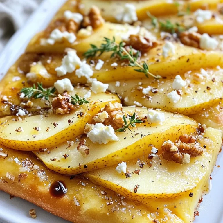 - Flatbread or Dough Options - 1 large flatbread or thin pizza dough - Fresh Produce and Cheese - 2 ripe pears, thinly sliced - 1 cup goat cheese, crumbled - Sweeteners and Nuts - 2 tablespoons unsalted butter - 2 tablespoons brown sugar - ¼ cup walnuts, roughly chopped - Seasonings and Oils - 2 tablespoons fresh thyme leaves (or 1 tablespoon dried thyme) - Salt and pepper to taste - Olive oil for drizzling - 1 tablespoon balsamic glaze (optional) Each ingredient plays a key role in making this dish special. The flatbread serves as a great base. The pears add sweetness, while goat cheese brings creaminess. The walnuts add crunch. Thyme gives a nice herbal note. Brown sugar caramelizes the pears, enhancing their flavor. Olive oil and balsamic glaze elevate the dish further. Using fresh, high-quality ingredients makes a big difference. Choose ripe pears for the best taste. You can also mix things up by using different types of flatbread or dough. This recipe is simple and allows you to experiment! {{ingredient_image_1}} Start by preheating your oven to 425°F (220°C). This gets the oven ready for your flatbread. While it warms up, take a baking sheet and place it inside. This helps the flatbread cook evenly. Next, gather your ingredients. You will need: - 1 large flatbread (or pizza dough rolled thin) - 2 ripe pears, thinly sliced - 2 tablespoons unsalted butter - 2 tablespoons brown sugar - 1 cup goat cheese, crumbled - ¼ cup walnuts, roughly chopped - 2 tablespoons fresh thyme leaves (or 1 tablespoon dried thyme) - 1 tablespoon balsamic glaze (optional) - Salt and pepper to taste - Olive oil for drizzling In a medium skillet, melt the butter over medium heat. Add the thin slices of pear. Sauté them for about 3 to 4 minutes. You want them to soften a bit. Then, sprinkle the brown sugar over the pears. Stir gently. Cook for another 5 to 7 minutes. The pears should turn golden and caramelized. Once done, remove the skillet from heat and set it aside. Take the flatbread out. If you use dough, stretch or roll it out thinly. Carefully remove the preheated baking sheet from the oven. Place the flatbread on it. Drizzle a little olive oil over the flatbread. Season it with salt and pepper. Spread your caramelized pears evenly across the flatbread. Next, sprinkle the crumbled goat cheese and chopped walnuts on top. Lastly, add fresh thyme leaves, saving a few for later. Bake the flatbread in the oven for about 10 to 12 minutes. It should become golden and the cheese should bubble a bit. When done, take it out of the oven. If you like, drizzle with balsamic glaze. Garnish with the reserved thyme leaves. Slice the flatbread into pieces and serve warm. Enjoy this delicious treat! To get the best caramelized pears, start with ripe ones. Use a medium heat to melt unsalted butter in a skillet. Add the thinly sliced pears. Cook for 3-4 minutes until they soften. Sprinkle brown sugar over the pears. Stir gently to coat them. Continue cooking for 5-7 minutes. Look for a golden color and a sweet aroma. If you want a deeper flavor, try adding a pinch of salt. Let them cool slightly before adding to your flatbread. Goat cheese adds a creamy texture and tang. You can switch it up by trying different types. For a milder taste, use fresh goat cheese. If you want something stronger, opt for aged goat cheese. You can even mix goat cheese with cream cheese for a smoother spread. This gives a different flavor and texture that still works well with pears. Crumbled feta cheese is another tasty option, offering a saltier kick. If you have leftovers, store them in an airtight container. Keep your flatbread in the fridge for up to 3 days. To maintain crispness, store the flatbread and toppings separately. Reheat the flatbread in the oven for about 5-7 minutes. This will bring back its crunch. If you want to save time, prep the caramelized pears in advance. Store them in the fridge for up to 3 days too. Enjoy your delicious flatbread any time! Pro Tips Choose the Right Pear: For optimal sweetness and texture, select ripe Bartlett or Anjou pears. They caramelize beautifully and enhance the flavor of the flatbread. Don't Skip the Thyme: Fresh thyme adds an aromatic touch that elevates the dish. If using dried thyme, use half the amount as it is more concentrated. Perfectly Crisp Flatbread: To achieve a crispy flatbread, preheat the baking sheet before adding your dough. This helps in getting a nice golden crust. Serving Suggestions: Pair your flatbread with a light salad or a glass of white wine for a delightful appetizer or light meal. {{image_2}} You can make a vegan version of caramelized pear and goat cheese flatbread. Replace the goat cheese with a vegan cream cheese or cashew cheese. Use coconut oil instead of butter for caramelizing pears. This keeps the sweet and savory flavor while keeping it plant-based. For a gluten-free flatbread, choose gluten-free pizza dough or flatbread. Many stores sell ready-made options. You can also make your own using gluten-free flour. This way, everyone can enjoy the dish without worry. To mix up the flavors, add some sliced figs or apples for extra sweetness. A sprinkle of cinnamon over the pears enhances the dish's warmth. You could also try adding crumbled blue cheese for a tangy twist. This adds depth and richness to every bite. To keep your Caramelized Pear & Goat Cheese Flatbread fresh, store it in an airtight container. Let it cool completely before sealing. This helps prevent sogginess. Place the flatbread in the fridge for up to three days. If you want to keep it longer, wrap it tightly in foil and freeze it. It can last up to a month in the freezer. When you’re ready to enjoy your flatbread again, preheat your oven to 350°F (175°C). Place the flatbread on a baking sheet. Heat it for about 10 minutes. This warms it up nicely and helps it stay crispy. You can also reheat it in an air fryer for about 5 minutes. This method keeps the flatbread crunchy. You can prepare the caramelized pears ahead of time. Store them in the fridge for about three days. Just reheat them when you’re ready to assemble your flatbread. For a quick meal, you can have the flatbread rolled out and ready to go. Add the toppings right before baking. This makes meal prep easy and fast. If you cannot find goat cheese, use feta cheese. Feta has a similar tangy taste. Another great option is ricotta. It is creamy and mild, which works well too. You could also try cream cheese. It melts nicely and adds richness to the flatbread. To keep your flatbread crispy, preheat your oven well. A hot oven helps it cook fast. Use a thin layer of olive oil to coat the flatbread. This helps it fry while baking. Avoid adding too much moisture with toppings. Caramelized pears should be cool before you place them on the flatbread. Yes, you can! Apples are a great choice. They have a sweet and tart flavor. You can also use figs for a richer taste. Peaches or nectarines work well too, adding a nice summer twist. Just make sure to slice them thinly for even cooking. This blog post covered all you need for making flatbread with caramelized pears. We explored the key ingredients, including fresh produce, cheese, and sweeteners. I shared step-by-step instructions to help you cook and assemble your dish perfectly. We also discussed useful tips, variations for different diets, and best storage practices. In the end, these flatbreads are fun to make and customize. With these easy steps, you can impress anyone with your cooking. Now, go ahead and create your tasty masterpiece!