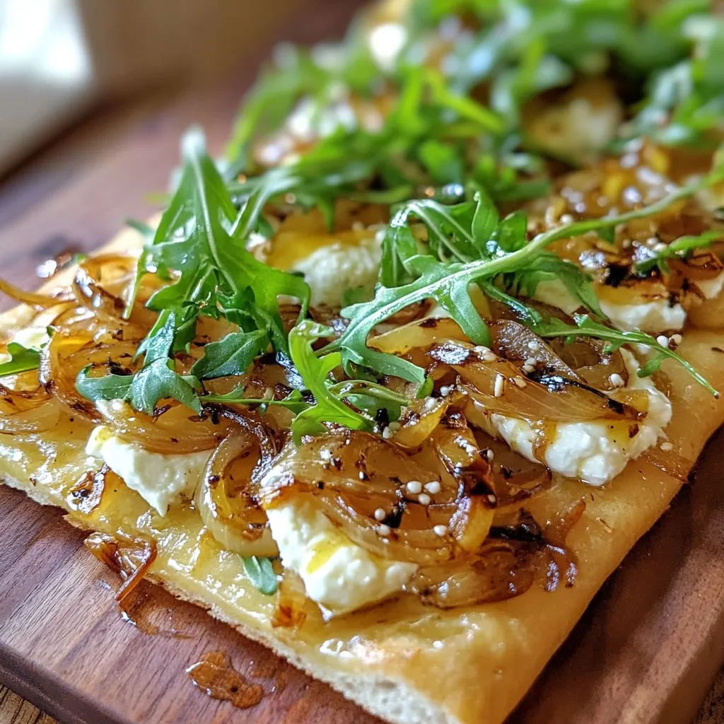 To make the goat cheese caramelized onion flatbread, you will need: - 1 large whole wheat flatbread - 1 cup goat cheese, softened - 2 large onions, thinly sliced - 2 tablespoons olive oil - 2 tablespoons balsamic vinegar - 1 tablespoon honey - 1 teaspoon fresh thyme leaves (or ½ teaspoon dried thyme) - Salt and pepper to taste - Fresh arugula for garnish These ingredients create a great mix of flavors. The goat cheese adds creaminess, while the caramelized onions bring sweetness. You can try these optional ingredients to boost the taste: - Crumbled feta cheese for a salty kick - Sliced fresh figs for added sweetness - Chopped walnuts for crunch - A sprinkle of red pepper flakes for heat Adding these can make your flatbread even more unique. This flatbread pairs well with: - A light salad with lemon vinaigrette - A glass of white wine, like Sauvignon Blanc - Roasted vegetables for a hearty side These pairings will create a full and satisfying meal. Enjoy exploring different combinations! {{ingredient_image_1}} To start, heat 2 tablespoons of olive oil in a large skillet. Use medium heat for the best results. Next, add 2 large, thinly sliced onions and a pinch of salt. Stir the onions every few minutes. Cook for about 15 to 20 minutes. You want them soft and golden brown. Once they reach that point, add 2 tablespoons of balsamic vinegar, 1 tablespoon of honey, and 1 teaspoon of fresh thyme leaves. Season with salt and pepper. Cook for 2 to 3 more minutes until the liquid evaporates. Then, take the skillet off the heat and set the onions aside. Now, preheat your oven to 400°F (200°C). While it heats, take 1 large whole wheat flatbread and place it on a baking sheet. Line the sheet with parchment paper to avoid sticking. Spread 1 cup of softened goat cheese evenly over the flatbread. Make sure to cover all edges for great flavor. Next, add the caramelized onion mixture on top of the goat cheese. Spread it out evenly for a nice balance in every bite. Once your oven is ready, place the flatbread inside. Bake for 10 to 12 minutes. You want the flatbread to be warm and slightly crispy. After baking, take it out of the oven carefully. Top with fresh arugula for a burst of color and flavor. Let it cool for a couple of minutes, then slice it into wedges. Enjoy your delicious goat cheese caramelized onion flatbread right away! Caramelizing onions is a simple skill. Use medium heat and good oil. I prefer olive oil for rich flavor. Sprinkle a pinch of salt to help draw out moisture. Stir the onions often, but not too much. This helps them cook evenly. Patience is key; let them cook for 15-20 minutes. They should turn soft and golden brown. If they start to stick, add a splash of water. Always taste! Adjust the salt and pepper as needed. Goat cheese comes in many forms. For this flatbread, use a soft variety. Fresh goat cheese is creamy and tangy. Chevre is another great option; it spreads well. If you want a stronger flavor, try aged goat cheese. Its crumbly texture adds a nice contrast. You can mix different types for a fun twist. Always let the cheese soften at room temperature before spreading. For the best flatbread, start with whole wheat. It has a nice, nutty taste. Preheat your oven to 400°F (200°C) for crispness. Spread the goat cheese evenly to cover all edges. This helps the flatbread cook uniformly. Bake it for 10-12 minutes. Look for a warm, slightly crispy texture. If you want it crispier, leave it in a bit longer. Let it cool for a few minutes before slicing. Enjoy the perfect flatbread! Pro Tips Tip Title 1: Use fresh thyme for an aromatic boost; it enhances the overall flavor profile of the flatbread. Tip Title 2: For extra crunch, bake the flatbread a couple of minutes longer until it's golden brown on the edges. Tip Title 3: Experiment with toppings like roasted red peppers or olives for added depth and variety. Tip Title 4: Allow the flatbread to cool slightly before slicing to maintain its structure and prevent sogginess. {{image_2}} You can easily boost the flavors of this flatbread. Try adding some roasted veggies, like bell peppers or zucchini. They add color and a nice taste. Spinach also works well. Just wilt it in a pan before adding. It gives a fresh touch to each bite. If you want to switch things up, you can use other cheeses. Feta cheese offers a salty kick. Cream cheese gives a rich, smooth texture. Or, try mozzarella for a stretchy and gooey treat. Each cheese brings a new flavor that you might love even more. Seasonal toppings can add fun and flavor. In spring, fresh asparagus or peas would be great. In summer, ripe tomatoes and basil shine. Fall brings roasted squash, while winter can use kale or even pomegranate seeds. Each season gives you a chance to create something new and tasty. To store your leftover flatbread, let it cool first. Place it in an airtight container. You can also wrap it in plastic wrap. Keep it in the fridge for up to three days. For best taste, eat it within this time. To reheat, preheat your oven to 350°F (175°C). Place the flatbread on a baking sheet. Heat it for about 10 minutes. This keeps the flatbread crispy. You can also use a microwave for quick reheating. Just heat it for 30 seconds but expect softer bread. If you want to freeze the flatbread, wrap it tightly in plastic wrap. Then, place it in a freezer bag. It can last up to three months in the freezer. When you're ready to eat it, thaw it in the fridge overnight. Reheat as mentioned above for the best results. You can use feta cheese as a substitute for goat cheese. Feta has a similar texture and tangy taste. Cream cheese can also work. It adds a smooth, rich flavor. For a dairy-free option, try cashew cheese. Cashew cheese is creamy and can mimic that yummy taste. Yes, you can prepare the flatbread ahead. You can caramelize the onions and spread the cheese on the flatbread. Store these in the fridge. When you are ready to eat, just bake it. It takes only about 10-12 minutes to warm up. A fresh salad pairs well with flatbread. Try a simple arugula salad with lemon. Roasted veggies also make a great side. You could serve olives for a salty touch. For a dip, hummus is a tasty choice. This blog covered key elements for making amazing flatbread. We explored the ingredients needed, from essential to optional ones for added flavor. I shared step-by-step directions, tips for perfect caramelized onions, and suggestions for cheese and toppings. You learned how to store leftovers and answered common questions. In closing, take these ideas and make flatbread your own. Enjoy the cooking process and the delicious results.