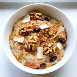 To make carrot cake oatmeal, you will need: - 1 cup rolled oats - 2 cups water or milk (dairy or non-dairy) - 1 medium carrot, finely grated - 1/4 cup raisins - 1/4 cup chopped walnuts (or pecans) - 1 teaspoon ground cinnamon - 1/4 teaspoon nutmeg - 1 tablespoon maple syrup (or honey) - 1/2 teaspoon vanilla extract - Pinch of salt These ingredients combine to create a warm, flavorful dish that brings the joy of carrot cake to breakfast. You can make your carrot cake oatmeal even better with some tasty toppings. Here are some fun ideas: - Coconut flakes - Extra walnuts - A dollop of Greek yogurt These toppings add extra texture and flavor, making each bite more enjoyable. If you need to swap ingredients, here are some easy options: - Instead of rolled oats, you can use quick oats. Just reduce the cooking time. - For a nut-free version, skip the walnuts and add seeds like pumpkin or sunflower seeds. - If you don’t have maple syrup, honey or agave syrup can work well too. These substitutions help you customize the recipe to fit your needs while keeping the dish delicious. {{ingredient_image_1}} To start, grab a medium saucepan. Add 1 cup of rolled oats, 2 cups of water or milk, and a pinch of salt. Heat this mixture over medium heat until it boils. When you see bubbles, reduce the heat to low. This is where the magic begins! Now, it’s time for the fun part. Stir in the grated carrot, 1/4 cup of raisins, and 1/4 cup of chopped walnuts. These ingredients bring life to your oatmeal. Next, sprinkle in 1 teaspoon of ground cinnamon and 1/4 teaspoon of nutmeg. These spices add warmth and depth. Don’t forget to mix in 1 tablespoon of maple syrup and 1/2 teaspoon of vanilla extract for a hint of sweetness. Stir everything well. Let your oatmeal cook for about 5 to 7 minutes. Stir occasionally to make sure it cooks evenly. You want the oats to be creamy and thick. Once you reach your desired texture, remove the saucepan from heat. Let it sit for a minute or two to thicken slightly. Now, it’s ready to serve! Pour the oatmeal into bowls and add optional toppings like coconut flakes, extra walnuts, or a dollop of Greek yogurt. Enjoy each flavorful bite! To boost flavor, use fresh spices. Ground cinnamon and nutmeg bring warmth. You can also add a pinch of ginger for a zing. If you want more texture, mix in coconut flakes or extra walnuts. These toppings add crunch and taste. A dollop of Greek yogurt on top gives creaminess. It also makes your meal more filling. For creamy oatmeal, use milk instead of water. The milk adds richness. Cook the oats on low heat to prevent burning. Stir often to keep it smooth. If your oatmeal is too thick, add a splash of milk or water. This will help loosen it. If it is too runny, cook it a bit longer. Let it sit off the heat to thicken. One mistake is overcooking the oats. This can make them mushy. Stir too little, and you risk burning the bottom. Also, avoid skipping the salt. Just a pinch helps bring out all the flavors. Don’t forget to let it sit after cooking. This step helps the oats absorb flavors. Lastly, don’t skip optional toppings. They can take your dish to the next level! Pro Tips Grate the Carrots Finely: Finely grated carrots mix better into the oatmeal, ensuring a smoother texture and quicker cooking time. Soak the Oats Overnight: For creamier oatmeal, soak the oats overnight in the water or milk. This will reduce cooking time and enhance flavor. Customize Your Sweetness: Adjust the sweetness by varying the amount of maple syrup or honey based on your taste preference. Add More Spices: Experiment with additional spices like ginger or cloves for a more complex flavor profile that complements the carrot cake theme. {{image_2}} You can easily make this dish vegan. Instead of milk, use almond milk or oat milk. These options keep the oatmeal creamy. They also add nice flavor. Maple syrup fits well in vegan diets. It keeps the sweetness natural and plant-based. If you need gluten-free oats, look for certified gluten-free rolled oats. They work just as well. This keeps your meal safe and tasty. You can still enjoy all the flavors of carrot cake without gluten. Want to mix it up? Try adding different nuts or seeds. Chia seeds or sunflower seeds add crunch and nutrition. You can also add a splash of orange juice for a citrus twist. If you love spices, add ginger or allspice for extra warmth. Each change makes this dish your own. After you enjoy your carrot cake oatmeal, store leftovers in an airtight container. Let it cool down first. Keep it in the fridge for up to three days. This way, the flavor stays fresh. When you're ready to eat, take the oatmeal out of the fridge. Place it in a bowl. Add a splash of water or milk to help it warm up. Heat it in the microwave for 1-2 minutes, stirring halfway through. This makes it creamy again. You can also reheat it on the stove over low heat, stirring often. If you want to save some for later, you can freeze portions of oatmeal. Use freezer-safe containers or bags. Leave some space at the top for expansion. Label the containers with the date. It can last for about two months in the freezer. When you’re ready to eat, let it thaw in the fridge overnight. Then, follow the reheating instructions to warm it up. Yes, you can use quick oats. They cook faster than rolled oats. Quick oats will make your oatmeal softer and creamier. If you use quick oats, reduce the cooking time to about 1-2 minutes. This change will help you enjoy a delicious bowl of Carrot Cake Oatmeal in no time. To make your oatmeal sweeter, add more maple syrup or honey. You can also mix in mashed bananas or a bit of brown sugar. If you want natural sweetness, try adding more raisins. Each option will add a nice touch of sweetness to your dish. Taste as you go to find your perfect balance. There are many tasty toppings you can use. Here are some great ideas: - Coconut flakes - Extra walnuts or pecans - A dollop of Greek yogurt - Chopped apples or pears - A sprinkle of chia seeds - A drizzle of nut butter Feel free to mix and match! Each topping will add its own unique flavor and texture. Enjoy creating your perfect bowl of Carrot Cake Oatmeal! This blog post covered how to make great oatmeal. We discussed the main ingredients and tasty toppings. I shared step-by-step instructions for cooking and adding flavor. You learned tips to enhance texture and avoid common mistakes. We explored different variations, including vegan and gluten-free options. Lastly, I provided storage info, like reheating and freezing tips. With these insights, you can create delicious oatmeal that fits your tastes. Enjoy experimenting and making it your own!