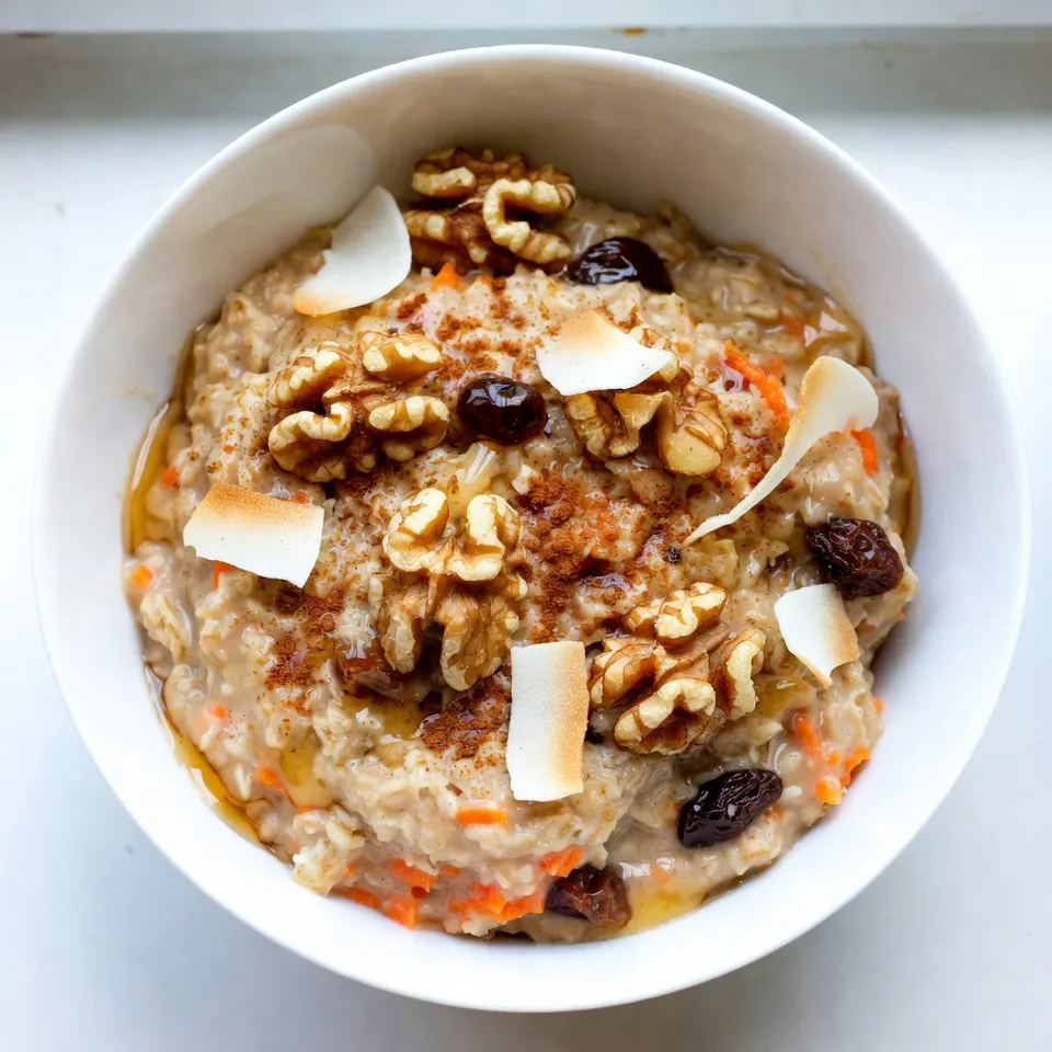 To make carrot cake oatmeal, you will need: - 1 cup rolled oats - 2 cups water or milk (dairy or non-dairy) - 1 medium carrot, finely grated - 1/4 cup raisins - 1/4 cup chopped walnuts (or pecans) - 1 teaspoon ground cinnamon - 1/4 teaspoon nutmeg - 1 tablespoon maple syrup (or honey) - 1/2 teaspoon vanilla extract - Pinch of salt These ingredients combine to create a warm, flavorful dish that brings the joy of carrot cake to breakfast. You can make your carrot cake oatmeal even better with some tasty toppings. Here are some fun ideas: - Coconut flakes - Extra walnuts - A dollop of Greek yogurt These toppings add extra texture and flavor, making each bite more enjoyable. If you need to swap ingredients, here are some easy options: - Instead of rolled oats, you can use quick oats. Just reduce the cooking time. - For a nut-free version, skip the walnuts and add seeds like pumpkin or sunflower seeds. - If you don’t have maple syrup, honey or agave syrup can work well too. These substitutions help you customize the recipe to fit your needs while keeping the dish delicious. {{ingredient_image_1}} To start, grab a medium saucepan. Add 1 cup of rolled oats, 2 cups of water or milk, and a pinch of salt. Heat this mixture over medium heat until it boils. When you see bubbles, reduce the heat to low. This is where the magic begins! Now, it’s time for the fun part. Stir in the grated carrot, 1/4 cup of raisins, and 1/4 cup of chopped walnuts. These ingredients bring life to your oatmeal. Next, sprinkle in 1 teaspoon of ground cinnamon and 1/4 teaspoon of nutmeg. These spices add warmth and depth. Don’t forget to mix in 1 tablespoon of maple syrup and 1/2 teaspoon of vanilla extract for a hint of sweetness. Stir everything well. Let your oatmeal cook for about 5 to 7 minutes. Stir occasionally to make sure it cooks evenly. You want the oats to be creamy and thick. Once you reach your desired texture, remove the saucepan from heat. Let it sit for a minute or two to thicken slightly. Now, it’s ready to serve! Pour the oatmeal into bowls and add optional toppings like coconut flakes, extra walnuts, or a dollop of Greek yogurt. Enjoy each flavorful bite! To boost flavor, use fresh spices. Ground cinnamon and nutmeg bring warmth. You can also add a pinch of ginger for a zing. If you want more texture, mix in coconut flakes or extra walnuts. These toppings add crunch and taste. A dollop of Greek yogurt on top gives creaminess. It also makes your meal more filling. For creamy oatmeal, use milk instead of water. The milk adds richness. Cook the oats on low heat to prevent burning. Stir often to keep it smooth. If your oatmeal is too thick, add a splash of milk or water. This will help loosen it. If it is too runny, cook it a bit longer. Let it sit off the heat to thicken. One mistake is overcooking the oats. This can make them mushy. Stir too little, and you risk burning the bottom. Also, avoid skipping the salt. Just a pinch helps bring out all the flavors. Don’t forget to let it sit after cooking. This step helps the oats absorb flavors. Lastly, don’t skip optional toppings. They can take your dish to the next level! Pro Tips Grate the Carrots Finely: Finely grated carrots mix better into the oatmeal, ensuring a smoother texture and quicker cooking time. Soak the Oats Overnight: For creamier oatmeal, soak the oats overnight in the water or milk. This will reduce cooking time and enhance flavor. Customize Your Sweetness: Adjust the sweetness by varying the amount of maple syrup or honey based on your taste preference. Add More Spices: Experiment with additional spices like ginger or cloves for a more complex flavor profile that complements the carrot cake theme. {{image_2}} You can easily make this dish vegan. Instead of milk, use almond milk or oat milk. These options keep the oatmeal creamy. They also add nice flavor. Maple syrup fits well in vegan diets. It keeps the sweetness natural and plant-based. If you need gluten-free oats, look for certified gluten-free rolled oats. They work just as well. This keeps your meal safe and tasty. You can still enjoy all the flavors of carrot cake without gluten. Want to mix it up? Try adding different nuts or seeds. Chia seeds or sunflower seeds add crunch and nutrition. You can also add a splash of orange juice for a citrus twist. If you love spices, add ginger or allspice for extra warmth. Each change makes this dish your own. After you enjoy your carrot cake oatmeal, store leftovers in an airtight container. Let it cool down first. Keep it in the fridge for up to three days. This way, the flavor stays fresh. When you're ready to eat, take the oatmeal out of the fridge. Place it in a bowl. Add a splash of water or milk to help it warm up. Heat it in the microwave for 1-2 minutes, stirring halfway through. This makes it creamy again. You can also reheat it on the stove over low heat, stirring often. If you want to save some for later, you can freeze portions of oatmeal. Use freezer-safe containers or bags. Leave some space at the top for expansion. Label the containers with the date. It can last for about two months in the freezer. When you’re ready to eat, let it thaw in the fridge overnight. Then, follow the reheating instructions to warm it up. Yes, you can use quick oats. They cook faster than rolled oats. Quick oats will make your oatmeal softer and creamier. If you use quick oats, reduce the cooking time to about 1-2 minutes. This change will help you enjoy a delicious bowl of Carrot Cake Oatmeal in no time. To make your oatmeal sweeter, add more maple syrup or honey. You can also mix in mashed bananas or a bit of brown sugar. If you want natural sweetness, try adding more raisins. Each option will add a nice touch of sweetness to your dish. Taste as you go to find your perfect balance. There are many tasty toppings you can use. Here are some great ideas: - Coconut flakes - Extra walnuts or pecans - A dollop of Greek yogurt - Chopped apples or pears - A sprinkle of chia seeds - A drizzle of nut butter Feel free to mix and match! Each topping will add its own unique flavor and texture. Enjoy creating your perfect bowl of Carrot Cake Oatmeal! This blog post covered how to make great oatmeal. We discussed the main ingredients and tasty toppings. I shared step-by-step instructions for cooking and adding flavor. You learned tips to enhance texture and avoid common mistakes. We explored different variations, including vegan and gluten-free options. Lastly, I provided storage info, like reheating and freezing tips. With these insights, you can create delicious oatmeal that fits your tastes. Enjoy experimenting and making it your own!