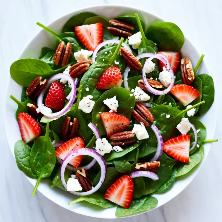 - 4 cups fresh spinach, washed and torn - 2 cups strawberries, hulled and sliced - 1/2 cup roasted pecans, roughly chopped - 1/4 cup red onion, thinly sliced - 1/4 cup feta cheese, crumbled - 1/4 cup poppy seeds - 1/4 cup olive oil - 2 tablespoons apple cider vinegar - 2 tablespoons honey - Salt and pepper to taste Fresh spinach provides a crisp base. Strawberries add a sweet touch, balancing the greens. Roasted pecans give a nice crunch and nutty flavor. Red onion brings a bit of zing. Feta cheese adds creaminess and saltiness. Poppy seeds finish it off with a unique bite. For the dressing, I use olive oil for richness. Apple cider vinegar brings tang. Honey sweetens the mix, while salt and pepper enhance all the flavors. Together, these ingredients create a tasty, fresh dish that is perfect for any meal. {{ingredient_image_1}} To start, grab a small bowl. Add 1/4 cup of olive oil. Next, add 2 tablespoons of apple cider vinegar. Then, pour in 2 tablespoons of honey. Finally, sprinkle in a pinch of salt and pepper. Use a whisk to mix all these ingredients. Whisk until the dressing is smooth. This step is key for great flavor. Now it’s time for the salad. Take a large salad bowl. Add 4 cups of fresh spinach, washed and torn. Then, add 2 cups of sliced strawberries. Next, toss in 1/2 cup of roughly chopped roasted pecans. Now add 1/4 cup of thinly sliced red onion. Finally, sprinkle 1/4 cup of crumbled feta cheese on top. Drizzle the prepared dressing over the salad. Gently toss all the ingredients. Make sure everything is well coated. Now it’s time for poppy seeds. Sprinkle 1/4 cup of poppy seeds on top. This adds a nice crunch. Serve the salad right away for the best taste and texture. Enjoy! To make your salad shine, start with fresh strawberries. Look for bright red berries with no bruises. They should smell sweet and feel firm. If they are too soft, they may be overripe. When it comes to spinach, choose young, tender leaves. They should be vibrant green and crisp. Avoid any leaves that are yellow or slimy. For the dressing, balance is key. You want a sweet and tangy mix. If your dressing tastes too sweet, add a bit more vinegar. If it’s too tart, add more honey. You can also try different dressings. A balsamic vinaigrette works well if you want a new flavor. This salad pairs well with grilled chicken or fish. The fresh flavors of the salad complement savory dishes nicely. For gatherings, make the salad in a large bowl. Add the poppy seeds right before serving for a nice crunch. You can also serve individual portions in clear cups for a fun touch. Pro Tips Fresh Ingredients: Use the freshest spinach and strawberries you can find for the best flavor and texture in your salad. Chill the Salad: For an extra refreshing dish, chill the salad in the refrigerator for about 15 minutes before serving. Pecan Alternatives: If you don't have pecans, walnuts or sliced almonds work great as substitutes for a different flavor profile. Dressing Variations: Experiment with different dressings, such as a citrus vinaigrette, to give the salad a new twist! {{image_2}} You can change this salad by adding other fruits. Try blueberries, raspberries, or even diced apples. These fruits add color and flavor. You can also use different nuts or seeds. Almonds or walnuts can replace pecans. Sunflower seeds give a great crunch too. Feel free to mix and match to suit your taste. If you need gluten-free options, this salad works well for you. All the ingredients are naturally gluten-free. Just check your dressing to ensure it's gluten-free too. For a vegan dressing, swap honey for maple syrup. You can also use a creamy plant-based yogurt for a rich taste. Using seasonal produce makes this salad even better. In spring, add fresh peas or asparagus. In fall, think about roasted squash or apples. For holidays, you can add pomegranate seeds for a festive touch. Adjust the ingredients to fit the season or your next event. To keep your salad fresh, store it in an airtight container. Always put the dressing on the side. This keeps the greens crisp and the flavors bright. If you have leftover salad, eat it within 2 days for the best taste. You can prepare the salad in advance, but keep some parts separate. Wash and tear the spinach ahead of time. Slice the strawberries and store them in a container with a lid. Nuts and cheese also store well in separate containers. This way, your salad stays fresh and tasty. If you have leftover salad, get creative! Use it in a wrap or a sandwich. You can also add it to a grain bowl with rice or quinoa for a quick meal. Mixing the salad into an omelet makes a great breakfast, too. You can prep the salad ingredients in advance. Keep the spinach, strawberries, and pecans separate. Store them in airtight containers in the fridge. Mix the dressing in a jar and shake it when ready to serve. This way, your salad stays fresh and crunchy. If you need a substitute for feta, try goat cheese or ricotta. These options still give a creamy texture. You could also use vegan cheese for a dairy-free choice. Each alternative will change the flavor a bit, but they work well in the salad. Using frozen strawberries is not ideal. They can make the salad watery and mushy. Fresh strawberries taste better and add a nice crunch. If frozen is all you have, let them thaw and drain excess water. This helps keep the salad more enjoyable. This blog post covered how to create a delicious salad with fresh ingredients. We discussed the key elements like spinach, strawberries, and the perfect dressing. By following the step-by-step guide, you can easily assemble your salad and impress your guests. Remember to choose fresh ingredients for the best taste and explore variations to fit your needs. With these tips, you can enjoy a tasty meal today or save it for later. Enjoy your cooking, and make your meals fun and healthy!