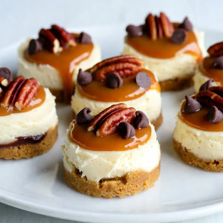 - 8 oz cream cheese, softened - 1/4 cup granulated sugar - 1/2 teaspoon vanilla extract - 1/2 cup sour cream - 1/4 cup heavy cream - 1/2 cup semi-sweet chocolate chips These main ingredients create a rich and creamy filling. Cream cheese is key for the texture. Granulated sugar adds sweetness. Sour cream gives a nice tang. Heavy cream makes it smooth and rich. Semi-sweet chocolate chips blend perfectly for that chocolatey taste. - 1/2 cup crushed graham crackers - 1/4 cup unsalted butter, melted The crust is simple but important. Crushed graham crackers give a sweet crunch. Mixing them with melted butter creates a base that holds everything together. Press this mixture into your baking dish for the best bite. - 1/2 cup caramel sauce - 1/4 cup chopped pecans Toppings make these bites special. Caramel sauce adds a sweet drizzle. Chopped pecans give a nice crunch. These toppings make each bite burst with flavor. You can even add chocolate chips on top for extra yum! {{ingredient_image_1}} 1. Preheat your oven to 350°F (175°C). This step is key for the right bake. 2. Line an 8-inch square baking dish with parchment paper. Leave some overhang to lift out the cheesecake later. 3. In a medium bowl, mix 1/2 cup crushed graham crackers with 1/4 cup melted unsalted butter. 4. Stir until it looks like wet sand. This helps form a solid crust. 5. Press the mixture firmly into the bottom of the baking dish. Make sure it’s even. 1. In a mixing bowl, beat 8 oz softened cream cheese with 1/4 cup granulated sugar and 1/2 teaspoon vanilla extract. 2. Keep mixing until smooth and creamy. This makes a great base for your filling. 3. Add 1/2 cup sour cream and 1/4 cup heavy cream to the cream cheese mix. 4. Continue to beat until everything is well blended. The mixture should be silky and smooth. 1. Pour the cheesecake filling over the crust you prepared. 2. Smooth it out with a spatula for an even layer. 3. Bake in the preheated oven for about 25-30 minutes. The edges should be set, and the center should jiggle slightly. 4. Remove from the oven and let it cool for about 1 hour at room temperature. 5. Refrigerate for at least 4 hours or longer until it sets well. 6. Lift the cheesecake out using the parchment paper overhang. 7. Cut into bite-sized squares and get ready to add toppings! To get a smooth filling, start with soft cream cheese. Beat it well with sugar and vanilla. This helps blend the air in, making the cheesecake light. Mix slowly when adding sour and heavy cream. This keeps the texture creamy. To prevent cracks while baking, do not overmix. A gentle hand keeps the batter from getting too much air. Bake at a steady 350°F. Use a water bath if you have one. This keeps the heat even and moist. For the best taste, keep a good balance of sweet and creamy. Use 1/4 cup sugar for every 8 oz of cream cheese. This gives a nice sweetness without overpowering. The sour cream adds tang. Aim for 1/2 cup of sour cream for a rich flavor. You can adjust the sweetness and creaminess based on your taste. If you like it sweeter, add a bit more sugar. Just do it slowly, so you can find the right level. Turtle Cheesecake Bites pair well with coffee. The rich taste of coffee cuts through the creaminess. You might also try dessert wines. A sweet wine can enhance the flavors of chocolate and caramel. Serve these bites chilled for the best taste. They are great for parties or a cozy night in. Add a dollop of whipped cream on the side for an extra treat. Pro Tips Room Temperature Ingredients: Make sure your cream cheese and sour cream are at room temperature before mixing. This will help achieve a smoother and creamier filling. Chill Time is Key: Allowing the cheesecake to chill for at least 4 hours is crucial for it to set properly. For best results, chill it overnight. Graham Cracker Variations: Experiment with different types of crushed cookies for the crust, such as chocolate wafer cookies or digestive biscuits, for a unique flavor twist. Presentation Matters: For an elegant look, use a piping bag to drizzle the caramel sauce and arrange the pecans neatly on top of the cheesecake bites. {{image_2}} You can switch up the toppings for Turtle Cheesecake Bites. Instead of pecans, try walnuts or almonds. Each nut adds a different crunch and flavor. You can also use a variety of sauces. For a fruity twist, drizzle raspberry or strawberry sauce on top. If you love chocolate, add chocolate syrup for extra richness. Mixing and matching toppings keeps each bite new and exciting. Making these bites gluten-free is easy. Instead of using regular graham crackers, choose gluten-free ones. These are widely available in stores. You can also make a crust with crushed nuts or oats. Just mix them with melted butter and press them into the dish. This option keeps the taste and texture delicious while making it safe for those with gluten intolerance. Want to serve these as tiny bites? Use a muffin tin to make miniature cheesecakes. Line each cup with paper liners for easy removal. Pour in the filling just like you do for the big batch. Bake for about 15-20 minutes, and let them cool before removing. These bite-sized treats are perfect for parties or gatherings. Everyone can enjoy their own little piece of heaven! To keep your Turtle Cheesecake Bites fresh, place them in an airtight container. Make sure they are completely cooled before storing. A sealed container helps prevent drying and keeps their creamy texture. Store them in the fridge for the best taste. You can also freeze these bites for later. First, cut them into squares and place them on a baking sheet. Freeze them for about an hour until solid. After they freeze, transfer them to a freezer-safe bag or container. When you want to enjoy them, take them out and let them thaw in the fridge overnight. These cheesecake bites last about 5 days in the fridge. If frozen, they can stay good for 2 to 3 months. For the best flavor and texture, eat them before the end of their shelf life. Enjoy these delicious treats while they are fresh! Yes, you can make Turtle Cheesecake Bites ahead of time. They taste even better after chilling. I recommend making them a day before your event. Store them in the fridge in an airtight container. If you want to keep them longer, you can freeze them. Just remember to wrap them well to prevent freezer burn. If you need a substitute for cream cheese, you have options. For a lighter choice, use Greek yogurt. It adds a nice tang and creamy texture. If you want a non-dairy option, try cashew cream. Simply blend soaked cashews with a bit of lemon juice and water until smooth. For vegan cheesecake bites, this works well. Watch for a few signs to know when it's done. The edges of the cheesecake should be set, while the center has a slight jiggle. A toothpick inserted should come out clean but may have some crumbs. Don’t overbake, as it can make the cheesecake dry. Let it cool before chilling for the best texture. Turtle cheesecake bites are easy to make and delicious. We covered key ingredients like cream cheese and caramel, plus how to craft the perfect crust. I shared tips for texture and flavor, along with cool variations for fun twists. Store these treats properly to enjoy later. Remember, you can even make them ahead of time! By following these steps, you’ll create a treat that is sure to impress. Enjoy your baking journey and savor every bite!