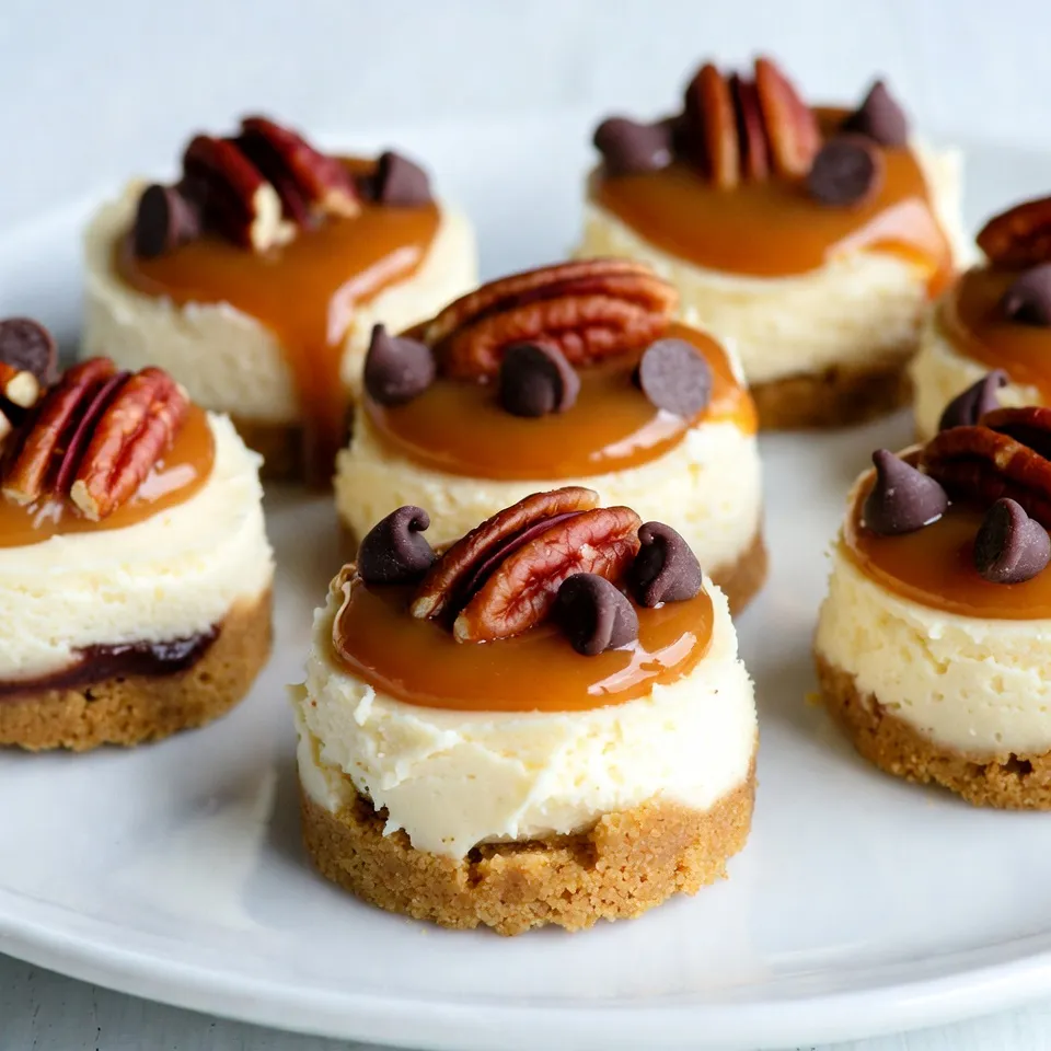 - 8 oz cream cheese, softened - 1/4 cup granulated sugar - 1/2 teaspoon vanilla extract - 1/2 cup sour cream - 1/4 cup heavy cream - 1/2 cup semi-sweet chocolate chips These main ingredients create a rich and creamy filling. Cream cheese is key for the texture. Granulated sugar adds sweetness. Sour cream gives a nice tang. Heavy cream makes it smooth and rich. Semi-sweet chocolate chips blend perfectly for that chocolatey taste. - 1/2 cup crushed graham crackers - 1/4 cup unsalted butter, melted The crust is simple but important. Crushed graham crackers give a sweet crunch. Mixing them with melted butter creates a base that holds everything together. Press this mixture into your baking dish for the best bite. - 1/2 cup caramel sauce - 1/4 cup chopped pecans Toppings make these bites special. Caramel sauce adds a sweet drizzle. Chopped pecans give a nice crunch. These toppings make each bite burst with flavor. You can even add chocolate chips on top for extra yum! {{ingredient_image_1}} 1. Preheat your oven to 350°F (175°C). This step is key for the right bake. 2. Line an 8-inch square baking dish with parchment paper. Leave some overhang to lift out the cheesecake later. 3. In a medium bowl, mix 1/2 cup crushed graham crackers with 1/4 cup melted unsalted butter. 4. Stir until it looks like wet sand. This helps form a solid crust. 5. Press the mixture firmly into the bottom of the baking dish. Make sure it’s even. 1. In a mixing bowl, beat 8 oz softened cream cheese with 1/4 cup granulated sugar and 1/2 teaspoon vanilla extract. 2. Keep mixing until smooth and creamy. This makes a great base for your filling. 3. Add 1/2 cup sour cream and 1/4 cup heavy cream to the cream cheese mix. 4. Continue to beat until everything is well blended. The mixture should be silky and smooth. 1. Pour the cheesecake filling over the crust you prepared. 2. Smooth it out with a spatula for an even layer. 3. Bake in the preheated oven for about 25-30 minutes. The edges should be set, and the center should jiggle slightly. 4. Remove from the oven and let it cool for about 1 hour at room temperature. 5. Refrigerate for at least 4 hours or longer until it sets well. 6. Lift the cheesecake out using the parchment paper overhang. 7. Cut into bite-sized squares and get ready to add toppings! To get a smooth filling, start with soft cream cheese. Beat it well with sugar and vanilla. This helps blend the air in, making the cheesecake light. Mix slowly when adding sour and heavy cream. This keeps the texture creamy. To prevent cracks while baking, do not overmix. A gentle hand keeps the batter from getting too much air. Bake at a steady 350°F. Use a water bath if you have one. This keeps the heat even and moist. For the best taste, keep a good balance of sweet and creamy. Use 1/4 cup sugar for every 8 oz of cream cheese. This gives a nice sweetness without overpowering. The sour cream adds tang. Aim for 1/2 cup of sour cream for a rich flavor. You can adjust the sweetness and creaminess based on your taste. If you like it sweeter, add a bit more sugar. Just do it slowly, so you can find the right level. Turtle Cheesecake Bites pair well with coffee. The rich taste of coffee cuts through the creaminess. You might also try dessert wines. A sweet wine can enhance the flavors of chocolate and caramel. Serve these bites chilled for the best taste. They are great for parties or a cozy night in. Add a dollop of whipped cream on the side for an extra treat. Pro Tips Room Temperature Ingredients: Make sure your cream cheese and sour cream are at room temperature before mixing. This will help achieve a smoother and creamier filling. Chill Time is Key: Allowing the cheesecake to chill for at least 4 hours is crucial for it to set properly. For best results, chill it overnight. Graham Cracker Variations: Experiment with different types of crushed cookies for the crust, such as chocolate wafer cookies or digestive biscuits, for a unique flavor twist. Presentation Matters: For an elegant look, use a piping bag to drizzle the caramel sauce and arrange the pecans neatly on top of the cheesecake bites. {{image_2}} You can switch up the toppings for Turtle Cheesecake Bites. Instead of pecans, try walnuts or almonds. Each nut adds a different crunch and flavor. You can also use a variety of sauces. For a fruity twist, drizzle raspberry or strawberry sauce on top. If you love chocolate, add chocolate syrup for extra richness. Mixing and matching toppings keeps each bite new and exciting. Making these bites gluten-free is easy. Instead of using regular graham crackers, choose gluten-free ones. These are widely available in stores. You can also make a crust with crushed nuts or oats. Just mix them with melted butter and press them into the dish. This option keeps the taste and texture delicious while making it safe for those with gluten intolerance. Want to serve these as tiny bites? Use a muffin tin to make miniature cheesecakes. Line each cup with paper liners for easy removal. Pour in the filling just like you do for the big batch. Bake for about 15-20 minutes, and let them cool before removing. These bite-sized treats are perfect for parties or gatherings. Everyone can enjoy their own little piece of heaven! To keep your Turtle Cheesecake Bites fresh, place them in an airtight container. Make sure they are completely cooled before storing. A sealed container helps prevent drying and keeps their creamy texture. Store them in the fridge for the best taste. You can also freeze these bites for later. First, cut them into squares and place them on a baking sheet. Freeze them for about an hour until solid. After they freeze, transfer them to a freezer-safe bag or container. When you want to enjoy them, take them out and let them thaw in the fridge overnight. These cheesecake bites last about 5 days in the fridge. If frozen, they can stay good for 2 to 3 months. For the best flavor and texture, eat them before the end of their shelf life. Enjoy these delicious treats while they are fresh! Yes, you can make Turtle Cheesecake Bites ahead of time. They taste even better after chilling. I recommend making them a day before your event. Store them in the fridge in an airtight container. If you want to keep them longer, you can freeze them. Just remember to wrap them well to prevent freezer burn. If you need a substitute for cream cheese, you have options. For a lighter choice, use Greek yogurt. It adds a nice tang and creamy texture. If you want a non-dairy option, try cashew cream. Simply blend soaked cashews with a bit of lemon juice and water until smooth. For vegan cheesecake bites, this works well. Watch for a few signs to know when it's done. The edges of the cheesecake should be set, while the center has a slight jiggle. A toothpick inserted should come out clean but may have some crumbs. Don’t overbake, as it can make the cheesecake dry. Let it cool before chilling for the best texture. Turtle cheesecake bites are easy to make and delicious. We covered key ingredients like cream cheese and caramel, plus how to craft the perfect crust. I shared tips for texture and flavor, along with cool variations for fun twists. Store these treats properly to enjoy later. Remember, you can even make them ahead of time! By following these steps, you’ll create a treat that is sure to impress. Enjoy your baking journey and savor every bite!