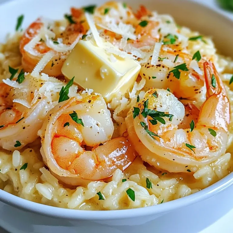 - 1 cup Arborio rice - 1 lb large shrimp, peeled and deveined - 4 cups low-sodium chicken or vegetable broth - 1 medium onion, finely chopped - 3 cloves garlic, minced - 1 teaspoon lemon zest - 4 tablespoons unsalted butter, divided - 1 tablespoon olive oil - 1 cup grated Parmesan cheese - Fresh parsley, chopped When making garlic butter shrimp risotto, start with quality ingredients. Arborio rice is key. This rice has a high starch content, which makes the risotto creamy. You want large shrimp, peeled and deveined. They cook fast and add great flavor. Use low-sodium chicken or vegetable broth. This keeps the dish balanced and allows for better control over saltiness. Next, chop a medium onion finely. This adds sweetness to the dish. Mince three cloves of garlic. Garlic brings that strong flavor we love. Don’t forget the lemon zest! It adds brightness to the rich risotto. For fats, you’ll need unsalted butter and olive oil. The butter gives a rich taste while the olive oil helps with cooking. Grate a cup of Parmesan cheese. This cheese melts well and adds depth. Lastly, fresh parsley adds color and a fresh touch when serving. Gathering these ingredients will set you up for a tasty and creamy risotto experience. {{ingredient_image_1}} First, heat the broth in a saucepan over medium heat. You want it warm but not boiling. Keeping the broth warm helps the rice cook evenly. In a large skillet, pour in the olive oil and heat it over medium heat. Add the finely chopped onion. Sauté it for about 3-4 minutes until it looks clear. Then, stir in the minced garlic and cook for one more minute. Your kitchen will smell amazing! Now, add the Arborio rice to the skillet. Stir well to coat each grain with the oil and onion mix. Toast the rice for about 2 minutes while stirring. Next, pour in 1 cup of the warm broth. Keep stirring until it’s mostly absorbed. Continue adding one cup of broth at a time. Stir after each addition until it’s absorbed. This process will take about 18-20 minutes. You want the risotto creamy and slightly firm to the bite, known as al dente. In a separate pan, melt 2 tablespoons of butter over medium heat. Add the shrimp and sauté until they turn pink and opaque. This should take about 2-3 minutes per side. Don’t forget to season with salt, pepper, and lemon zest for extra flavor. Once done, remove them from heat and set aside. Once your risotto is creamy and ready, stir in the cooked shrimp. Add the remaining 2 tablespoons of butter and the grated Parmesan cheese. Mix everything well until creamy and combined. Taste your risotto and adjust the salt and pepper if needed. Serve it hot, garnished with fresh parsley for a final touch. To make great risotto, keep your heat steady and medium. Stir often to stop the rice from sticking. This will help the rice release its starch. The starch makes the risotto creamy. Stirring isn’t just for mixing; it’s key to cooking. Make sure to add broth slowly and wait for it to absorb. Each cup should be mostly gone before you add the next. This takes about 18 to 20 minutes. Using fresh shrimp is very important. Look for shrimp that smell clean and sweet. If possible, buy shrimp that is wild-caught. For broth, choose a low-sodium type. This lets you control the salt better. You can use chicken or vegetable broth. Both work well in risotto. Fresh ingredients make a big difference in taste. If you have leftover risotto, store it in an airtight container. Let it cool first to keep the texture. In the fridge, it lasts about 3 days. To reheat, add a splash of broth or water. This helps bring back the creaminess. You can also heat it on the stove for better results. Pro Tips Use Fresh Shrimp: Always opt for fresh shrimp for the best flavor and texture. If using frozen shrimp, ensure they are properly thawed before cooking. Stir Constantly: Stirring the risotto constantly helps release the starches from the Arborio rice, resulting in a creamy texture. Don't skip this step! Finish with Cold Butter: For an extra creamy finish, add cold butter at the end before serving. This will help emulsify and enhance the risotto's richness. Experiment with Flavors: Feel free to add other ingredients like peas, asparagus, or sun-dried tomatoes to customize your risotto and elevate the dish. {{image_2}} You can swap shrimp for other seafood. Scallops or crab work well in this dish. They bring their own unique flavors. For a vegetarian version, try using mushrooms instead of shrimp. Mushrooms add a nice earthiness. Their texture becomes creamy when cooked in the risotto. Adding white wine can boost the taste. It gives a rich depth to the risotto. Use a dry white wine for the best results. You can also play with herbs. Fresh thyme, basil, or dill can add new layers of flavor. Each herb gives a different twist, so explore what you like. Pair your risotto with side dishes for a full meal. A fresh green salad complements the risotto well. You can also serve it with roasted vegetables. The crunch of veggies contrasts nicely with creamy risotto. For a special touch, add a slice of garlic bread on the side. It’s perfect for soaking up any leftover sauce. You can store leftover garlic butter shrimp risotto in the fridge. It lasts up to three days. Make sure to let it cool before putting it in a container. This helps keep it fresh and tasty. You can freeze cooked risotto if you have extras. Use a safe container to avoid freezer burn. When you want to eat it, thaw it in the fridge overnight. To reheat, warm it on the stove with a little broth. Stir often to keep it creamy. I recommend using airtight containers for storage. Glass containers work well, but plastic ones are great too. Ensure they seal tightly to keep the risotto fresh. This way, you can enjoy your meal later without losing flavor. Arborio rice is the best choice for risotto. This rice has a high starch content. It gives risotto its creamy texture. Arborio rice stays firm yet tender when cooked. This balance is key to great risotto. Yes, you can make it ahead. To reheat, add some broth to the risotto. This keeps it creamy and prevents it from being dry. Heat it gently on the stove. Stir well to mix in the broth. Yes, garlic butter shrimp risotto is gluten-free. The main ingredients are rice and broth. Just check that your broth is gluten-free. This dish is safe for gluten-sensitive diets. Enjoy without worry! This blog post covered how to make garlic butter shrimp risotto. We discussed the main ingredients like Arborio rice and large shrimp. Sautéing onion and garlic adds flavor, while using quality broth is key. You learned step-by-step, from preparing the broth to mixing in shrimp and butter. I shared tips for great texture and storage, plus tasty variations to try. Risotto is flexible and rewarding to make, perfect for any meal. Enjoy experimenting and savoring your homemade dish!