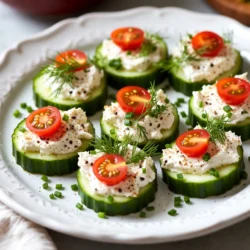- 2 large cucumbers - 1 cup cream cheese, softened - 1 tablespoon fresh dill, chopped - 1 teaspoon lemon juice - 1 teaspoon garlic powder - 1 teaspoon onion powder - 2 teaspoons Everything Bagel seasoning - Cherry tomatoes, halved (for garnish) - Fresh chives, chopped (for garnish) When picking cucumbers, look for firm ones. They should be smooth and dark green. Avoid cucumbers with soft spots or blemishes. The fresh taste makes a big difference in your bites. I prefer English cucumbers for their crunch. They are also less bitter than regular ones. Use full-fat cream cheese for a rich flavor. It spreads easily and tastes great. If you want a lighter option, try reduced-fat cream cheese. You can also use flavored cream cheese for a fun twist. Herb or garlic cream cheese adds extra taste. {{ingredient_image_1}} Start with clean cucumbers. Rinse them under cool water to remove any dirt. Then, cut each cucumber into 1-inch thick rounds. This size is perfect for holding the cream cheese mix. To slice evenly, use a sharp knife and a steady hand. If you want uniform pieces, you can use a mandoline. This makes the cucumber bites look nice and professional. In a bowl, mix the softened cream cheese with fresh dill, lemon juice, garlic powder, and onion powder. Use a fork or a hand mixer to blend until smooth. A smooth mix is key for easy spreading. If you like, you can adjust the flavors. Add more lemon for zing or a pinch of salt for taste. Just remember, start small and taste as you go. Now comes the fun part! Lay the cucumber rounds on a platter. You can either spoon or pipe the cream cheese mix onto each slice. If you want a neat look, piping is the way to go. Use a zip-top bag with the corner snipped off to pipe. After that, sprinkle Everything Bagel seasoning on top for a tasty crunch. To make it pop, garnish with cherry tomatoes and chopped chives. This adds color and flavor to your plate. - Additional Seasonings to Consider: You can add a pinch of smoked paprika for a nice twist. A dash of cayenne pepper can add a kick. If you love herbs, try adding fresh basil or parsley. These will brighten the taste. - Substitutions for Dairy-Free Options: For a dairy-free version, use a plant-based cream cheese. Look for options made from cashews or almonds. These will mimic the creamy texture well and still taste great. - Pairing with Other Snacks: These cucumber bites pair well with crackers or veggie sticks. Serve them with hummus for a crunchy and satisfying snack. You can also add olives for a salty contrast. - Drink Pairings: Enjoy these bites with a light drink. Sparkling water with lemon is refreshing. For something stronger, a crisp white wine complements the flavors nicely. - Best Time to Serve After Preparation: Serve these bites right after you make them for the best taste. This keeps the cucumber crunchy and fresh. - Chilling vs. Serving Immediately: You can chill them for up to 30 minutes if you want to prep ahead. This adds a nice coolness but can soften the cucumber slightly. Pro Tips Choose Firm Cucumbers: Look for cucumbers that are firm and have smooth skin for the best texture and flavor. Make Ahead: Prepare the cream cheese mixture a day in advance and store it in the refrigerator for easy assembly. Customize Your Seasoning: Feel free to add your favorite spices or herbs to the cream cheese mixture for a personal touch. Presentation Matters: Arrange the cucumber bites on a colorful platter and garnish generously for an eye-catching appetizer. {{image_2}} You can change the cream cheese flavor to add more fun. Try herb and garlic cream cheese. This mix gives a strong taste and goes well with cucumbers. Just blend cream cheese with minced herbs and garlic. Another great option is spinach and artichoke cream cheese. This combo adds a rich and creamy feel. Mix in chopped spinach and artichoke hearts for a twist. Experiment with toppings for new flavors. Roasted red peppers add a sweet and smoky taste. Just chop them up and place them on top. Avocado slices also work well. They give a creamy texture and enhance the dish. Just slice ripe avocado and layer it on the cucumber. You can change the recipe with the seasons. Add fresh herbs based on what’s available. In spring, use basil or mint. In summer, try cilantro or parsley. For themed variations, think of holidays. In fall, add pumpkin spice topping. In winter, a sprinkle of nutmeg can make it festive. These changes keep your bites fresh and exciting. - Best Containers for Storage: Use an airtight container. Glass or plastic containers work well. - Recommended Refrigeration Practices: Keep the container in the fridge. Store them for best freshness. - Should You Reheat? No, these bites taste best cold. Reheating can make them soggy. - Maintaining Texture and Flavor: Serve directly from the fridge for a crisp bite. - How Long Can You Keep in the Fridge? You can store these bites for up to two days. - Signs of Spoilage to Watch For: Look for a change in color or texture. If they smell off, discard them. Yes, you can prepare them in advance. Just follow these steps: - Make the cream cheese mix a day before. - Cut the cucumbers and store them in water. - Keep the cream cheese mix in the fridge. This way, your bites stay fresh and tasty. Storage Recommendations: - Place cucumber rounds in an airtight container. - Store in the fridge for up to 24 hours. - Add the cream cheese mix just before serving. Absolutely! You can try different flavors. - Consider using taco seasoning for a fun twist. - Ranch seasoning adds a creamy, zesty kick. - Italian herbs can give a fresh taste. Flavor Compatibility: Most seasonings work well with cucumbers. Mix and match to find your favorite combo. Don't be afraid to experiment with your own blends! Yes, cucumber bites are very healthy. - Cucumbers are low in calories and rich in water. - They provide vitamins like K and C. Cream Cheese Alternatives for a Healthy Twist: - Use Greek yogurt for a lighter option. - Try hummus for a plant-based spread. - Avocado can add creaminess and healthy fats. These swaps keep the bites tasty and nutritious. These Everything Bagel Cucumber Bites combine fresh cucumbers and creamy goodness. You learned how to pick the best ingredients, prepare them, and assemble a beautiful dish. I shared tips for flavor and storage. Experiment with variations to keep things fun. These bites are great for any occasion—enjoy them fresh or as a make-ahead snack. For health-conscious options, consider using alternative toppings and cream cheese. With these tips, you'll impress your guests and savor every bite. Happy cooking!