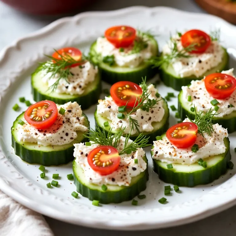 - 2 large cucumbers - 1 cup cream cheese, softened - 1 tablespoon fresh dill, chopped - 1 teaspoon lemon juice - 1 teaspoon garlic powder - 1 teaspoon onion powder - 2 teaspoons Everything Bagel seasoning - Cherry tomatoes, halved (for garnish) - Fresh chives, chopped (for garnish) When picking cucumbers, look for firm ones. They should be smooth and dark green. Avoid cucumbers with soft spots or blemishes. The fresh taste makes a big difference in your bites. I prefer English cucumbers for their crunch. They are also less bitter than regular ones. Use full-fat cream cheese for a rich flavor. It spreads easily and tastes great. If you want a lighter option, try reduced-fat cream cheese. You can also use flavored cream cheese for a fun twist. Herb or garlic cream cheese adds extra taste. {{ingredient_image_1}} Start with clean cucumbers. Rinse them under cool water to remove any dirt. Then, cut each cucumber into 1-inch thick rounds. This size is perfect for holding the cream cheese mix. To slice evenly, use a sharp knife and a steady hand. If you want uniform pieces, you can use a mandoline. This makes the cucumber bites look nice and professional. In a bowl, mix the softened cream cheese with fresh dill, lemon juice, garlic powder, and onion powder. Use a fork or a hand mixer to blend until smooth. A smooth mix is key for easy spreading. If you like, you can adjust the flavors. Add more lemon for zing or a pinch of salt for taste. Just remember, start small and taste as you go. Now comes the fun part! Lay the cucumber rounds on a platter. You can either spoon or pipe the cream cheese mix onto each slice. If you want a neat look, piping is the way to go. Use a zip-top bag with the corner snipped off to pipe. After that, sprinkle Everything Bagel seasoning on top for a tasty crunch. To make it pop, garnish with cherry tomatoes and chopped chives. This adds color and flavor to your plate. - Additional Seasonings to Consider: You can add a pinch of smoked paprika for a nice twist. A dash of cayenne pepper can add a kick. If you love herbs, try adding fresh basil or parsley. These will brighten the taste. - Substitutions for Dairy-Free Options: For a dairy-free version, use a plant-based cream cheese. Look for options made from cashews or almonds. These will mimic the creamy texture well and still taste great. - Pairing with Other Snacks: These cucumber bites pair well with crackers or veggie sticks. Serve them with hummus for a crunchy and satisfying snack. You can also add olives for a salty contrast. - Drink Pairings: Enjoy these bites with a light drink. Sparkling water with lemon is refreshing. For something stronger, a crisp white wine complements the flavors nicely. - Best Time to Serve After Preparation: Serve these bites right after you make them for the best taste. This keeps the cucumber crunchy and fresh. - Chilling vs. Serving Immediately: You can chill them for up to 30 minutes if you want to prep ahead. This adds a nice coolness but can soften the cucumber slightly. Pro Tips Choose Firm Cucumbers: Look for cucumbers that are firm and have smooth skin for the best texture and flavor. Make Ahead: Prepare the cream cheese mixture a day in advance and store it in the refrigerator for easy assembly. Customize Your Seasoning: Feel free to add your favorite spices or herbs to the cream cheese mixture for a personal touch. Presentation Matters: Arrange the cucumber bites on a colorful platter and garnish generously for an eye-catching appetizer. {{image_2}} You can change the cream cheese flavor to add more fun. Try herb and garlic cream cheese. This mix gives a strong taste and goes well with cucumbers. Just blend cream cheese with minced herbs and garlic. Another great option is spinach and artichoke cream cheese. This combo adds a rich and creamy feel. Mix in chopped spinach and artichoke hearts for a twist. Experiment with toppings for new flavors. Roasted red peppers add a sweet and smoky taste. Just chop them up and place them on top. Avocado slices also work well. They give a creamy texture and enhance the dish. Just slice ripe avocado and layer it on the cucumber. You can change the recipe with the seasons. Add fresh herbs based on what’s available. In spring, use basil or mint. In summer, try cilantro or parsley. For themed variations, think of holidays. In fall, add pumpkin spice topping. In winter, a sprinkle of nutmeg can make it festive. These changes keep your bites fresh and exciting. - Best Containers for Storage: Use an airtight container. Glass or plastic containers work well. - Recommended Refrigeration Practices: Keep the container in the fridge. Store them for best freshness. - Should You Reheat? No, these bites taste best cold. Reheating can make them soggy. - Maintaining Texture and Flavor: Serve directly from the fridge for a crisp bite. - How Long Can You Keep in the Fridge? You can store these bites for up to two days. - Signs of Spoilage to Watch For: Look for a change in color or texture. If they smell off, discard them. Yes, you can prepare them in advance. Just follow these steps: - Make the cream cheese mix a day before. - Cut the cucumbers and store them in water. - Keep the cream cheese mix in the fridge. This way, your bites stay fresh and tasty. Storage Recommendations: - Place cucumber rounds in an airtight container. - Store in the fridge for up to 24 hours. - Add the cream cheese mix just before serving. Absolutely! You can try different flavors. - Consider using taco seasoning for a fun twist. - Ranch seasoning adds a creamy, zesty kick. - Italian herbs can give a fresh taste. Flavor Compatibility: Most seasonings work well with cucumbers. Mix and match to find your favorite combo. Don't be afraid to experiment with your own blends! Yes, cucumber bites are very healthy. - Cucumbers are low in calories and rich in water. - They provide vitamins like K and C. Cream Cheese Alternatives for a Healthy Twist: - Use Greek yogurt for a lighter option. - Try hummus for a plant-based spread. - Avocado can add creaminess and healthy fats. These swaps keep the bites tasty and nutritious. These Everything Bagel Cucumber Bites combine fresh cucumbers and creamy goodness. You learned how to pick the best ingredients, prepare them, and assemble a beautiful dish. I shared tips for flavor and storage. Experiment with variations to keep things fun. These bites are great for any occasion—enjoy them fresh or as a make-ahead snack. For health-conscious options, consider using alternative toppings and cream cheese. With these tips, you'll impress your guests and savor every bite. Happy cooking!