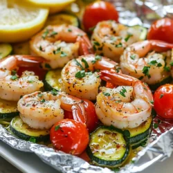 - 1 lb (450g) large shrimp, peeled and deveined - 3 tablespoons olive oil - 4 cloves garlic, minced - 1 lemon, zested and juiced - 1 teaspoon paprika - 1 teaspoon dried thyme - 1 cup cherry tomatoes, halved - 1 cup zucchini, sliced - Fresh parsley, chopped (for garnish) When I cook Lemon Garlic Shrimp Foil Packs, I love using large shrimp. They soak up the flavors well. Olive oil adds richness and helps the garlic stick. Fresh garlic gives the dish a strong, tasty kick. Lemon zest and juice brighten the meal. Paprika adds a hint of smokiness, while dried thyme gives it depth. The cherry tomatoes burst with sweetness, and zucchini adds crunch. Don’t forget the parsley! It adds a fresh touch to your dish. - Salt and pepper to taste Marinating the shrimp is key. It allows the flavors to soak in and makes every bite delicious. I mix salt and pepper into the marinade. You can adjust these to your liking. A little salt brings out the flavors of the shrimp and veggies. A pinch of black pepper adds warmth. It’s a simple way to elevate your meal. Remember, the longer the shrimp sits in the marinade, the more flavorful they become. {{ingredient_image_1}} Start by making a tasty marinade. In a large bowl, mix these ingredients: - 3 tablespoons olive oil - 4 cloves garlic, minced - Zest of 1 lemon - Juice of 1 lemon - 1 teaspoon paprika - 1 teaspoon dried thyme - Salt and pepper to taste Stir all the ingredients until they blend well. This mix really boosts flavor. For the best taste, add the shrimp and vegetables to the marinade. Toss them until they are all coated. This helps the shrimp and veggies soak up all that yummy flavor. Next, prepare the foil packs. Cut four sheets of aluminum foil, about 12 inches long. This size works great for holding all the goodness. Now, divide the shrimp and vegetable mix evenly onto each piece of foil. Make sure to keep any leftover marinade in the bowl. This is important for extra flavor later. Once you have your shrimp and veggies laid out, fold up the sides of the foil. Crimp the top to seal each pack tightly. This step is key to keep the steam inside while cooking. You can cook these packs in two ways: grilling or baking in the oven. If you grill, preheat to medium-high heat. For the oven, set it to 400°F (200°C). For cooking time, aim for 10-12 minutes. The shrimp should turn pink and be cooked through. The veggies will be tender, too. Keep an eye on the packs, as the steam can be hot when you open them. After cooking, drizzle any leftover marinade over the shrimp and veggies for added flavor. Enjoy! To boost the flavor of your Lemon Garlic Shrimp Foil Packs, consider adding fresh herbs like basil or cilantro. Fresh herbs brighten your dish and add depth. You can also sprinkle a little red pepper flakes for heat. This small tweak can change the whole meal! For extra acidity, try adding a splash of white wine or a bit of vinegar. Acid helps balance the richness of the shrimp and olive oil. It makes every bite pop with flavor! Sealing your foil packs is key to keeping the steam inside. Fold the sides tightly and crimp the top well. This method traps steam and ensures even cooking. No steam escapes, and your shrimp will be juicy and tender. If you want a fun twist, try cooking over a campfire! Just place the foil packs on hot coals. It adds a smoky flavor that pairs beautifully with the shrimp. Just remember to check them often, as cooking times may vary. Pro Tips Marinate for Flavor: For an extra burst of flavor, let the shrimp and vegetables marinate for 30 minutes before assembling the foil packs. Vegetable Variations: Feel free to swap out the zucchini and cherry tomatoes for your favorite vegetables like bell peppers, asparagus, or corn. Check for Doneness: Always check the shrimp for doneness; they should be opaque and pink. Overcooking can make them rubbery. Serving Suggestions: Pair your foil packs with a side of rice or crusty bread to soak up the delicious juices! {{image_2}} You can easily change the protein in this dish. If you don’t have shrimp, try chicken or fish. Chicken breast works well and cooks nicely. Fish like salmon or cod also adds great taste. Just adjust cooking time based on your choice. For veggies, use what you have. Asparagus and bell peppers are tasty swaps. They bring fresh flavors to the pack. Seasonal vegetables like corn or green beans are also great options. These swaps keep the recipe fun and flexible. Want some heat? Add chili flakes or a spicy sauce. This kick makes the dish exciting and bold. You can adjust the spice level to suit your taste. For a Mediterranean twist, add olives or feta cheese. Olives give a salty bite, while feta adds creaminess. Both options enhance the overall flavor. Experimenting with these twists can create a new favorite dish! To store leftovers safely, let the foil packs cool to room temperature. Then, transfer them to an airtight container. You can also wrap them tightly in plastic wrap. This keeps the shrimp fresh and tasty. Store in the fridge for up to 2 days. After that, the shrimp may lose flavor and texture. For the best flavor when reheating, keep the shrimp moist. You can use the microwave or the oven. - Microwave: Place the shrimp in a microwave-safe dish. Cover it with a damp paper towel. Heat for 1-2 minutes, checking every 30 seconds. - Oven: Preheat the oven to 350°F (175°C). Place the foil pack on a baking sheet. Heat for about 10 minutes. This method keeps the shrimp juicy. Always check that the shrimp is warm all the way through before serving. Enjoy your meal again! How long do you cook shrimp on the grill in foil? You cook shrimp in foil for about 10-12 minutes. This time is perfect for getting shrimp pink and tender. Make sure you check the shrimp around the 10-minute mark. If they are not fully pink yet, give them a few more minutes. It’s quick and easy! Can I make Lemon Garlic Shrimp Foil Packs ahead of time? Yes, you can prepare the shrimp foil packs ahead of time. Just mix everything in the marinade and assemble the packs. Store them in the fridge until you’re ready to cook. They can sit for up to 24 hours, which helps the flavors blend well. What should I serve with Lemon Garlic Shrimp Foil Packs? These shrimp foil packs pair well with several sides. I like to serve them with rice or couscous. A fresh salad also works great. You could add lemon wedges to brighten the meal and enhance the flavors. Bread is another tasty option to soak up the juices. Can I freeze leftover shrimp foil packs? Yes, you can freeze leftover shrimp foil packs. Just make sure they are cooled first. Wrap them tightly in plastic wrap and then in foil. They last well in the freezer for about three months. When you’re ready to eat, thaw them overnight in the fridge before reheating. In this blog post, we covered how to make delicious shrimp foil packs. We explored the key ingredients, marinade tips, and cooking techniques. I shared seasoning methods to boost flavor and offered variations for different tastes. We also talked about storing and reheating leftovers. Now, you can enjoy a tasty and easy meal anytime. With these tips, your shrimp foil packs will impress friends and family. Try it out and make this dish your own!