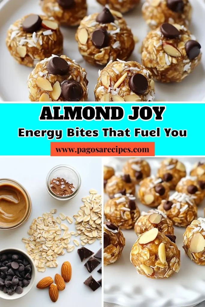 Looking for a delicious and nutritious treat? Try this Almond Joy energy bites recipe for a quick no-bake energy bite that's perfect for healthy snacks with chocolate! These coconut almond energy balls are packed with wholesome ingredients like oats, almond butter, and dark chocolate chips. Whip up a batch in just 10 minutes and enjoy a guilt-free indulgence! Save this recipe for later! #AlmondJoy #HealthySnacks #EnergyBites #NoBakeRecipes