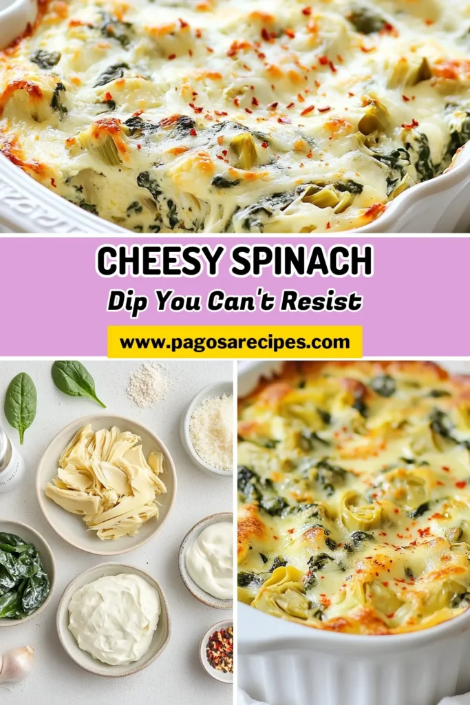 Indulge in this delicious Cheesy Spinach Artichoke Dip, the perfect appetizer for your next gathering! This easy Spinach Artichoke Recipe features a creamy blend of artichokes, spinach, and a medley of cheeses, making it a crowd-pleaser. Bake up this creamy spinach dip for a warm and cheesy delight. Serve with chips or bread and watch it disappear! Try this baked spinach artichoke dip today! #CheesySpinachArtichokeDip #SpinachArtichokeRecipe #CreamySpinachDip #EasyCheeseDip