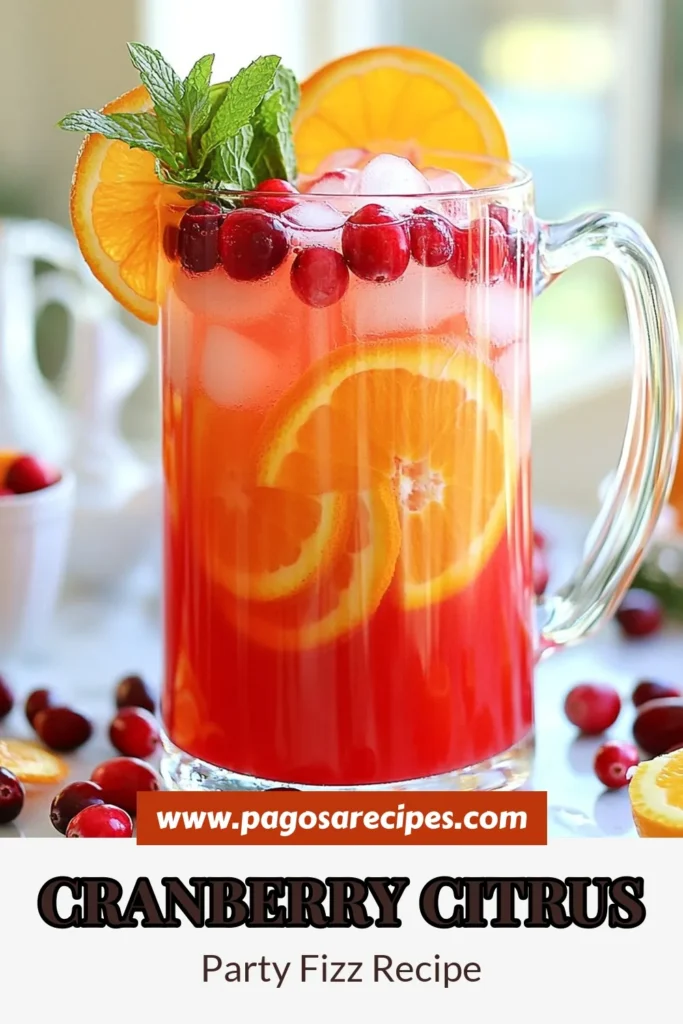 Looking for an easy party beverage? Try this refreshing fruit punch recipe for a delightful Cranberry Citrus Drink that’s perfect for any holiday gathering! This sparkling cranberry mocktail combines cranberry juice and orange juice for a zesty twist. With fresh garnishes and a fizzy finish, it’s a must-try for holiday drink recipes. Save this recipe for a festive touch at your next event! #CranberryCitrusDrink #SparklingMocktail #PartyBeverages #HolidayDrinks