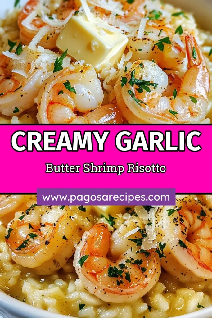 Indulge in a delicious Garlic Butter Shrimp Risotto, a creamy shrimp risotto that's perfect for any occasion. This easy garlic shrimp dish features Arborio rice for that ideal texture and is topped with Parmesan for extra flavor. Discover this flavorful Arborio rice shrimp recipe and impress your family and friends at dinner. Save this simple yet gourmet recipe today and bring a taste of elegance to your table! #GarlicButterShrimp #ShrimpRisotto #EasyRecipes #ComfortFood