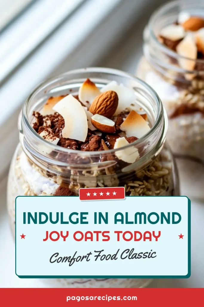 Start your day with Almond Joy Overnight Oats, a delicious and healthy chocolate oats recipe that’s perfect for busy mornings. This vegan overnight oats recipe combines rolled oats, almond milk, chia seeds, cocoa powder, and topped with coconut and almonds for a nutty delight. Enjoy a no-cook oatmeal recipe that's easy to prepare in just 10 minutes! Save this easy breakfast idea for a nutritious start. #OvernightOats #HealthyRecipes #VeganBreakfast #NoCookOatmeal