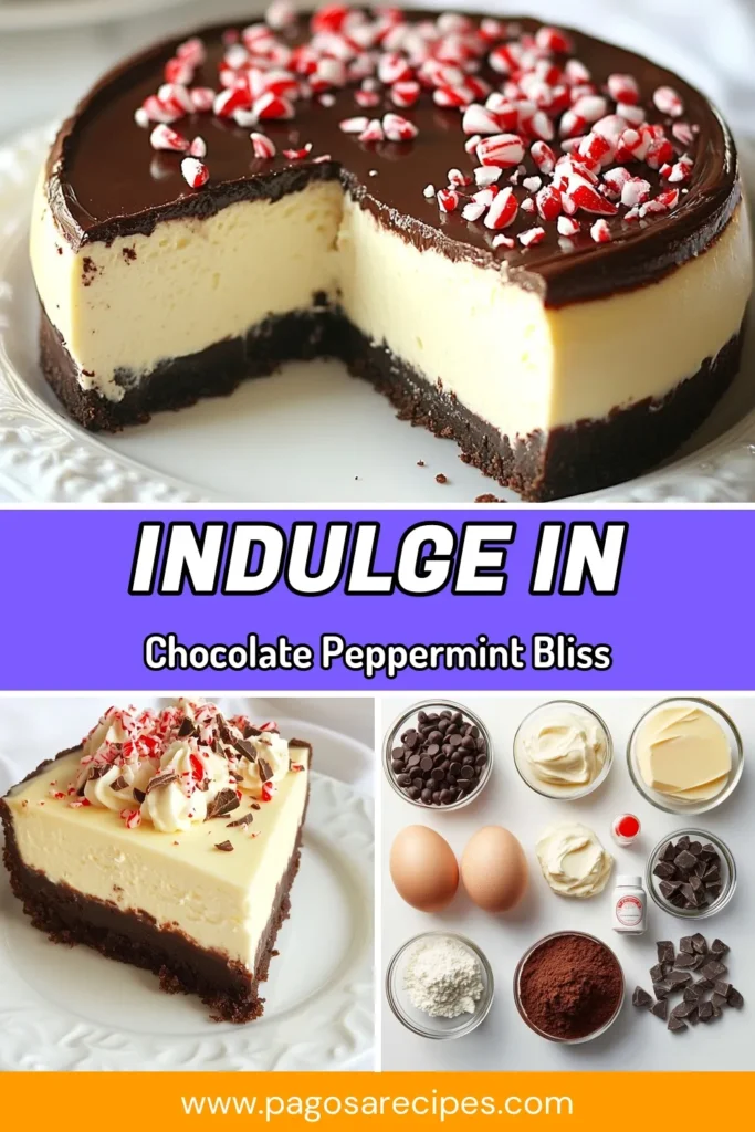 Indulge in the festive delight of our Chocolate Peppermint Cheesecake, a perfect addition to your holiday dessert recipes. This easy no-bake cheesecake recipe combines rich cream cheese and cocoa with a refreshing peppermint twist, making it a must-try for any chocolate lover. Impress your guests with this creamy, chocolate dessert topped with crushed peppermint candies. Save this recipe and celebrate the season deliciously! #ChocolatePeppermintCheesecake #HolidayDesserts #EasyCheesecake #CreamCheeseDessert