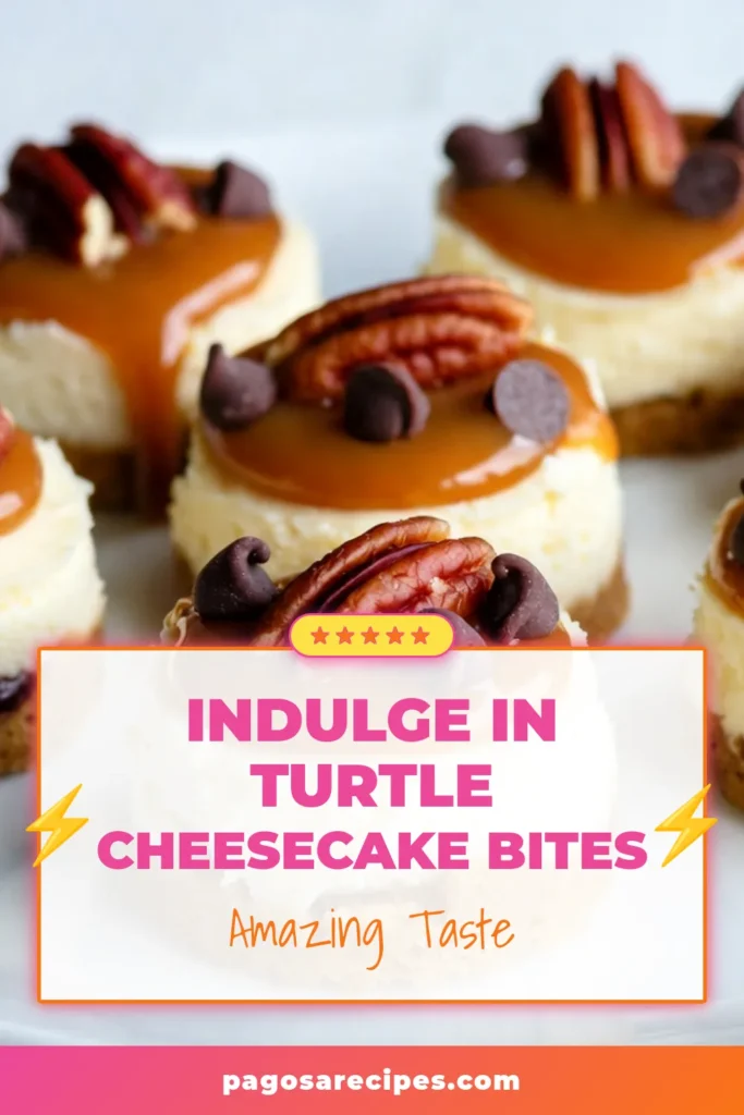 Indulge in these irresistible Turtle Cheesecake Bites, a delightful no-bake cheesecake bites recipe that combines creamy cheesecake with chocolate, caramel, and pecans. Perfect for any occasion, these easy cheesecake bites are mini dessert sensations that everyone will love. Make your gatherings sweeter with this turtle dessert recipe that's simple to prepare. Save this recipe for a treat that’s sure to impress! #TurtleCheesecakeBites #NoBakeCheesecakeBites #TurtleDessertRecipe #EasyCheesecakeBites