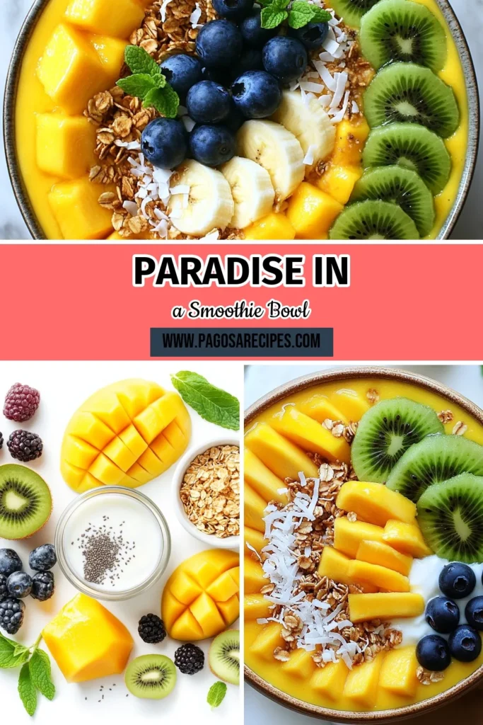 Dive into paradise with this tropical mango smoothie bowl! This healthy smoothie bowl recipe features ripe mangoes, coconut milk, and banana blended to creamy perfection. Top it with kiwi, granola, and fresh berries for a delightful finish. It's an easy smoothie bowl recipe that’s not only delicious but also vegan-friendly. Perfect for breakfast or a snack! Try it today and savor the tropical vibes! #SmoothieBowl #VeganRecipes #HealthyEating #TropicalFlavors