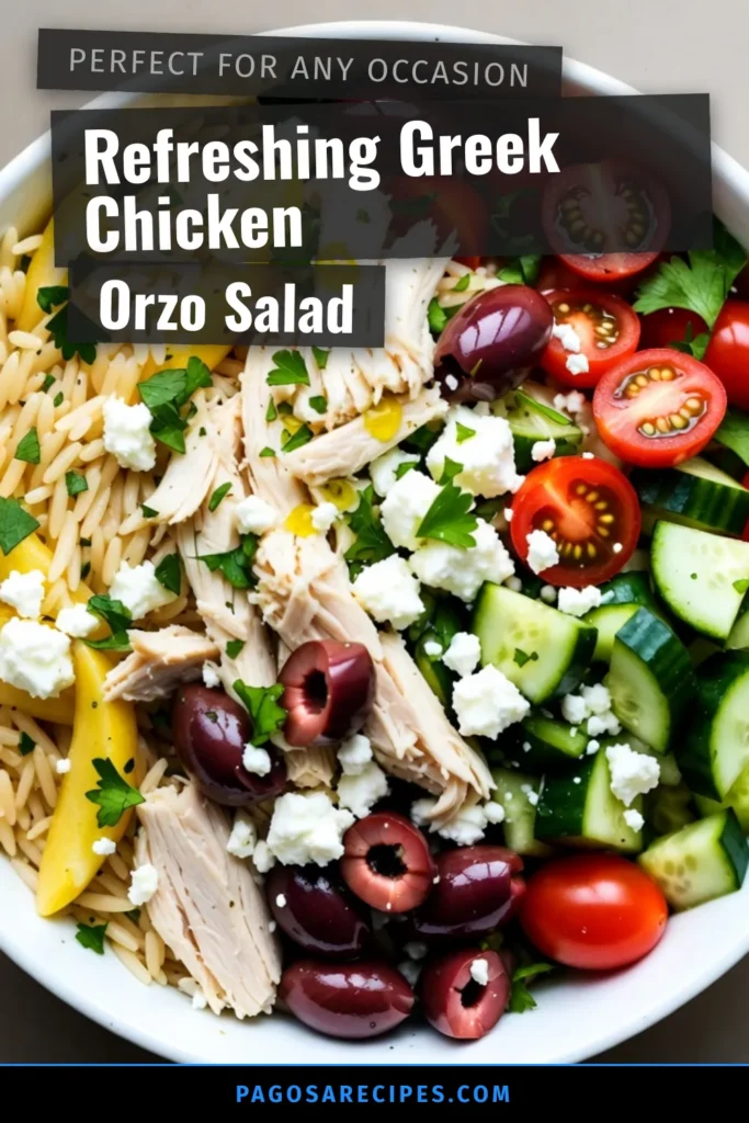 Discover the ultimate healthy Greek salad recipe with this mouthwatering Greek Chicken Orzo Salad! Packed with juicy chicken, fresh veggies, and savory feta, this Mediterranean chicken salad is perfect for summer dining. Quick and easy to prepare, this orzo pasta salad is both delightful and nutritious. Save this easy summer salad recipe for your next meal and enjoy vibrant flavors any day. Perfect for picnics! #GreekChickenOrzoSalad #HealthySalad #MediterraneanSalad #OrzoPastaSalad
