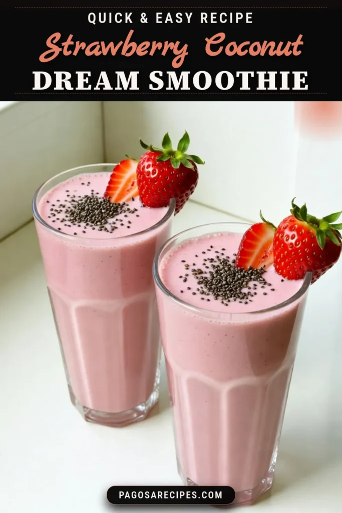 Indulge in the refreshing blend of this Strawberry Coconut Smoothie that’s perfect for a healthy start! Packed with fresh strawberries, creamy coconut milk, and protein-rich Greek yogurt, this healthy strawberry smoothie is delicious and nutritious. Add chia seeds for extra texture and health benefits with this coconut milk smoothie recipe. Enjoy a guilt-free treat that takes just 10 minutes to prepare. Save for your next smoothie craving! #SmoothieRecipe #HealthyEating #CoconutMilk #StrawberrySmoothie