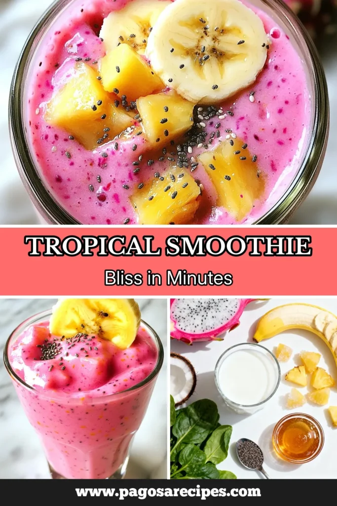 Indulge in this refreshing tropical dragon fruit smoothie that's packed with flavor! This healthy smoothie recipe is not only vegan but also a delight for your taste buds. With vibrant tropical smoothie ingredients like dragon fruit, banana, and coconut milk, it’s the perfect energy boost. Try this easy dragon fruit recipe for a delicious breakfast or snack. Save and share this recipe for a taste of the tropics! #SmoothieRecipe #VeganSmoothie #DragonFruit #HealthyEating