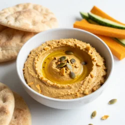 - 1 cup canned pumpkin puree - 1 can (15 oz) chickpeas, drained and rinsed - 2 tablespoons tahini - 2 tablespoons olive oil - 1 tablespoon lemon juice The main ingredients for spiced pumpkin hummus create a smooth and creamy base. Canned pumpkin puree adds a rich flavor. Chickpeas provide protein and a nice texture. Tahini brings a nutty taste that complements the pumpkin. Olive oil adds a silky finish. Lemon juice helps to brighten up the flavors. - 2 teaspoons ground cumin - 1 teaspoon ground cinnamon - 1/2 teaspoon smoked paprika - 1/4 teaspoon cayenne pepper (adjust to taste) - Salt and pepper to taste The spices and seasonings make this hummus truly special. Ground cumin brings warmth and earthiness. Ground cinnamon adds a hint of sweetness. Smoked paprika gives a subtle smokiness. Cayenne pepper adds a nice kick, but you can adjust this to your taste. Salt and pepper enhance all these flavors. - Pumpkin seeds - Olive oil Garnishes add the finishing touch. Pumpkin seeds give a delightful crunch. A drizzle of olive oil on top makes the dish look beautiful. They enhance the overall flavor and make it more inviting. {{ingredient_image_1}} To make spiced pumpkin hummus, start by gathering your ingredients. You need pumpkin puree, chickpeas, tahini, and olive oil. Toss them all into a food processor. Next, add the lemon juice, ground cumin, ground cinnamon, smoked paprika, cayenne pepper, salt, and pepper. Pulse the mixture until it is smooth. Scrape the sides as needed. Once blended, check the texture. If it feels thick, slowly add water, one tablespoon at a time. Blend again until you reach your desired consistency. The hummus should be creamy but not runny. Taste the hummus and adjust spices as needed. Now that your hummus is ready, let’s think about what to serve it with. I recommend pita bread, veggie sticks, or crackers. These options add crunch and make a perfect pair. You can also use it as a spread on sandwiches or wraps. For the final touch, scoop the hummus into a serving bowl. Drizzle some olive oil on top for added flavor and shine. Then, sprinkle pumpkin seeds over the hummus to give it a nice crunch and pop of color. This simple step elevates your dish and makes it more inviting. Enjoy your spiced pumpkin hummus with your favorite dippers! To make your spiced pumpkin hummus smooth, add water slowly. Start with two tablespoons. Blend and check the texture. If it’s too thick, add more water, one tablespoon at a time. This helps get the right creaminess you want. Remember to scrape the sides of the food processor often. This ensures all ingredients mix well. No lumps should remain. You can easily adjust the spices in your hummus. If you like it spicier, add more cayenne pepper. For a sweeter taste, try adding more cinnamon. Feel free to experiment with spices like nutmeg or coriander. These can give your hummus a unique twist. If you don’t have tahini, peanut butter or sunflower seed butter works too. These swaps can change the flavor while keeping it creamy. When serving your spiced pumpkin hummus, think outside the bowl. Use a colorful plate for a pop of color. Drizzle some olive oil on top for a shiny finish. Sprinkle pumpkin seeds for crunch. You can also add fresh herbs like parsley for a garnish. Serve it with pita, veggie sticks, or crackers. This makes a great snack or appetizer for gatherings. Pro Tips Adjusting Spices: Feel free to modify the spices according to your taste preference. Adding more cayenne will increase the heat, while extra cinnamon can enhance sweetness. Texture Control: If you prefer a creamier hummus, add more tahini or a bit more olive oil. For a chunkier version, pulse the mixture less. Serving Suggestions: This pumpkin hummus pairs beautifully with pita chips, fresh vegetable sticks, or even as a spread on sandwiches. Storage Tips: Store any leftover hummus in an airtight container in the refrigerator for up to a week. It can also be frozen for longer storage. {{image_2}} You can make spiced pumpkin hummus even more exciting. Try adding spices like nutmeg and coriander. These spices bring warmth and depth. A little nutmeg makes the flavor cozy. Coriander adds a nice, fresh note. Another idea is to add roasted garlic or fresh herbs. Roasted garlic gives a sweet and rich taste. Fresh herbs like parsley or thyme can brighten the dish. You can mix and match to find your perfect flavor. This hummus is great for many diets. It’s vegan and gluten-free. You can enjoy it without worrying about these common issues. If you want to lower the sodium, skip the salt. You can also use low-sodium chickpeas. This keeps the dish healthy and tasty. There are many fun ways to serve spiced pumpkin hummus. You can use it as a dip or spread. It pairs well with pita bread, veggies, or crackers. You can also add it to salads or sandwiches. This adds flavor and creaminess to your meal. Just spread it on your favorite bread for a tasty twist. To keep your spiced pumpkin hummus fresh, store it in the fridge. Place it in an airtight container. This helps to lock in flavor and moisture. You can use glass jars or plastic containers. Just make sure they seal tightly. You can freeze spiced pumpkin hummus if you have extra. Scoop it into a freezer-safe container. Leave some space at the top since it may expand. Cover the container well with a lid or plastic wrap. When ready to enjoy, thaw it in the fridge overnight. To reheat, just stir it well and add a bit of water if needed. In the fridge, your spiced pumpkin hummus lasts about 4 to 7 days. Always check for signs of spoilage. If you see mold or smell something off, it’s time to toss it. Fresh hummus should smell sweet and earthy, not sour. Yes, you can make spiced pumpkin hummus ahead of time. It keeps well in the fridge. To prep in advance, follow these steps: - Make the hummus as per the recipe. - Store it in an airtight container. - Keep it in the fridge for up to five days. - Add a little olive oil on top to keep it fresh. Making it early saves time for parties or busy days. You can also let the flavors meld overnight for a tastier dip. Homemade hummus lasts up to five days in the fridge. To keep it fresh: - Store it in a clean, airtight container. - Always use a clean spoon to serve. - If it gets dry, stir in a little water or olive oil. Check for any off smells or mold. If it looks or smells bad, it’s best to toss it. If you don’t have tahini, there are good substitutes: - Sunflower seed butter: This adds a nutty taste. - Peanut butter: This gives a richer flavor. - Yogurt: It makes the hummus creamy and tangy. - Cashew butter: This offers a smooth and mild taste. Each substitute changes the flavor a bit, so choose what you like best! In this post, we explored how to make tasty spiced pumpkin hummus. We covered key ingredients like pumpkin puree, chickpeas, and tahini. You learned step-by-step instructions to create a smooth and flavorful dip. I shared tips for getting the right texture and adjusting flavors. Lastly, I provided storage info and answers to common questions. Making your hummus unique is fun and easy. Use these ideas to explore new flavors and serve delicious dishes. Enjoy the process and share it with others!