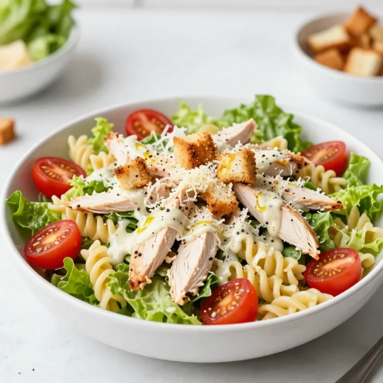 When making Chicken Caesar Pasta Salad, you need fresh and tasty ingredients. Here’s what you will need: - 8 ounces rotini pasta, cooked - 2 cups cooked chicken breast, shredded - 1 cup romaine lettuce, chopped - ½ cup cherry tomatoes, halved - ½ cup Parmesan cheese, grated - ¼ cup Caesar dressing (store-bought or homemade) - 2 tablespoons olive oil - 1 teaspoon garlic powder - Salt and pepper to taste - Croutons for garnish Each ingredient plays a role in the flavor and texture of the salad. The rotini pasta holds the dressing well and adds a nice bite. Shredded chicken gives protein and heartiness. Chopped romaine adds crunch and freshness. Halved cherry tomatoes bring sweetness and color. Grated Parmesan adds a rich, salty kick. The Caesar dressing ties everything together with creamy goodness. Olive oil adds a smooth finish, while garlic powder boosts flavor. Lastly, croutons add a delightful crunch on top. Using fresh ingredients makes your salad shine. Always choose high-quality chicken and fresh veggies. This ensures great taste and nutrition. Enjoy your cooking! {{ingredient_image_1}} Start by boiling water in a large pot. Add a pinch of salt to the water. Once it boils, add 8 ounces of rotini pasta. Cook it until it's tender, usually about 8-10 minutes. Stir the pasta occasionally to keep it from sticking. When done, drain the pasta in a colander. Rinse it under cold water to cool it down. This step stops the cooking process and keeps the pasta firm. In a large bowl, combine the cooled rotini with 2 cups of shredded chicken breast. Next, add 1 cup of chopped romaine lettuce and ½ cup of halved cherry tomatoes. For extra flavor, sprinkle in ½ cup of grated Parmesan cheese. Mixing these ingredients creates a fresh and tasty base for your salad. Drizzle ¼ cup of Caesar dressing over the salad mix. Add 2 tablespoons of olive oil for richness and flavor. Sprinkle in 1 teaspoon of garlic powder, along with salt and pepper to taste. Gently toss everything together. Make sure all the ingredients are well coated. Let the pasta salad sit for 10-15 minutes to allow the flavors to meld. For a crunchy finish, top with croutons just before serving. Serve it in a colorful bowl and enjoy! To keep your pasta from sticking, rinse it with cold water right after cooking. This cools the pasta and removes excess starch. Toss it with a bit of olive oil for extra separation. Adjusting the seasoning is also key. Taste your salad before serving. If it needs more flavor, add a touch of salt or extra dressing. For garnishment, top the salad with croutons for a delightful crunch. You can also sprinkle more Parmesan cheese on top for added flavor. Pair this salad with garlic bread or a light soup. Both make great side dishes and enhance your meal. When you prep this salad ahead of time, let it chill in the fridge. This helps the flavors blend well. Store it in an airtight container for freshness. It will stay good for up to three days. If you want to keep the croutons crunchy, add them just before serving. Pro Tips Cook Pasta Al Dente: For the best texture, cook the rotini pasta al dente. This will ensure that it holds its shape and doesn't become mushy when mixed with the dressing. Use Fresh Ingredients: Opt for fresh romaine and ripe cherry tomatoes for a crisp and vibrant salad. Fresh ingredients enhance the overall flavor and presentation. Chill Before Serving: Let the pasta salad sit for at least 15 minutes before serving. This allows the flavors to meld together, resulting in a more delicious dish. Customize Your Dressing: Feel free to adjust the amount of Caesar dressing according to your taste preference. You can also add a squeeze of lemon juice for extra brightness. {{image_2}} You can switch the chicken in your Chicken Caesar Pasta Salad. Try using canned tuna or cooked shrimp. Both add great flavor and protein. For a vegan or vegetarian twist, use chickpeas or grilled tofu. These options still make the salad filling and tasty. If you want to make your own Caesar dressing, it’s easy! Blend together: - 1/2 cup mayonnaise - 2 tablespoons lemon juice - 1 teaspoon Dijon mustard - 1 tablespoon Worcestershire sauce - 1 clove garlic, minced - Salt and pepper to taste This homemade dressing can give your salad a fresh and zesty taste. Other dressings work well too. Consider ranch, balsamic vinaigrette, or a creamy Italian dressing for a different flavor. If you need gluten-free options, use gluten-free rotini or quinoa pasta. These pastas hold up well in salads. You can also try different pasta shapes like penne or farfalle. They add fun shapes and textures to your salad, keeping it interesting. To keep your Chicken Caesar Pasta Salad fresh, store it in the refrigerator. Use an airtight container to avoid spills and keep it cool. You should eat it within three days for the best taste. Reheating pasta salad can be tricky. It is best to serve it cold or at room temperature. If you must reheat, do it gently. Use a microwave on low power. Stir it often to heat evenly. Can you freeze Chicken Caesar Pasta Salad? It’s not ideal to freeze this salad. The texture of the lettuce and tomatoes can get soggy. If you want to freeze it, leave out the lettuce and croutons. For defrosting, move it to the fridge overnight. Then, mix in fresh lettuce and croutons before serving. This will keep it crisp and tasty. To make homemade Caesar dressing, you need a few simple ingredients. Here’s what you will need: - 1/2 cup mayonnaise - 1 tablespoon Dijon mustard - 2 tablespoons lemon juice - 1 teaspoon Worcestershire sauce - 2 cloves garlic, minced - 1/4 cup grated Parmesan cheese - Salt and pepper to taste Start by mixing the mayonnaise, mustard, lemon juice, and Worcestershire sauce in a bowl. Then, add the minced garlic and Parmesan cheese. Finally, season with salt and pepper. Whisk until smooth. This dressing is rich and creamy, perfect for your salad! Yes, you can add more vegetables! Here are some great options: - Bell peppers, diced - Cucumber, sliced - Avocado, cubed - Red onion, thinly sliced - Carrots, shredded Adding these vegetables can boost flavor and nutrition. Feel free to mix and match based on your taste! Yes, this recipe is great for meal prep! Here are some tips to help: - Make the pasta salad and store it in an airtight container. - Keep the dressing separate until you are ready to serve. - Add croutons just before eating to keep them crunchy. This way, you can enjoy fresh pasta salad all week! This blog post covered key ingredients and step-by-step instructions for Chicken Caesar Pasta Salad. We explored cooking techniques, salad preparation, and tips for serving and storing. Remember, you can switch ingredients and dressings to suit your taste. This recipe is not only tasty but also great for meal prep. I hope you feel ready to make your own version and enjoy every bite!