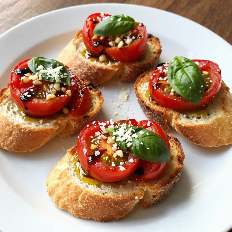 To make roasted tomato basil bruschetta, gather these simple ingredients: - 4 cups cherry tomatoes, halved - 1 tablespoon olive oil - 1 teaspoon balsamic vinegar - 2 cloves garlic, minced - Salt and pepper to taste - 1/2 cup fresh basil leaves, chopped - 1 medium baguette, sliced - 1/4 cup freshly grated Parmesan cheese (optional) Using fresh ingredients makes a big difference in flavor. Fresh cherry tomatoes burst with taste when roasted. They give a sweet and rich profile. Canned tomatoes can work in a pinch, but they lack that fresh bite. For this recipe, I recommend sticking to fresh tomatoes for the best results. You can swap ingredients based on your taste or what you have. If you don’t have cherry tomatoes, try grape tomatoes. For a different twist, use a sourdough baguette instead of a regular one. If you want a vegan option, skip the Parmesan cheese or use a plant-based alternative. These changes let you personalize your bruschetta while keeping it delicious. {{ingredient_image_1}} First, gather all your ingredients. You need 4 cups of halved cherry tomatoes, 1 tablespoon of olive oil, 1 teaspoon of balsamic vinegar, 2 minced garlic cloves, salt, and pepper. You will also need 1/2 cup of chopped fresh basil, a medium baguette, and optional Parmesan cheese. Now, preheat your oven to 400°F (200°C). This step is key for roasting the tomatoes perfectly. In a large bowl, toss the halved tomatoes with olive oil, balsamic vinegar, minced garlic, salt, and pepper. Mix well until all the tomatoes are coated in flavor. Next, spread the seasoned tomatoes on a baking sheet. Make sure they are in a single layer. This helps them roast evenly. Roast the tomatoes in the oven for 20-25 minutes. You want them soft and slightly caramelized. Their natural sweetness will shine through. While the tomatoes roast, prepare the baguette. Slice it into pieces about half an inch thick. Place the slices on another baking sheet. Lightly brush them with olive oil. This will help them get crispy. Toast the baguette in the oven for 5-7 minutes. Keep an eye on them. You want them golden and crisp, not burnt. After roasting, take the tomatoes out of the oven and let them cool a bit. Once cooled, stir in the chopped basil. This adds freshness to the mix. Now, for the fun part! Take each toasted baguette slice and top it with a generous spoonful of the roasted tomato and basil mix. Be generous; you want every bite to burst with flavor. If you like, sprinkle some freshly grated Parmesan cheese on top. It adds a rich touch to the bruschetta. Enjoy your delicious Roasted Tomato Basil Bruschetta while the bread is warm! When picking tomatoes, look for firm ones. They should smell sweet, not sour. Red, ripe cherry tomatoes work best for this dish. Avoid any tomatoes with bruises or dark spots. When you have the right tomatoes, your bruschetta will shine. To toast baguette slices, cut them evenly. Brush each slice with olive oil. Place them on a baking sheet. Bake at 400°F for 5-7 minutes. Watch carefully so they don’t burn. You want them golden and crisp, not hard. This adds a great crunch to your bruschetta. To make your bruschetta pop, think about adding more herbs. You can mix in a bit of oregano or thyme. A sprinkle of red pepper flakes gives heat and flavor. For a touch of sweetness, drizzle some honey on top. Each small change can take your bruschetta to the next level. Pro Tips Use Quality Tomatoes: For the best flavor, choose ripe and fresh cherry tomatoes. They will provide a natural sweetness that enhances the dish. Toast the Bread Properly: Ensure the baguette slices are evenly brushed with olive oil and watch them closely while toasting to prevent burning. Experiment with Herbs: While basil is traditional, feel free to mix in other herbs like oregano or thyme for a unique flavor profile. Serve Immediately: Bruschetta is best enjoyed fresh. Serve it right after assembling to maintain the crispness of the bread and the brightness of the toppings. {{image_2}} You can easily make this dish vegan. Just skip the Parmesan cheese. Use a sprinkle of nutritional yeast for a cheesy flavor. This adds a nice touch without dairy. You can also add more vegetables like bell peppers or olives. These fresh flavors keep it light and fun. Want to mix things up? Try adding different toppings! Roasted red peppers bring a sweet taste. You can also use feta cheese for a salty kick. If you enjoy heat, add some red pepper flakes. These small changes create unique bites every time. Bruschetta is great for any season. In summer, try fresh peaches or avocados. These add a sweet or creamy taste. In fall, use roasted squash or apples for warmth. Each season brings new flavors. Get creative and enjoy what’s fresh! To keep your roasted tomato basil bruschetta fresh, store any leftovers in an airtight container. This helps lock in moisture and flavor. Place the bruschetta in the fridge if you plan to eat it within two days. Avoid stacking the bruschetta, as this can make the bread soggy. Instead, store the toppings separate from the bread to maintain crispness. When you want to enjoy your leftovers, preheat your oven to 350°F (175°C). Place the bruschetta on a baking sheet. Heat them for about 10 minutes or until warm. This method keeps the bread crisp. Avoid using the microwave, as it can make the bread chewy. Your roasted tomato basil bruschetta will stay fresh for about two days in the fridge. If the toppings are separate, they may last a bit longer. Always check for any signs of spoilage before eating. Enjoy your snack while it’s still tasty and fresh! Yes, you can prepare some parts of bruschetta ahead of time. You can roast the tomatoes a few hours in advance. Just store them in the fridge after cooking. You can also slice the baguette and store it for later. However, it's best to toast the bread right before serving. This keeps it crispy and tasty. A medium baguette is my favorite choice for bruschetta. It has a nice crust and soft inside. You can also use ciabatta or sourdough if you like. Just make sure the bread is fresh. Fresh bread will give you the best flavor and texture. To keep the bread from getting soggy, toast it well. Brush it lightly with olive oil before toasting. Make sure to serve the tomato topping right after you assemble each piece. If you wait too long, the toppings can soak into the bread. Enjoy it fresh and warm! In this blog post, I covered the key elements of making bruschetta. We explored the best ingredients, cooking steps, and tips for success. I shared ways to make it vegan and how to store leftovers. Remember, fresh tomatoes and toasted bread make a big difference in taste. Feel free to experiment with toppings, as each will add a unique flavor. With these tips, you can make delicious bruschetta that everyone will love. Now, get cooking and enjoy every bite!