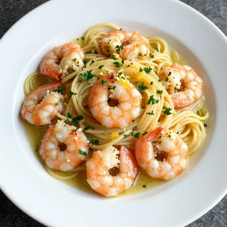 - 8 oz spaghetti or linguine - 1 lb large shrimp, peeled and deveined - 4 cloves garlic, minced - 3 tablespoons olive oil - 1 tablespoon unsalted butter - Zest and juice of 1 large lemon - 1/4 teaspoon red pepper flakes (optional) - Salt and pepper to taste - 1/4 cup fresh parsley, chopped - Grated Parmesan cheese for serving For this Lemon Garlic Shrimp Pasta, you need to gather a few key items. First, the pasta. Spaghetti or linguine works well. Youβll also need a pound of large shrimp. Make sure they are peeled and deveined. This saves you time while cooking. Next, garlic is essential. Four cloves, minced, will give a lovely flavor. For the cooking essentials, grab olive oil and unsalted butter. They add richness and help cook the shrimp. Now, for flavor enhancers. The zest and juice of one large lemon bring brightness. If you like a kick, add red pepper flakes. Donβt forget salt and pepper for basic seasoning. Fresh parsley adds a nice touch at the end. Lastly, have some grated Parmesan cheese ready for serving. This will make the dish even more delicious! {{ingredient_image_1}} - First, bring a large pot of salted water to a boil. - Add 8 oz of spaghetti or linguine. Cook until al dente, about 8-10 minutes. - Reserve 1/2 cup of the pasta cooking water, then drain the pasta and set aside. - In a large skillet, heat 3 tablespoons of olive oil and 1 tablespoon of unsalted butter over medium heat. - Add 4 cloves of minced garlic and optional 1/4 teaspoon of red pepper flakes if you like some heat. - SautΓ© for about 1 minute, just until the garlic smells good. Watch closely so it doesnβt burn. - Next, season 1 lb of large, peeled, and deveined shrimp with salt and pepper. - Add the shrimp to the skillet. Cook for 2-3 minutes on each side. - The shrimp should turn pink and opaque when done. Stir the shrimp into the garlic mixture. - Now, add the cooked pasta to the skillet with the shrimp. - Pour in the juice and zest of 1 large lemon. - Incorporate the reserved pasta water to help mix it all together. Toss until everything is well coated. - Mix in 1/4 cup of chopped fresh parsley for a burst of color and flavor. - Taste and adjust the seasoning with more salt or pepper if needed. - Serve hot, topped with grated Parmesan cheese for extra richness. How to know when shrimp are perfectly cooked Shrimp cook fast. They turn pink and opaque when done. Watch for this change. If shrimp curl into a tight "C" shape, they are overcooked. Avoid chewy shrimp by cooking for just 2-3 minutes on each side. Importance of reserving pasta cooking water Always save some pasta water before draining. This water holds starch that helps thicken sauces. When you mix it with the shrimp and lemon juice, it creates a silky texture. Use about 1/2 cup for the best results. Suggestions for additional spices and herbs You can play with flavors! Add fresh basil or thyme for an herby kick. A pinch of smoked paprika offers a nice smoky taste. Experiment with crushed red pepper for extra heat. How to balance flavors with acid from lemon Lemon adds brightness. To balance its tartness, use a bit of salt and butter. This makes the dish rich and smooth. Always taste before serving to adjust flavors as needed. Best side dishes to pair with Lemon Garlic Shrimp Pasta Serve with a crisp green salad for crunch. Garlic bread is a classic choice that complements the meal. Roasted vegetables can add color and nutrition to your plate. Ideal wine pairings for this dish A chilled white wine works well. Try a Sauvignon Blanc or Pinot Grigio. These wines enhance the lemon and garlic flavors. They also refresh your palate with each bite. Pro Tips Perfect Pasta: Always cook pasta until al dente for the best texture, as it will continue to cook slightly when tossed with the sauce. Fresh Shrimp: Use the freshest shrimp you can find for the best flavor. If possible, buy shrimp that is still in the shell and devein them yourself. Balance Flavors: Taste the dish before serving and adjust the seasoning. A pinch of salt can enhance the flavors beautifully. Herb Variations: Feel free to experiment with different herbs like basil or cilantro for a unique twist on the dish. {{image_2}} You can easily switch up the pasta you use. Here are some ideas: - Whole wheat spaghetti: This option adds fiber and a nutty flavor. - Gluten-free pasta: Look for options made from rice or chickpeas. - Zoodles: For a low-carb choice, try spiralized zucchini instead. - Penne or fusilli: These shapes hold sauce well and add fun textures. You can adapt this dish to fit your diet. Hereβs how: - Dairy-free: Use olive oil instead of butter and skip the cheese. - Vegetarian: Swap shrimp for veggies like bell peppers or mushrooms. - Vegan: Use the same vegetable options and a vegan butter substitute. Experimenting can add new tastes to your pasta: - Citrus twist: Try lime or orange juice for a different zing. - Creamy texture: Add a splash of cream or coconut milk for richness. - Herb upgrades: Fresh basil or cilantro can brighten the dish. - Nutty crunch: Toasted pine nuts or walnuts add a nice crunch. To keep your Lemon Garlic Shrimp Pasta fresh, store it in an airtight container. This will help prevent it from drying out. Place it in the fridge within two hours of cooking. It will stay good for up to three days. If you want to enjoy it later, follow the freezing tips below. You can reheat this pasta on the stovetop or in the microwave. For the stovetop, add a splash of water or olive oil to keep it moist. Heat it on low and stir often. In the microwave, cover the dish with a lid or microwave-safe wrap. Heat in short bursts, stirring in between. This helps keep the shrimp tender and the pasta from becoming mushy. Yes, you can freeze Lemon Garlic Shrimp Pasta! However, the shrimp may lose some texture. To freeze, let the pasta cool completely. Place it in a freezer-safe container or bag. Squeeze out air to avoid freezer burn. When you are ready to eat it, thaw it in the fridge overnight. Reheat it using the stovetop method for the best results. Making Lemon Garlic Shrimp Pasta takes about 25 minutes. - Prep time is 10 minutes. - Cooking time is 15 minutes. You can have a tasty meal ready in no time! Yes, you can use frozen shrimp. Just remember to thaw them first. Run them under cold water for about 10 minutes. Fresh shrimp gives a better taste, but frozen works too. To spice up this dish, add more red pepper flakes. You can also add sliced jalapeΓ±os for extra heat. Try a dash of hot sauce for a kick. Adjust to your spice level and enjoy! This pasta pairs well with a simple salad. A mixed greens salad with lemon dressing is great. Garlic bread also complements the flavors nicely. You could even serve some roasted veggies on the side. Yes, this recipe is perfect for meal prep! You can cook it in advance and store it. Keep it in an airtight container in the fridge. It stays good for up to three days. Reheat it on the stove for best results. In this article, we explored making Lemon Garlic Shrimp Pasta. You learned the key ingredients, step-by-step instructions, and tips for great taste. Don't forget to try different pasta options or dietary adjustments if needed. Whether you're cooking for yourself or a group, this dish is sure to impress. Enjoy the fresh flavors and consider making extra for leftovers. This meal is perfect for any occasion, and itβs easy to adapt. Dive in and enjoy your cooking adventure!