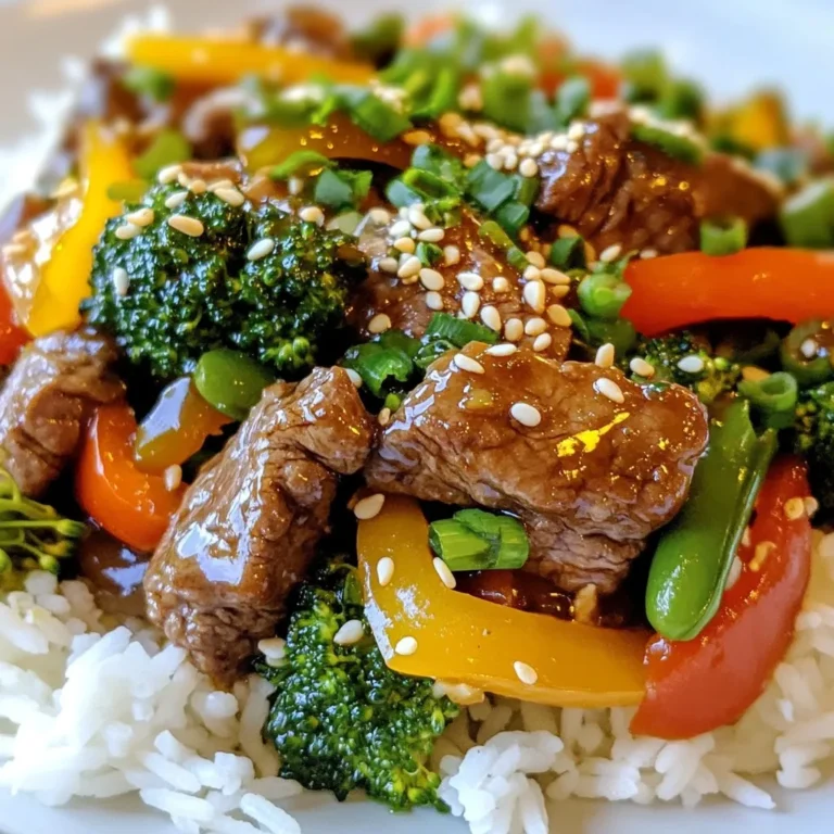 To make a great Honey Garlic Beef Stir Fry, you need these key ingredients: - 1 lb (450g) beef sirloin, thinly sliced - 2 tablespoons honey - 4 cloves garlic, minced - 2 tablespoons soy sauce (low sodium preferred) - 1 tablespoon sesame oil - 1 bell pepper (red or yellow), sliced - 1 cup broccoli florets - 1 cup snap peas - 1 small onion, sliced - 2 tablespoons vegetable oil - 1 teaspoon fresh ginger, grated - Sesame seeds, for garnish - Chopped green onions, for garnish - Cooked rice or noodles, for serving These ingredients combine to create a balanced dish with sweet, savory, and fresh flavors. The beef adds protein, while the veggies bring crunch and color. Feel free to make this dish your own! You can add or swap ingredients based on your taste. Here are some ideas: - Carrots, sliced thinly - Mushrooms, sliced - Zucchini, cut into half-moons - Baby corn or water chestnuts for extra crunch - Red pepper flakes for heat These options let you customize the stir fry for your family’s preferences or what you have on hand. When shopping for your ingredients, freshness matters. Here’s how to pick the best: - Beef: Look for bright red color with minimal fat. It should feel firm but not hard. - Vegetables: Choose vibrant colors and firm textures. Avoid any wilting or browning. - Garlic and Ginger: Select firm garlic bulbs and fresh ginger with smooth skin. - Honey: Go for raw or local honey for a richer taste. Using fresh ingredients makes a big difference in flavor. It enhances the taste and keeps your dish vibrant. Enjoy the process of selecting the best items for your stir fry! {{ingredient_image_1}} To start, gather your ingredients for the honey garlic sauce. You will need honey, minced garlic, soy sauce, sesame oil, and fresh ginger. In a small bowl, mix these items well. You want a smooth and tasty blend. Set this mix aside. It will add great flavor to your dish. Next, heat one tablespoon of vegetable oil in a large skillet or wok. Use medium-high heat for the best results. When the oil is hot, add the thinly sliced beef. Spread it out in a single layer. This helps it cook evenly. Let the beef cook for about 2-3 minutes on each side. You want it browned but not overcooked. If your skillet is small, cook in batches. Once done, remove the beef from the skillet and set it aside. Now it’s time for the vegetables! In the same skillet, add another tablespoon of vegetable oil. Then, toss in the sliced onion and bell pepper. Sauté them for 2-3 minutes until they get soft. Afterward, add the broccoli and snap peas. Stir-fry these for another 3-4 minutes. You want the vegetables to look bright and slightly tender. Finally, bring back the cooked beef to the skillet. Pour the honey garlic sauce over everything. Stir well to coat all the ingredients. Cook for an extra 2-3 minutes until everything is heated through. The sauce should thicken a bit. Now, it’s ready to serve! Enjoy this dish hot over rice or noodles. To make a great stir fry, you need high heat. Use a large skillet or wok. Heat it until it is very hot. This keeps the beef juicy and the veggies crisp. Cut the beef thinly; this helps it cook fast. Cook the beef in batches. Overcrowding makes it steam, not sear. After browning, take out the beef before adding veggies. This keeps all flavors fresh. The honey garlic sauce can be changed easily. If you want it sweeter, add more honey. For a spicy kick, mix in red pepper flakes. If you love garlic, add an extra clove or two. You can also use low-sodium soy sauce for less salt. Always taste the sauce before adding it to the stir fry. Adjust as needed to fit your taste. Serve your stir fry on a deep platter for a nice look. Sprinkle sesame seeds on top for crunch. Add chopped green onions for color. You can pair it with cooked rice or noodles. For extra flavor, serve with lime wedges. This adds a zesty finish. Enjoy your meal hot and fresh for the best taste. Pro Tips Slice Against the Grain: For tender beef, always slice against the grain. This helps to break down the muscle fibers, making each bite easier to chew. Prep Your Ingredients First: Stir-frying is a quick process, so have all your ingredients prepared and ready to go before you start cooking. This ensures everything cooks evenly and prevents burning. Don’t Overcrowd the Pan: Cook the beef in batches if necessary. Overcrowding the pan can cause the beef to steam rather than sear, resulting in less flavorful meat. Add Vegetables Gradually: Different vegetables have varying cooking times. Start with those that take longer to cook, like onions and bell peppers, and add quicker-cooking ones like snap peas towards the end. {{image_2}} You can switch the beef for other meats. Chicken or pork also work well. Thinly slice them like the beef. Cook them the same way. You can also use shrimp for a seafood twist. Just be careful not to overcook the shrimp. It only needs a few minutes to turn pink. If you want a meatless meal, try tofu or tempeh. Both options soak up the honey garlic sauce nicely. Press the tofu first to remove excess water. Cut it into cubes and sauté until golden. For a vegan option, ensure the sauce has no animal products. You can replace honey with maple syrup or agave. The veggies in this stir fry are flexible. You can add carrots, zucchini, or bell peppers in any color. Snap peas and broccoli are favorites, but feel free to get creative. Use what you have on hand. Just remember to cut the veggies into even pieces. This helps them cook at the same rate. Aim for bright colors for a tasty and eye-catching dish. To keep your Honey Garlic Beef Stir Fry fresh, first let it cool. Place it in an airtight container. Store it in the fridge for up to three days. This keeps the beef moist and the veggies crisp. When it's time to eat your leftovers, heat them in a skillet over medium heat. Add a splash of water or broth to keep it juicy. Stir often until it's hot. You can also use a microwave, but be careful not to overheat it. Heat in short bursts and stir in between. If you want to save it for later, freezing is a good option. Use freezer-safe bags or containers. Make sure to remove as much air as possible. Label the bags with the date. You can freeze it for up to three months. When ready to eat, thaw it in the fridge overnight before reheating. The best cuts for stir fry are tender and quick-cooking. I recommend using beef sirloin, flank steak, or ribeye. These cuts stay juicy and absorb flavors well. Slice the beef thinly against the grain. This helps make it tender and easier to chew. For this recipe, I used beef sirloin, which worked great! Yes, you can! If you want a different sweetener, consider using maple syrup or agave nectar. Both options add sweetness without changing the dish too much. You can also try brown sugar, but adjust the amount to taste. Honey gives a unique flavor, but these alternatives work just as well. Honey garlic beef stir fry goes well with many sides. Cooked rice or noodles are great choices. They soak up the tasty sauce. You can also serve it with a fresh salad or steamed vegetables. For a fun twist, try serving it with spring rolls or dumplings. These sides add variety and balance your meal. This article covered how to make a delicious Honey Garlic Beef Stir Fry. We explored main and optional ingredients, ensuring you choose the freshest options. I shared step-by-step cooking tips for the sauce, beef, and veggies, along with techniques to perfect your stir fry. We also discussed variations, storage, and answers to common questions. Try this recipe to impress family and friends. With a few tweaks, you can make it your own! Enjoy your cooking journey!